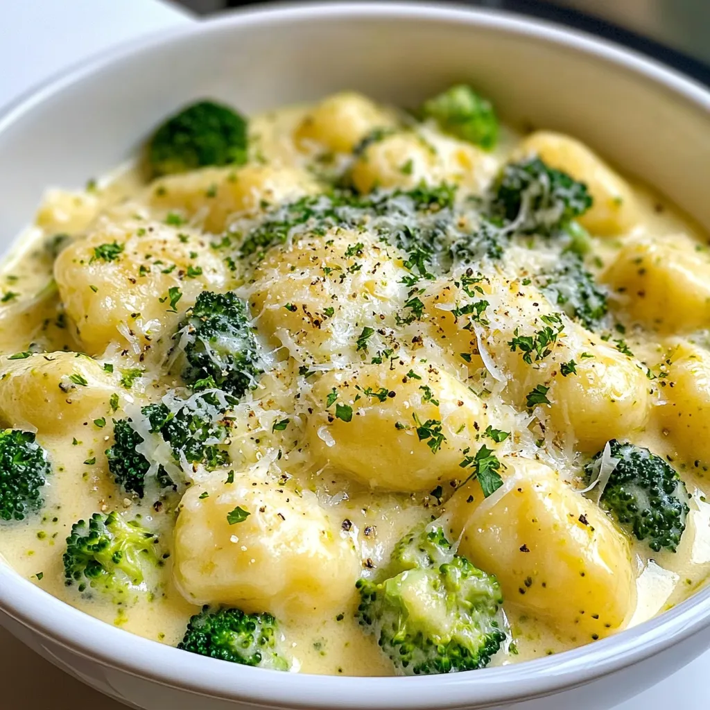 - Gnocchi (1 pound, store-bought or homemade) - Broccoli florets (2 cups) - Sharp cheddar cheese (1 cup, shredded) - Heavy cream (1 cup) - Olive oil (1 tablespoon) - Minced garlic (2 cloves) - Onion powder (1/2 teaspoon) - Seasoning (Salt and pepper to taste) - Grated Parmesan cheese (1/4 cup, for topping) - Fresh parsley (for garnish) To create this creamy broccoli cheddar gnocchi, gather all the ingredients first. The gnocchi can be store-bought or homemade, depending on your time and skill. Broccoli adds great texture and color. Sharp cheddar cheese gives a strong, rich taste. Heavy cream makes the sauce smooth and creamy. Next, you need some olive oil for sautéing. Garlic gives a nice flavor boost, while onion powder adds depth. Don't forget to season with salt and pepper to your liking. Lastly, grated Parmesan cheese on top adds a lovely finish. Fresh parsley garnishes the dish and brings a pop of color. When you have everything, you can start cooking. The right ingredients make all the difference in this simple yet delicious weeknight meal. {{ingredient_image_1}} Start by boiling a large pot of salted water. Bring it to a rolling boil. This usually takes a few minutes. Once boiling, add the gnocchi. Cook them until they float, which takes about 2-3 minutes. This means they are ready! Use a slotted spoon to gently scoop them out. Place the cooked gnocchi aside. In the same pot, add one tablespoon of olive oil. Then, add two cloves of minced garlic. Sauté them over medium heat for about one minute. You want the garlic to smell amazing. Next, add two cups of broccoli florets to the pot. Cook them for 3-4 minutes until they turn bright green and get a little tender. Now, lower the heat. Pour in one cup of heavy cream and stir it all together. Bring the mixture to a gentle simmer. After that, add one cup of shredded sharp cheddar cheese and half a teaspoon of onion powder. Mix until the cheese melts and the sauce is creamy. Don’t forget to season it with salt and pepper to taste! Add the cooked gnocchi into the creamy sauce. Gently toss the gnocchi until they are coated well. Cook everything together for an additional 2-3 minutes. This helps to warm it through. Now, it’s ready to serve! Enjoy your creamy broccoli cheddar gnocchi right away. You can use store-bought or homemade gnocchi. Store-bought gnocchi is quick and easy. Homemade gnocchi has a soft, pillowy texture. It may take longer to make but offers a fresh taste. If you choose to make it, use a simple dough of flour and potato. Roll it into small pieces for the best results. To make the sauce creamy, adjust the cream and cheese amounts. If you like it richer, add more heavy cream. For a cheesier taste, increase the cheddar cheese. You can also add garlic powder or a dash of nutmeg for extra flavor. Mixing in a bit of mustard can give it a nice tang too. Garnishing adds a nice touch to the dish. Use grated Parmesan cheese on top for a salty flavor. Fresh parsley not only looks good but also brings a fresh taste. You can also try adding chives or basil for a unique twist. These small touches make your creamy broccoli cheddar gnocchi feel special. Pro Tips Cook Gnocchi in Batches: If you're making a large batch, consider cooking the gnocchi in smaller portions to prevent them from sticking together. Use Fresh Broccoli: Fresh broccoli not only enhances the flavor but also retains more nutrients compared to frozen varieties. Sharp Cheddar for Flavor: Opt for sharp cheddar cheese for a richer flavor profile that complements the creaminess of the dish. Garnish for Presentation: A sprinkle of chopped parsley not only adds color but also freshness that balances the creaminess of the sauce. {{image_2}} You can make this dish heartier by adding protein. Chicken or shrimp works great. - For chicken, use cooked, diced pieces. Stir them into the sauce at the end. - For shrimp, cook them separately and toss them in as you mix the gnocchi. If you prefer vegetarian options, consider adding beans or lentils. They add protein and flavor without meat. You can also use tofu. Just sauté it until it’s golden. While sharp cheddar is a classic choice, you can try other cheeses. Each cheese brings a unique taste. - Gruyère gives a nutty flavor. - Fontina adds creaminess. - Goat cheese brings a tangy twist. Mixing different cheeses can also create exciting flavor profiles. Experiment to find your favorite combo! Feel free to change up the veggies in this dish. Broccoli is great, but you can use others too. - Spinach wilts well and adds nutrients. - Asparagus adds a nice crunch. - Peas bring sweetness. Seasonal swaps are fun too! In the fall, add butternut squash. In spring, try zucchini. Use what’s fresh and in season for the best taste. To store leftovers, put them in an airtight container. This keeps the gnocchi fresh and tasty. Make sure to cool it down first. You can keep it in the fridge for about 3 days. After that, the taste and texture may change. If you want to freeze your creamy broccoli cheddar gnocchi, use a freezer-safe container. Divide it into smaller portions for easy use. Wrap the container tightly with plastic wrap or foil. It can last for up to 2 months in the freezer. When you're ready to eat, thaw it overnight in the fridge. Reheat it in a pot over low heat. Add a splash of cream to help it warm up nicely. You can make this dish ahead of time. Just cook the gnocchi and sauce, then store them separately. This way, they stay fresh longer. Use glass or BPA-free plastic containers for storage. When you're ready to eat, combine them and heat. This makes for a quick and easy meal on busy nights! Gnocchi is a type of Italian pasta made from potatoes, flour, and eggs. It has a soft, pillowy texture. This dish started in Italy, where it dates back hundreds of years. Many people enjoy gnocchi because it pairs well with various sauces. You can buy gnocchi at the store or make it at home. Yes, you can make this dish gluten-free! Look for gluten-free gnocchi made from ingredients like rice flour or potato flour. These options work well in this creamy broccoli cheddar dish. Be sure to check labels for hidden gluten. You can still enjoy this meal without gluten and keep it delicious. To keep the sauce creamy, avoid cooking it on high heat. Stir the sauce gently as you cook it. Adding the cheese slowly helps it melt evenly. Make sure to use heavy cream, as it helps create a smooth texture. If your sauce starts to separate, try adding a bit more cream or cheese to bring it back together. This blog post covered how to make a creamy gnocchi dish with broccoli. You learned about ingredients, cooking steps, and tips on texture. We discussed ways to add protein and explore different cheese options. Storing leftovers and meal prep ideas were also important. Making this dish is fun and tasty. You can adjust it to your taste and needs. Enjoy cooking and sharing this meal with others!