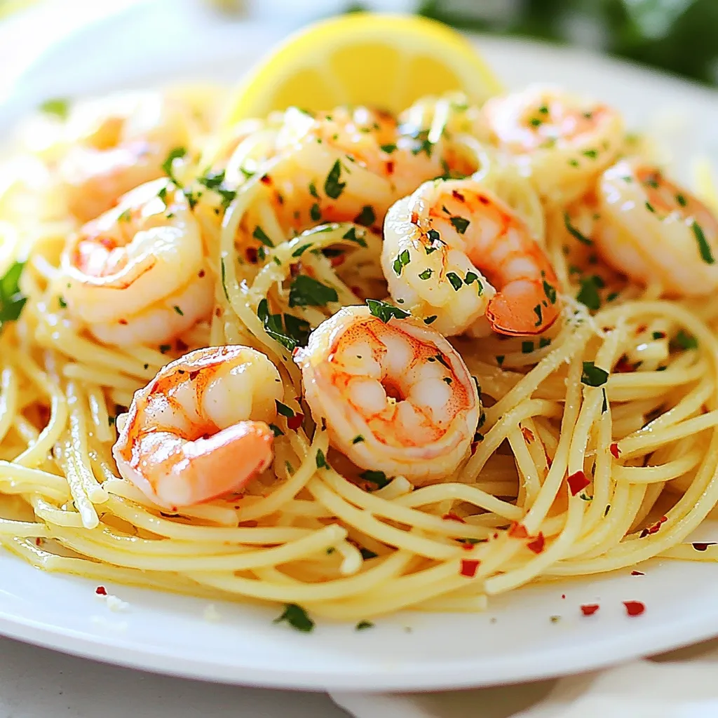 To make Lemon Garlic Shrimp Pasta, you'll need: - 8 ounces spaghetti or linguine - 1 pound large shrimp, peeled and deveined - 4 cloves garlic, minced - 1 lemon, zested and juiced - 1/4 cup unsalted butter - 1/4 cup olive oil - 1/4 teaspoon red pepper flakes - Salt and pepper to taste - 1/4 cup fresh parsley, chopped - Optional: Grated Parmesan cheese for serving Every ingredient is important. For the pasta, you can use spaghetti or linguine, depending on your taste. If you want a lighter option, use zucchini noodles instead. For the shrimp, large shrimp is best for this dish, but medium shrimp also work. If you don’t have fresh garlic, use 1/8 teaspoon of garlic powder for each clove. You can replace unsalted butter with ghee or olive oil for a dairy-free choice. If you want less heat, skip the red pepper flakes. Fresh ingredients shine in this dish. Fresh shrimp gives better flavor and texture. Always buy shrimp that smells clean and fresh. For garlic, fresh cloves are best. They add a strong, rich taste. Lemon zest adds brightness. Use fresh lemons for zest and juice. Pre-packaged lemon juice lacks the same zing. If fresh herbs are not available, you can use dried parsley. However, fresh parsley adds a pop of color and flavor. When possible, choose fresh over pre-packaged for the best results. {{ingredient_image_1}} First, fill a large pot with water. Add salt to make it taste like the sea. Bring the water to a boil. Once boiling, add 8 ounces of spaghetti or linguine. Cook the pasta according to the package instructions until it is al dente. This usually takes about 8 to 10 minutes. When it’s done, reserve 1 cup of the pasta water. Then, drain the rest. Now, grab a large skillet and place it over medium heat. Add 1/4 cup of unsalted butter and 1/4 cup of olive oil. Let them melt together. Once hot, add 4 minced garlic cloves and 1/4 teaspoon of red pepper flakes. Sauté for about 1 minute. You want to smell that garlic! Next, add 1 pound of large shrimp, peeled and deveined. Season with salt and pepper. Cook the shrimp for about 2 to 3 minutes on each side. They should turn pink and curl up. After cooking the shrimp, add the juice and zest of 1 lemon to the pan. Stir to combine. This will bring a bright flavor to the dish. Don’t forget to scrape up any bits stuck to the skillet; they add great taste! Next, toss in the cooked pasta and half of the reserved pasta water. Stir everything together. If the pasta looks dry, add more pasta water to create a light sauce. Finally, take the skillet off the heat and stir in 1/4 cup of chopped fresh parsley. This adds color and freshness. Adjust the seasoning to taste. Enjoy your dish hot, and sprinkle grated Parmesan cheese on top if you like. To get shrimp just right, start with fresh shrimp. Look for large shrimp that are pink and firm. When cooking, heat your skillet over medium heat. Add butter and olive oil, then garlic. This makes a tasty base. Add shrimp next. Cook them for 2-3 minutes on each side. The shrimp should turn pink and curl slightly. This shows they are done. If you overcook shrimp, they can become tough. Remember, shrimp cook fast! Seasoning is key to great flavor. Use salt and pepper to taste. Red pepper flakes add a nice kick. You can adjust the amount based on your spice level. If you want a bolder lemon taste, add more lemon juice. The lemon zest gives a fresh aroma. Also, consider adding fresh herbs like parsley. They brighten the dish and add color. Taste as you go, and make adjustments! This dish works well for meal prep. You can cook the shrimp and pasta in advance. Store them separately to keep the pasta from getting soggy. When you’re ready to eat, just reheat them. You can add a splash of olive oil or pasta water to keep it moist. This way, you get a fresh taste even after storing. Enjoy a healthy meal in no time! Pro Tips Fresh Shrimp is Best: Always use the freshest shrimp you can find for the best flavor and texture. If possible, buy them from a reputable seafood market on the day of cooking. Don't Overcook the Shrimp: Shrimp cooks very quickly; once they turn pink and opaque, they're done. Overcooking can make them rubbery, so keep an eye on them! Reserve Pasta Water: Always save some pasta water before draining. This starchy water can be used to adjust the consistency of your sauce and help it cling to the pasta better. Enhance the Flavor: For an extra layer of flavor, consider adding a splash of white wine after sautéing the garlic and before adding the shrimp. It will elevate the dish significantly! {{image_2}} You can add vegetables to this dish for more color and nutrition. Broccoli, bell peppers, or spinach work well. To make this, cook your chosen veggies in the skillet after the garlic. Then, add the shrimp and follow the rest of the steps. This keeps the dish light and fresh while adding great texture. If you love creamy pasta, this option is for you. After cooking the shrimp, add 1 cup of heavy cream to the skillet. Let it simmer for a few minutes. This will create a rich sauce that blends perfectly with the lemon and garlic. Toss in the pasta like before. You can still add parsley and cheese for extra flavor. For spice lovers, this version brings the heat. Use more red pepper flakes or add sliced fresh chili peppers. You can adjust the spice level to your taste. Just add them when cooking the garlic. This fiery twist adds excitement to the dish and wakes up your taste buds. After enjoying your Lemon Garlic Shrimp Pasta, store leftovers in an airtight container. Make sure to let the pasta cool before sealing it. You can keep it in the fridge for up to three days. This way, the flavors stay fresh. To reheat, place the pasta in a skillet over medium heat. Add a splash of water or olive oil to keep it moist. Stir gently for about five minutes until it’s warm. You can also use the microwave. Heat in short bursts, stirring in between. If you want to freeze the dish, it’s best to do so without the shrimp. Cooked shrimp can become rubbery when frozen. Store the pasta in a freezer-safe container for up to two months. When you’re ready to eat, thaw it overnight in the fridge. Cook fresh shrimp and mix them in for a delightful meal. Yes, you can use frozen shrimp. Just thaw the shrimp before cooking. Place them in cold water for about 15 minutes. This helps them cook evenly. Make sure to pat them dry before sautéing. This keeps the dish tasty and prevents excess water in the pan. Spaghetti or linguine works best for this dish. Both types hold the sauce well. They also pair nicely with the shrimp and garlic. You can try other shapes too, like fettuccine or penne. Just remember to adjust cooking times as needed. To make this dish gluten-free, use gluten-free pasta. There are many good options available. Look for brands made from rice, quinoa, or chickpeas. These pasta types cook well and taste great. Follow the package instructions for the best results. This article covered how to make a great Lemon Garlic Shrimp Pasta. We explored the key ingredients and the right measures for each. You learned how to prepare and cook the shrimp perfectly. I also shared tips for adjusting flavors and meal prep options. You have various tasty variations to try, from adding veggies to a creamy sauce. Plus, proper storage and reheating make enjoying leftovers easy. Use frozen shrimp or gluten-free pasta if you need. Now, you're ready to enjoy this dish anytime!
