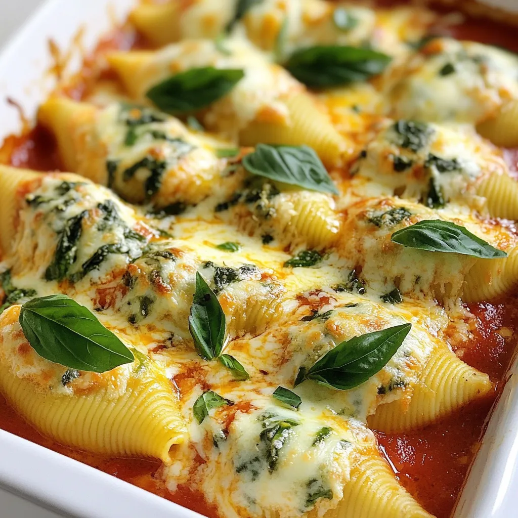 - 20 jumbo pasta shells - 2 cups fresh spinach, chopped - 1 cup ricotta cheese - 1 cup shredded mozzarella cheese (plus extra for topping) - 1/2 cup grated Parmesan cheese - 1 egg, beaten - 2 cups marinara sauce - 1 teaspoon garlic powder - 1 teaspoon Italian seasoning - Salt and pepper to taste - Fresh basil leaves for garnish Use fresh spinach for a bright taste. Frozen spinach works, but squeeze out extra water. Ricotta cheese gives a creamy texture. If you need a substitute, try cottage cheese. For mozzarella, you can use low-fat or vegan cheese. Parmesan adds a nice salty touch. If you want a dairy-free option, skip the cheese or use vegan varieties. When using marinara, choose a brand you love. You can also make your own for fresh flavor. Garlic powder is a great time-saver. If you prefer fresh garlic, use one minced clove instead. Italian seasoning brings warmth and herbs. You can mix your own with dried basil, oregano, and thyme. - Jumbo Pasta Shells: Great source of carbohydrates for energy. - Fresh Spinach: Packed with vitamins A, C, and K. - Ricotta Cheese: Contains protein and calcium for strong bones. - Mozzarella Cheese: Adds protein and fat for a creamy texture. - Parmesan Cheese: Offers flavor and calcium. - Egg: A good source of protein and healthy fats. - Marinara Sauce: Provides vitamins from tomatoes; check for added sugars. - Garlic Powder: Contains antioxidants and may boost immunity. - Italian Seasoning: Adds flavor with minimal calories. - Salt and Pepper: Enhance tastes; use sparingly to control sodium. - Fresh Basil: Adds freshness and vitamins, great for garnish. Each ingredient plays a role, making this dish both tasty and nutritious. {{ingredient_image_1}} First, preheat your oven to 375°F (190°C). Boil water in a large pot. Add the jumbo pasta shells and cook them until they are al dente. This usually takes about 9 to 11 minutes. Once done, drain the shells and let them cool. In a large mixing bowl, combine the chopped spinach, ricotta cheese, and shredded mozzarella cheese. Add the grated Parmesan cheese and the beaten egg. Then, sprinkle in the garlic powder and Italian seasoning. Season with salt and pepper to taste. Mix everything well until it forms a creamy filling. Spread 1 cup of marinara sauce evenly on the bottom of a 9x13 inch baking dish. Take a spoon and fill each pasta shell with the spinach and cheese mixture. Place the stuffed shells seam side up in the dish. Pour the rest of the marinara sauce over the top. Finally, sprinkle the remaining mozzarella cheese on top. Cover the dish with foil and bake for 25 minutes. Remove the foil and bake for another 15 minutes, until the cheese is golden. Let it cool for a few minutes before serving. Garnish with fresh basil leaves for a lovely touch. One big mistake is overcooking the pasta shells. If they are too soft, they can tear. Cook them just until al dente. This keeps them firm for filling. Another mistake is under-seasoning. Add enough salt and pepper to your cheese mix. Also, don’t skip the marinara sauce! It adds flavor and moisture. Lastly, be careful not to overcrowd the baking dish. Leave space between shells for even baking. To make the cheese filling extra creamy, use fresh ricotta. You can also add a splash of milk to the mix for more creaminess. Mixing in an extra egg yolk helps too. It adds richness to your filling. Be sure to mix well until it’s smooth. This way, each shell is filled with a creamy dream. These stuffed shells are great on their own, but you can make them even better! Serve them with a simple side salad. A mix of greens, tomatoes, and a light vinaigrette works well. Garlic bread is another tasty option. It’s perfect for scooping up leftover sauce. For drinks, a light red wine pairs nicely. If you want a non-alcoholic option, try sparkling water with lemon. Pro Tips Use Fresh Spinach: Fresh spinach adds a vibrant flavor and nutrients. If you use frozen spinach, make sure to thaw and drain it well to avoid excess moisture. Customize the Filling: Feel free to add other ingredients to the filling, like cooked mushrooms or sun-dried tomatoes, for extra flavor and texture. Make Ahead: You can prepare the stuffed shells a day in advance. Assemble them in the baking dish, cover, and refrigerate. Just add a few extra minutes to the baking time when you're ready to cook. Serve with Side Salad: Pair these stuffed shells with a fresh side salad for a balanced meal. A simple vinaigrette complements the richness of the cheese. {{image_2}} You can change the cheese in your stuffed shells. Try using cottage cheese for a lighter taste. Feta cheese adds a tangy kick. Goat cheese brings a creamy texture. Mixing different cheeses can make your dish unique. You can even use vegan cheese if you want. If you want a meatier meal, add some ground meat. Cook ground beef or turkey and mix it in with the cheese. You can also use sausage or chicken for a tasty twist. Just make sure to cook the meat fully before adding it to the shells. This will give you a hearty dish your family will love. To make this dish gluten-free, use gluten-free pasta shells. Many brands offer great options. If you're vegan, swap out the cheese for plant-based alternatives. Use tofu instead of ricotta for a creamy texture. You can also use nutritional yeast for a cheesy flavor. These swaps keep the dish delicious and suitable for everyone. To keep your stuffed shells fresh, place them in an airtight container. Cover the shells with plastic wrap or foil to prevent drying. If you have leftover marinara sauce, store it separately to keep the pasta from getting soggy. You can store them in the fridge for up to three days. When you’re ready to enjoy your leftovers, preheat your oven to 350°F (175°C). Place the shells in an oven-safe dish. Add a splash of water or extra sauce to keep them moist. Cover the dish with foil and heat for about 20 minutes. Remove the foil and bake for an additional 10 minutes. This method warms them evenly and keeps the cheese gooey. You can freeze stuffed shells for up to three months. For best results, freeze them before baking. To do this, fill and assemble the shells, then place them in a freezer-safe dish. Cover with foil and freeze. When you’re ready to bake, there’s no need to thaw. Just add 10 to 15 minutes to your baking time. This way, you can have a quick meal ready anytime. Yes, you can prepare Spinach Ricotta Stuffed Shells ahead. Cook the shells and mix the filling. Store the shells and filling in the fridge for up to 24 hours. When ready, fill the shells and bake them. This saves time for busy days. You can serve a fresh green salad with your Spinach Ricotta Stuffed Shells. Garlic bread pairs well too. A light tomato soup can add warmth to the meal. For a special touch, consider a glass of red wine. These sides enhance the meal's flavors and make it feel complete. The stuffed shells are done when the cheese is bubbly and golden. You should check after baking for 40 minutes. If the top is golden and the sauce is bubbling, it’s ready. Let them sit for a few minutes before serving. This allows the flavors to settle and the dish to cool slightly. In this blog post, we covered the essentials for making Spinach Ricotta Stuffed Shells. We looked at the ingredients and their nutrition, along with simple steps for cooking and assembly. I shared tips to help you avoid common mistakes and make cheese extra creamy. We explored tasty variations and storage tips too. By trying out these ideas, you can create a delicious dish that everyone will love. Happy cooking!