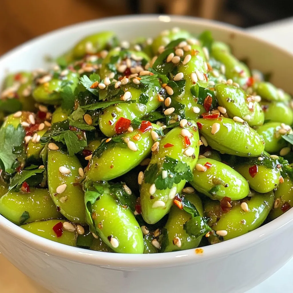 - 2 cups edamame (fresh or frozen) - 3 tablespoons olive oil - 4 cloves garlic, minced - 1-2 teaspoons red pepper flakes (adjust for spice preference) - 1 tablespoon soy sauce - 1 teaspoon sesame oil - 1 tablespoon freshly squeezed lemon juice - Salt to taste - 1 tablespoon toasted sesame seeds (for garnish) - Fresh cilantro, chopped (for garnish) To create the best spicy garlic edamame, you need simple yet bold ingredients. Edamame is the star of this dish. You can use fresh or frozen edamame. Both options work well. Olive oil adds richness and helps cook the garlic. Minced garlic gives a deep flavor. Red pepper flakes bring the spice. You can adjust the amount to suit your taste. Next, we have some seasonings and garnishes. Soy sauce adds a savory kick. Sesame oil gives a nutty taste. Fresh lemon juice adds brightness. Salt is key for balancing flavors. Toasted sesame seeds enhance the dish's look and flavor. Fresh cilantro adds a pop of color and freshness. Each ingredient plays a role in making this snack truly special. {{ingredient_image_1}} To cook the edamame, you have two options. If you use frozen edamame, start by boiling a pot of salted water. Add the edamame and cook for about 3-5 minutes. You want them tender but not mushy. Drain them and set aside. If you choose fresh edamame, simply steam them. You will know they are done when they turn a vibrant green and feel tender. This method keeps their flavor fresh. Next, it’s time for the spice mixture. In a large skillet, heat 3 tablespoons of olive oil over medium heat. Once the oil is warm, add 4 minced garlic cloves. Sauté for 1-2 minutes. Stir them often to avoid burning. You want that garlic to be fragrant but not brown. Now, add red pepper flakes to the skillet. I recommend starting with 1 teaspoon and going up to 2 teaspoons based on your spice preference. Cook for another minute to let the flavors blend. Then, toss in the cooked edamame. Mix well to coat them with the garlic oil. Drizzle in 1 tablespoon of soy sauce and 1 teaspoon of sesame oil. Stir everything together and sauté for 2-3 minutes until heated through. Remove the skillet from heat and stir in 1 tablespoon of freshly squeezed lemon juice. Taste the dish and add salt if needed. Finally, transfer the spicy garlic edamame to a serving bowl. Top it with 1 tablespoon of toasted sesame seeds and chopped cilantro. This adds flair and extra flavor to your dish. Enjoy your snack! You can change the spice in this dish easily. For a milder taste, use less red pepper flakes. Start with just 1 teaspoon and taste as you cook. If you want more heat, add another teaspoon. You can also swap red pepper flakes for chili powder for a different flavor. Cooking edamame takes just a few minutes. If using frozen, boil salted water and cook for 3-5 minutes. For fresh edamame, steam them until bright green. Keep an eye on them to avoid overcooking. Perfect edamame should be tender yet firm. Want to kick up the taste? Consider adding a splash of rice vinegar for brightness. You could also mix in some ginger for warmth. Another great idea is to toss in some chopped scallions or a dash of lime juice for a fun twist. Pro Tips Use Fresh Ingredients: For the best flavor, opt for fresh edamame and garlic whenever possible. Fresh ingredients enhance the overall taste of the dish. Adjust the Spice Level: Feel free to modify the amount of red pepper flakes according to your spice preference. Start with less and add more if desired. Experiment with Toppings: Try adding other toppings like crushed peanuts or green onions for a unique twist and added texture to your dish. Serve Immediately: Enjoy the edamame while they are warm for the best texture and flavor. They can become less appealing if left to cool for too long. {{image_2}} You can switch up the flavors by using different oils. For instance, sesame oil adds a nutty taste. Try avocado oil for a light flavor. You can also experiment with spices. Add cayenne for more heat or garlic powder for a deep garlic taste. You have choices when cooking edamame. Air frying gives it a crispy texture. Set your air fryer to 375°F and cook for about 10 minutes. Toss halfway for even cooking. Sautéing is quick and easy. In a skillet, heat oil and cook the edamame until warm and tender. Both methods are tasty! Spicy garlic edamame pairs well with many dishes. Serve it as a side with rice or noodles. It also goes great with a cold beer or a refreshing iced tea. For a fun twist, try it with sushi or as a topping on salads. Enjoy mixing and matching! To keep your spicy garlic edamame fresh, store it in an airtight container. Place it in the fridge. This way, it stays tasty for about 3 days. Make sure it cools down first before sealing. Avoid leaving it out for too long to prevent spoilage. When reheating, you want to keep the flavor and texture just right. The best way is to use a skillet. Heat it on medium-low and add the edamame. Stir it gently for about 3-5 minutes until hot. You can also use the microwave if you're in a hurry. Place the edamame in a bowl, cover it, and heat for 1-2 minutes. Stir halfway through to warm evenly. Freezing edamame is a great option for long-term storage. To freeze, first, let it cool completely. Then, place it in a freezer-safe bag or container. Remove as much air as possible before sealing. When you're ready to eat, thaw in the fridge overnight or boil it straight from frozen. Just remember to adjust the cooking time since it’s frozen. Edamame is young soybeans. They are often found in their pods. These green gems are not just tasty but also packed with nutrients. They are high in protein, fiber, and vitamins. One cup of edamame has about 17 grams of protein. They also contain essential amino acids that help build muscles. Eating edamame can support heart health and aid in weight management. Plus, they are low in calories, making them a great snack option. Yes, frozen edamame works well in this recipe. It is convenient and saves time. To cook frozen edamame, boil salted water in a pot. Add the edamame and cook for about 3 to 5 minutes. They are ready when they are tender. Drain them and set aside for later use. Spicy garlic edamame lasts about 3 to 5 days in the fridge. Store it in an airtight container. Make sure it cools down before sealing. Always check for any signs of spoilage before eating. If you see any changes in smell or color, it’s best to throw it away. This blog post showed you how to make spicy garlic edamame from start to finish. We covered the main ingredients you need, cooking steps, and tips for great taste. You learned how to adjust spice levels and explored variations and storage information. If you try this dish, it will add flavor to any meal. Remember, cooking is about experimenting and having fun. Enjoy your tasty, healthy snack!