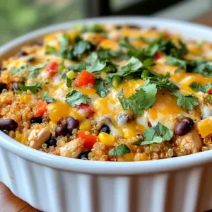 To make the Southwest Chicken Quinoa Bake, gather these ingredients: - 1 cup quinoa, rinsed and drained - 2 cups chicken broth - 1 lb chicken breast, cooked and shredded - 1 can (15 oz) black beans, rinsed and drained - 1 cup corn (fresh or frozen) - 1 red bell pepper, diced - 1/2 cup red onion, finely chopped - 1 tsp cumin - 1 tsp chili powder - 1/2 tsp smoked paprika - Salt and pepper to taste - 1 1/2 cups shredded cheese (cheddar or Monterey Jack) - 1/4 cup fresh cilantro, chopped (for garnish) - 2 tablespoons olive oil - 1 lime, juiced Each ingredient plays a role in this dish. Quinoa gives a nutty flavor and is high in protein. Chicken breast adds lean protein. Black beans provide fiber and a hearty texture. Corn adds sweetness, while red bell pepper and onion bring color and crunch. Spices like cumin and chili powder give warmth, and smoked paprika adds a unique twist. Cheese melts into a creamy topping, making every bite delightful. You can swap ingredients based on your taste or what you have at home. - Use vegetable broth instead of chicken broth for a vegetarian option. - Swap quinoa with brown rice for a different grain. - If you don't like black beans, try kidney beans or pinto beans. - You can use frozen corn if fresh corn is not available. - For cheese, mozzarella or pepper jack works great too. - If you want a fresh twist, add chopped green onions instead of red onion. These substitutions allow you to customize the dish to your liking. Enjoy exploring different flavors! {{ingredient_image_1}} Start by rinsing one cup of quinoa under cold water. This step removes the bitter coating. In a medium saucepan, combine the rinsed quinoa and two cups of chicken broth. Bring this mix to a boil over medium-high heat. Once it boils, lower the heat and cover it. Let it simmer for 15 to 20 minutes until the quinoa absorbs all the liquid. After cooking, fluff it with a fork and set it aside. Next, heat two tablespoons of olive oil in a large skillet over medium heat. Add half a cup of finely chopped red onion and one diced red bell pepper. Sauté these for about five minutes. You want them soft but not mushy. This adds flavor and texture to your dish. In a large mixing bowl, combine the cooked quinoa, one pound of shredded chicken, a 15-ounce can of rinsed black beans, and one cup of corn. Add the sautéed vegetables, the juice of one lime, one teaspoon of cumin, one teaspoon of chili powder, and half a teaspoon of smoked paprika. Season this mix with salt and pepper to taste. Stir well until everything is nicely blended. Grease a 9x13 inch baking dish and pour in the mixture. Spread it evenly across the dish. Top with one and a half cups of shredded cheese. Bake in the preheated oven at 375°F for about 20 to 25 minutes. The cheese should be melted and bubbly. Once it’s done, let it cool for a few minutes, then garnish with fresh cilantro before serving. Enjoy your delicious Southwest Chicken Quinoa Bake! To make the best quinoa, start with rinsing it well. This removes the bitter coating. Use two cups of chicken broth for one cup of quinoa. This adds great flavor. Cook it on medium heat until it boils. Then, lower the heat and cover it. Let it simmer for 15-20 minutes. You will know it is done when it is fluffy and all the water is gone. After cooking, let it sit covered for five more minutes. This helps it become even fluffier. Fluff it with a fork before mixing it into your dish. You can change up the flavors in this bake. Try adding diced jalapeños for heat. If you like a smoky flavor, use chipotle powder instead of chili powder. For a fresh twist, add lime zest. You can also mix in different veggies like zucchini or spinach. For a creamier dish, stir in some cream cheese or sour cream before baking. This will make it rich and tasty. If you want a crunch, top with crushed tortilla chips before baking. Serve the Southwest Chicken Quinoa Bake hot from the oven. It pairs well with a fresh salad. You can also add a dollop of sour cream or guacamole on top. For extra flavor, squeeze lime juice over each serving. This dish is great for meal prep. You can store leftovers in the fridge. Reheat in the oven or microwave. Enjoy it as a quick lunch or dinner throughout the week. Pro Tips Tip for Perfect Quinoa: Make sure to rinse the quinoa thoroughly before cooking to remove its natural bitterness. Chicken Cooking Method: Use leftover rotisserie chicken for a quick and flavorful option, saving you time in the kitchen. Vegetable Variations: Feel free to add other vegetables such as zucchini or spinach for extra nutrients and flavor. Cheese Choices: Experiment with different types of cheese like pepper jack for a spicy kick or feta for a tangy twist. {{image_2}} You can make a tasty vegetarian version of this dish. Start by skipping the chicken. Use more beans or add extra veggies. Try chickpeas for protein. They mix well with quinoa. You can add zucchini, spinach, or mushrooms too. Use vegetable broth instead of chicken broth for flavor. Add some diced tomatoes for a juicy touch. This way, everyone can enjoy the dish! If you like heat, add some spice! Try diced jalapeños or a dash of hot sauce. You can also mix in red pepper flakes. This will give your bake a nice kick. For extra flavor, add chipotle peppers in adobo sauce. These peppers bring a smoky taste that is amazing. Don't forget to balance the heat with lime juice. It will brighten up the dish. This recipe is naturally gluten-free when you use quinoa. Make sure your broth and other ingredients are also gluten-free. Check labels on canned goods like beans and corn. Some brands add gluten as a thickener. You can serve this dish with a side salad or gluten-free corn chips. This way, you can enjoy a full meal without worries! Store your Southwest Chicken Quinoa Bake in an airtight container. Let it cool down first. It stays fresh for about 3 to 5 days in the fridge. When you want to eat it, just take it out and check for any smells or odd colors. If it looks good, you can enjoy it again. To freeze this dish, first let it cool completely. Then, cut it into portions for easy serving. Wrap each piece in plastic wrap and place them in a freezer-safe bag. It will last up to 2 months in the freezer. Remember to label the bags with the date. This way, you'll know when you made it. When it’s time to eat, you can reheat it easily. For the oven, preheat to 350°F (175°C). Place it in a baking dish and cover with foil. Heat it for about 20 minutes or until warm. If you prefer the microwave, place a portion on a microwave-safe plate. Heat for 2 to 3 minutes, stirring halfway. Make sure it's hot all the way through before you dig in! Yes, you can use brown rice. However, cooking times will change. Brown rice takes about 45-50 minutes to cook. Make sure to adjust the liquid too, using about 2.5 cups of chicken broth. This will keep it moist and flavorful. Quinoa cooks faster and has a nutty taste. Brown rice will add a chewy texture. The total time is about 50 minutes. This includes 15 minutes for prep and 20-25 minutes for baking. Cooking the quinoa takes around 15-20 minutes. Make sure to keep an eye on the cheese. You want it melted and bubbly, not burnt. This timing makes it easy to serve fresh and hot. Here are a few great side dishes: - Green salad: A simple salad adds freshness. - Guacamole: Creamy avocado balances the spice. - Spanish rice: A tasty side that pairs well. - Cornbread: Sweet cornbread complements the flavors. These sides enhance the meal and make it even more enjoyable. This post covered all the essential details for cooking with quinoa. We discussed key ingredients, cooking steps, and helpful tips. You learned about flavor variations and storage methods. Quinoa is versatile, healthy, and easy to prepare. Whether you follow my tips or try your own ideas, you can make delicious meals. Now, it's your turn to experiment with quinoa and enjoy its benefits in your kitchen. Happy cooking!