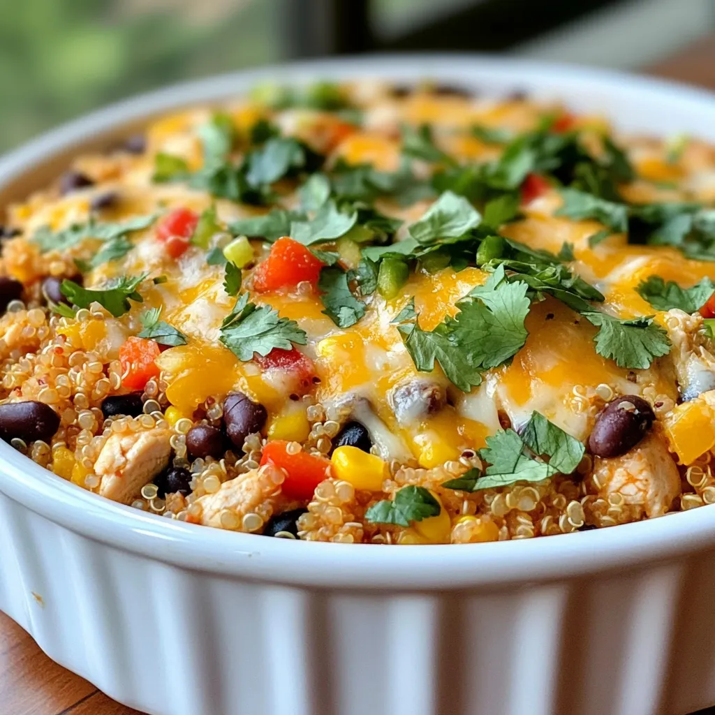 To make the Southwest Chicken Quinoa Bake, gather these ingredients: - 1 cup quinoa, rinsed and drained - 2 cups chicken broth - 1 lb chicken breast, cooked and shredded - 1 can (15 oz) black beans, rinsed and drained - 1 cup corn (fresh or frozen) - 1 red bell pepper, diced - 1/2 cup red onion, finely chopped - 1 tsp cumin - 1 tsp chili powder - 1/2 tsp smoked paprika - Salt and pepper to taste - 1 1/2 cups shredded cheese (cheddar or Monterey Jack) - 1/4 cup fresh cilantro, chopped (for garnish) - 2 tablespoons olive oil - 1 lime, juiced Each ingredient plays a role in this dish. Quinoa gives a nutty flavor and is high in protein. Chicken breast adds lean protein. Black beans provide fiber and a hearty texture. Corn adds sweetness, while red bell pepper and onion bring color and crunch. Spices like cumin and chili powder give warmth, and smoked paprika adds a unique twist. Cheese melts into a creamy topping, making every bite delightful. You can swap ingredients based on your taste or what you have at home. - Use vegetable broth instead of chicken broth for a vegetarian option. - Swap quinoa with brown rice for a different grain. - If you don't like black beans, try kidney beans or pinto beans. - You can use frozen corn if fresh corn is not available. - For cheese, mozzarella or pepper jack works great too. - If you want a fresh twist, add chopped green onions instead of red onion. These substitutions allow you to customize the dish to your liking. Enjoy exploring different flavors! {{ingredient_image_1}} Start by rinsing one cup of quinoa under cold water. This step removes the bitter coating. In a medium saucepan, combine the rinsed quinoa and two cups of chicken broth. Bring this mix to a boil over medium-high heat. Once it boils, lower the heat and cover it. Let it simmer for 15 to 20 minutes until the quinoa absorbs all the liquid. After cooking, fluff it with a fork and set it aside. Next, heat two tablespoons of olive oil in a large skillet over medium heat. Add half a cup of finely chopped red onion and one diced red bell pepper. Sauté these for about five minutes. You want them soft but not mushy. This adds flavor and texture to your dish. In a large mixing bowl, combine the cooked quinoa, one pound of shredded chicken, a 15-ounce can of rinsed black beans, and one cup of corn. Add the sautéed vegetables, the juice of one lime, one teaspoon of cumin, one teaspoon of chili powder, and half a teaspoon of smoked paprika. Season this mix with salt and pepper to taste. Stir well until everything is nicely blended. Grease a 9x13 inch baking dish and pour in the mixture. Spread it evenly across the dish. Top with one and a half cups of shredded cheese. Bake in the preheated oven at 375°F for about 20 to 25 minutes. The cheese should be melted and bubbly. Once it’s done, let it cool for a few minutes, then garnish with fresh cilantro before serving. Enjoy your delicious Southwest Chicken Quinoa Bake! To make the best quinoa, start with rinsing it well. This removes the bitter coating. Use two cups of chicken broth for one cup of quinoa. This adds great flavor. Cook it on medium heat until it boils. Then, lower the heat and cover it. Let it simmer for 15-20 minutes. You will know it is done when it is fluffy and all the water is gone. After cooking, let it sit covered for five more minutes. This helps it become even fluffier. Fluff it with a fork before mixing it into your dish. You can change up the flavors in this bake. Try adding diced jalapeños for heat. If you like a smoky flavor, use chipotle powder instead of chili powder. For a fresh twist, add lime zest. You can also mix in different veggies like zucchini or spinach. For a creamier dish, stir in some cream cheese or sour cream before baking. This will make it rich and tasty. If you want a crunch, top with crushed tortilla chips before baking. Serve the Southwest Chicken Quinoa Bake hot from the oven. It pairs well with a fresh salad. You can also add a dollop of sour cream or guacamole on top. For extra flavor, squeeze lime juice over each serving. This dish is great for meal prep. You can store leftovers in the fridge. Reheat in the oven or microwave. Enjoy it as a quick lunch or dinner throughout the week. Pro Tips Tip for Perfect Quinoa: Make sure to rinse the quinoa thoroughly before cooking to remove its natural bitterness. Chicken Cooking Method: Use leftover rotisserie chicken for a quick and flavorful option, saving you time in the kitchen. Vegetable Variations: Feel free to add other vegetables such as zucchini or spinach for extra nutrients and flavor. Cheese Choices: Experiment with different types of cheese like pepper jack for a spicy kick or feta for a tangy twist. {{image_2}} You can make a tasty vegetarian version of this dish. Start by skipping the chicken. Use more beans or add extra veggies. Try chickpeas for protein. They mix well with quinoa. You can add zucchini, spinach, or mushrooms too. Use vegetable broth instead of chicken broth for flavor. Add some diced tomatoes for a juicy touch. This way, everyone can enjoy the dish! If you like heat, add some spice! Try diced jalapeños or a dash of hot sauce. You can also mix in red pepper flakes. This will give your bake a nice kick. For extra flavor, add chipotle peppers in adobo sauce. These peppers bring a smoky taste that is amazing. Don't forget to balance the heat with lime juice. It will brighten up the dish. This recipe is naturally gluten-free when you use quinoa. Make sure your broth and other ingredients are also gluten-free. Check labels on canned goods like beans and corn. Some brands add gluten as a thickener. You can serve this dish with a side salad or gluten-free corn chips. This way, you can enjoy a full meal without worries! Store your Southwest Chicken Quinoa Bake in an airtight container. Let it cool down first. It stays fresh for about 3 to 5 days in the fridge. When you want to eat it, just take it out and check for any smells or odd colors. If it looks good, you can enjoy it again. To freeze this dish, first let it cool completely. Then, cut it into portions for easy serving. Wrap each piece in plastic wrap and place them in a freezer-safe bag. It will last up to 2 months in the freezer. Remember to label the bags with the date. This way, you'll know when you made it. When it’s time to eat, you can reheat it easily. For the oven, preheat to 350°F (175°C). Place it in a baking dish and cover with foil. Heat it for about 20 minutes or until warm. If you prefer the microwave, place a portion on a microwave-safe plate. Heat for 2 to 3 minutes, stirring halfway. Make sure it's hot all the way through before you dig in! Yes, you can use brown rice. However, cooking times will change. Brown rice takes about 45-50 minutes to cook. Make sure to adjust the liquid too, using about 2.5 cups of chicken broth. This will keep it moist and flavorful. Quinoa cooks faster and has a nutty taste. Brown rice will add a chewy texture. The total time is about 50 minutes. This includes 15 minutes for prep and 20-25 minutes for baking. Cooking the quinoa takes around 15-20 minutes. Make sure to keep an eye on the cheese. You want it melted and bubbly, not burnt. This timing makes it easy to serve fresh and hot. Here are a few great side dishes: - Green salad: A simple salad adds freshness. - Guacamole: Creamy avocado balances the spice. - Spanish rice: A tasty side that pairs well. - Cornbread: Sweet cornbread complements the flavors. These sides enhance the meal and make it even more enjoyable. This post covered all the essential details for cooking with quinoa. We discussed key ingredients, cooking steps, and helpful tips. You learned about flavor variations and storage methods. Quinoa is versatile, healthy, and easy to prepare. Whether you follow my tips or try your own ideas, you can make delicious meals. Now, it's your turn to experiment with quinoa and enjoy its benefits in your kitchen. Happy cooking!