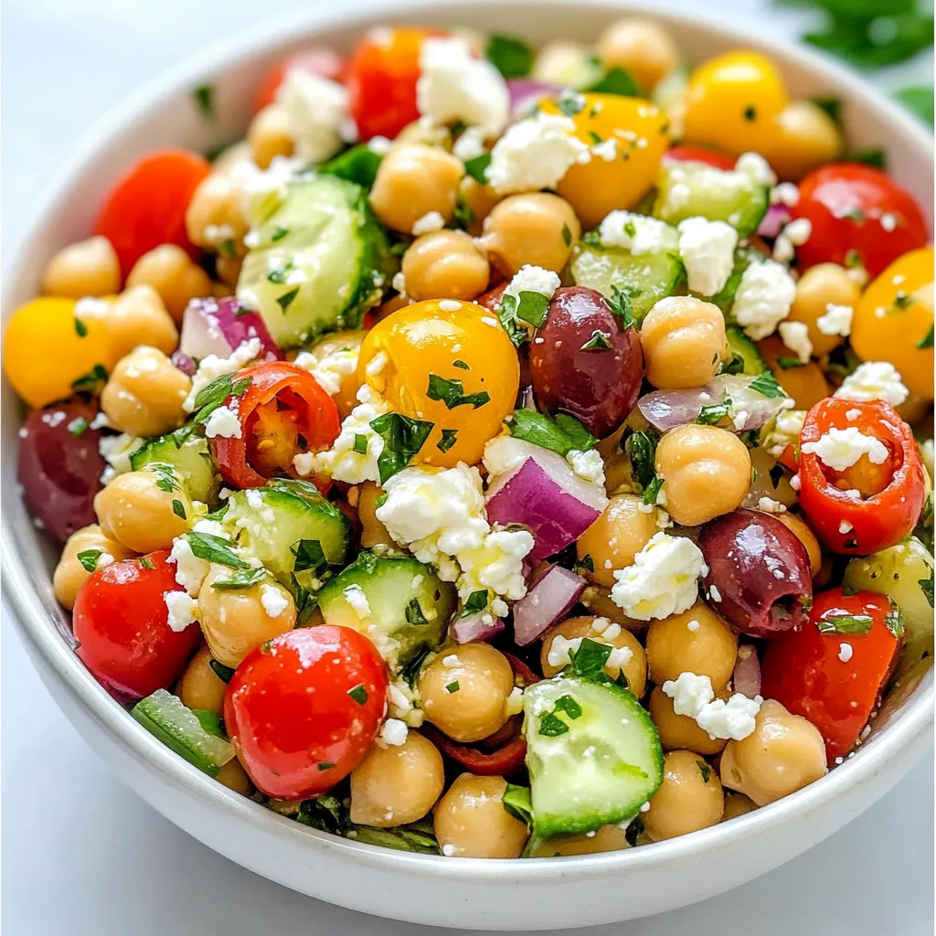 Let’s gather the fresh and vibrant ingredients for the Mediterranean Chickpea Salad. This colorful mix not only looks great but also packs a flavor punch. Here’s what you will need: - 1 can (15 oz) chickpeas, drained and rinsed - 1 cup cherry tomatoes, halved - 1 cucumber, diced - 1 red bell pepper, diced - 1/4 red onion, finely chopped - 1/2 cup Kalamata olives, pitted and halved - 1/4 cup feta cheese, crumbled (optional) - 1/4 cup fresh parsley, chopped - 3 tablespoons olive oil - 2 tablespoons lemon juice - 1 teaspoon dried oregano - Salt and pepper to taste Each ingredient plays a key role in building flavor and texture. For example, chickpeas add protein and heartiness. Cherry tomatoes bring sweetness and acidity. Fresh cucumber adds crunch, while olives give a salty bite. You can choose to add feta for creaminess, but the salad is just as good without it. Using fresh parsley not only brightens the dish but also adds a pop of color. The dressing, made with olive oil and lemon juice, ties everything together. It’s simple yet delicious! So, gather these ingredients, and you’ll be ready to create a salad that’s fresh, healthy, and bursting with Mediterranean flair. {{ingredient_image_1}} To make the Mediterranean Chickpea Salad, follow these simple steps. - Combine chickpeas and vegetables: Start by taking a large mixing bowl. Add the drained chickpeas, halved cherry tomatoes, diced cucumber, diced red bell pepper, finely chopped red onion, and halved Kalamata olives. Mix them gently to combine. - Add feta cheese and mix: If you want, sprinkle the crumbled feta cheese over the top of the mixed vegetables. This adds a nice creamy touch. Gently fold it in without breaking the cheese too much. - Whisk dressing ingredients: In a small bowl, whisk together three tablespoons of olive oil, two tablespoons of lemon juice, one teaspoon of dried oregano, and salt and pepper. Make sure it’s well mixed for great flavor. - Toss salad with dressing: Pour the dressing over your salad mixture. Use a large spoon to carefully toss everything together. Ensure all the ingredients are evenly coated with the dressing. - Garnish with parsley: Finally, sprinkle the freshly chopped parsley on top. Give the salad one last toss to mix it in and to make it look bright and fresh. Let it sit for at least 15 minutes before serving. This waiting time helps all the flavors blend together! - Let the salad sit before serving. This step helps all the flavors mix well. When you wait, the chickpeas soak up the tasty dressing. - Drizzle more olive oil for shine. A little extra olive oil makes the salad look fresh and bright. It also adds a rich taste that everyone will love. - Use freshly squeezed lemon juice. Fresh juice is always better than bottled. It gives a zesty kick and brightens the whole dish. - Rinse chickpeas thoroughly. This step removes extra salt and makes them taste better. A good rinse helps keep the salad light and fresh. - Customize with seasonal vegetables. You can add whatever is fresh and in season. Try zucchini or bell peppers for extra color and crunch. - Adjust seasoning to taste. Everyone's taste is different. Start with salt and pepper, then add more if you like. Taste as you go to find your perfect flavor. Pro Tips Fresh Ingredients: Use the freshest produce you can find for the best flavor and texture in your salad. Chill Before Serving: Refrigerate the salad for at least an hour before serving to enhance the flavors. Variations: Feel free to add other ingredients like avocado or cooked quinoa for added nutrition and flavor. Meal Prep: This salad keeps well for a few days in the fridge, making it perfect for meal prep or leftovers. {{image_2}} You can easily change the salad to fit your taste. Here are some swaps you can try: - Swap cherry tomatoes with diced bell peppers: Bell peppers add a different crunch and color. - Use different types of olives: Try green olives or even marinated olives for a twist. - Replace feta with a vegan alternative: Check for plant-based feta if you want a dairy-free salad. Want to make your salad even better? Here are some great additions: - Include avocado for creaminess: Avocado gives a rich texture and healthy fats. - Toss in some quinoa or farro: These grains add protein and make the salad more filling. - Add nuts or seeds for crunch: Walnuts, almonds, or sunflower seeds can boost flavor and texture. These variations not only enhance the taste but also make the salad more nutritious and fun to eat. Feel free to get creative with your ingredients! To keep your Mediterranean Chickpea Salad fresh, refrigerate it in an airtight container. This helps keep the flavors intact. It tastes best when consumed within three days. After that, the veggies may lose some crunch. You can freeze this salad for a longer shelf life. Just make sure to store it in a freezer-safe container. When you're ready to eat it, thaw the salad in the fridge overnight. Before serving, mix it with fresh ingredients like parsley or olives. This adds a nice touch and keeps it tasty! Mediterranean Chickpea Salad is a fresh and colorful dish. It features chickpeas as the main ingredient. Key components include cherry tomatoes, cucumber, red bell pepper, red onion, and Kalamata olives. You can add feta cheese for a creamy touch. Fresh parsley brings brightness to the dish. The salad gets its flavor from olive oil, lemon juice, and oregano. This salad is not only tasty but also packed with nutrients. Mediterranean Chickpea Salad can last for about three days in your fridge. Store it in an airtight container to keep it fresh. After this time, the veggies may lose their crunch. If they get soggy, the salad won’t taste as good. Always check for any unusual smells or colors before eating leftovers. You can make Mediterranean Chickpea Salad ahead of time. It tastes better if you let it chill for a bit. Prepare the salad a few hours before serving. This allows the flavors to mix well. If you want to make it even earlier, store the dressing separately. Mix it in just before serving to keep the veggies crisp. This Mediterranean Chickpea Salad is vibrant and full of flavor. We combined chickpeas, fresh veggies, and a tasty dressing. The tips help enhance flavor and customize the salad. You can even add extra nutrition or swap ingredients. Remember to store leftovers correctly to enjoy them later. This salad is not just good for you; it's fun to make. Try creating your own version and get creative with flavors. Enjoy making healthy meals that taste great!