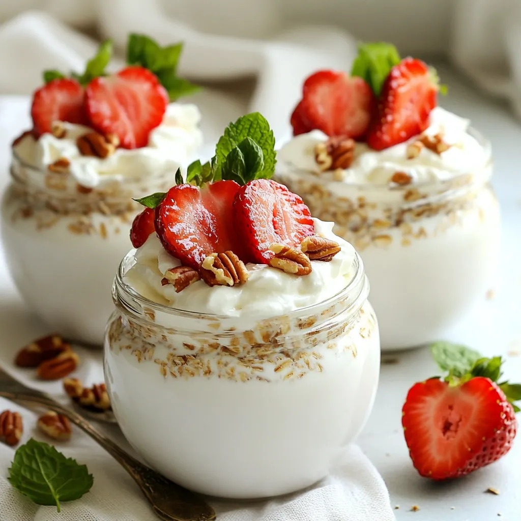 To make Strawberry Shortcake Overnight Oats, you will need these simple ingredients: - 1 cup rolled oats - 1 cup milk of choice (dairy or non-dairy) - 1/2 cup Greek yogurt (or plant-based yogurt) - 2 tablespoons maple syrup (or honey) - 1 teaspoon vanilla extract - 1/2 teaspoon almond extract - 1 cup fresh strawberries, hulled and sliced - 1/4 cup chopped pecans or almonds - Whipped cream (for topping, optional) - Fresh mint leaves (for garnish, optional) These ingredients blend together to create a creamy and fruity breakfast. The rolled oats form the base, while the yogurt adds creaminess and protein. The maple syrup gives a touch of sweetness. The almond extract brings out the flavors. Fresh strawberries provide a juicy burst. Nuts add a nice crunch, making each bite delicious. {{ingredient_image_1}} - In a medium bowl, combine 1 cup of rolled oats, 1 cup of milk, and 1/2 cup of Greek yogurt. - Add 2 tablespoons of maple syrup, 1 teaspoon of vanilla extract, and 1/2 teaspoon of almond extract. - Stir until everything mixes well. - Now, fold in half of the sliced strawberries. - Reserve the rest of the strawberries for later. - Divide the mixture into two jars or bowls. - Seal them and place them in the fridge overnight or for 4 to 6 hours. - When ready to eat, take the jars from the fridge. - Stir the oats to mix any settled ingredients. - If the oats are thick, add a splash of milk. - Top each jar with the remaining sliced strawberries. - Sprinkle 1/4 cup of chopped pecans or almonds on top. - For a fun twist, add a dollop of whipped cream and some mint leaves if you like. To make your overnight oats, follow these steps: - Use rolled oats for the best texture. - Combine oats, milk, yogurt, and sweeteners in a bowl. - Stir well to mix all ingredients. - Add half of your sliced strawberries for flavor. - Store in jars or containers for easy access. - Seal the jars tightly to keep them fresh. - Refrigerate overnight or for at least 4-6 hours. - This soaking allows oats to soften and absorb flavors. You can easily change the flavors of your oats. - Swap maple syrup for honey, or use agave nectar. - Add spices like cinnamon for extra warmth. - Use any milk you prefer; almond or oat milk are great. - Try different yogurt types, like coconut or almond-based. - Add a splash of lemon juice for a fresh twist. - Mix in vanilla protein powder for added nutrition. Pro Tips Use Overnight Oats for Meal Prep: Prepare multiple jars at once to enjoy a quick and nutritious breakfast throughout the week. Customize Your Fruits: Feel free to swap strawberries for other berries or fruits like blueberries, peaches, or bananas for different flavor profiles. Add More Crunch: Experiment with different nuts or seeds, such as walnuts, chia seeds, or pumpkin seeds, to enhance the texture and nutritional value. Adjust Sweetness to Taste: Depending on your preference, you can modify the amount of maple syrup or honey to make it sweeter or less sweet. {{image_2}} You can easily change the fruit in this recipe. Try using blueberries, raspberries, or blackberries for a twist. You can also use tropical fruits. Think about adding diced mango or pineapple for a fun flavor. If you want something creamy, try adding banana slices. Just remember to mix them in or place them on top for a yummy look. Each fruit adds a unique taste and color to your oats. Nuts and seeds can make your oats even better. You can try different nuts like walnuts, hazelnuts, or even pistachios for a new crunch. If you want to boost nutrition, add chia seeds or flaxseed. These seeds are great for your body and add a nice texture. Just a tablespoon of either can increase the fiber and omega-3s in your meal. Enjoy mixing and matching to find your perfect combination! How long do they last in the fridge? Strawberry shortcake overnight oats last up to five days in the fridge. This makes them great for meal prep. You can enjoy them all week. Proper seal techniques for jars To keep your oats fresh, use jars with tight lids. Glass jars work best, but any container with a good seal is fine. Make sure to cool the oats to room temperature before sealing. This helps prevent moisture build-up inside the jar. Can you freeze overnight oats? Yes, you can freeze overnight oats! This is a smart way to save time. Just remember to leave some space at the top of the jar. The oats will expand as they freeze. Best practices for thawing and serving To thaw, move the oats from the freezer to the fridge. Let them sit overnight. When you’re ready to eat, give them a good stir. If they seem too thick, add a splash of milk. This will help bring the texture back. Can I use instant oats instead of rolled oats? You can use instant oats, but the texture changes. Instant oats absorb liquid faster. Your overnight oats may turn mushy. Rolled oats give a nice chewy bite. How do I make it vegan-friendly? To make it vegan, swap Greek yogurt for plant-based yogurt. Use almond milk or soy milk instead of dairy milk. Maple syrup works great as a sweetener. Can I skip the yogurt completely? Yes, you can skip yogurt. The oats will still taste good. You can add more milk if needed. This makes the dish lighter and keeps it creamy. Caloric content per serving Each serving has about 350 calories. This includes oats, milk, yogurt, and strawberries. The nuts add healthy fats and protein too. Dietary considerations (gluten-free, nut-free) To make it gluten-free, use certified gluten-free oats. For nut-free, skip the nuts or use seeds. You can substitute with pumpkin or sunflower seeds for crunch. This blog post covered how to make delicious overnight oats with simple steps. You learned the best ingredients to use, like oats, yogurt, and your choice of milk. We also discussed ways to customize your oats with different fruits and nuts. Remember, you can store your overnight oats in the fridge or even freeze them. With these easy tips, you can enjoy a healthy breakfast that suits your taste. Try making your own blend and enjoy the fun of crafting your ideal overnight oats.