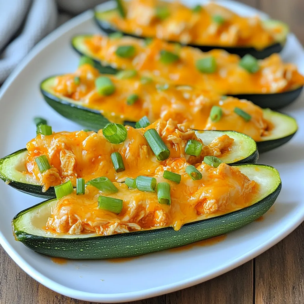 To make Buffalo Chicken Stuffed Zucchini Boats, you will need: - 4 medium zucchinis - 2 cups shredded cooked chicken - 1/2 cup buffalo sauce (adjust to taste) - 1/2 cup cream cheese, softened - 1 cup shredded cheddar cheese, divided - 1/4 cup green onions, sliced - 1 tsp garlic powder - 1/2 tsp onion powder - Salt and pepper to taste - Fresh parsley for garnish (optional) You can easily swap some ingredients if needed: - Use Greek yogurt instead of cream cheese for a lighter option. - Swap buffalo sauce for barbecue sauce for a milder flavor. - Try different cheeses, like mozzarella or pepper jack, for a unique taste. - If you don’t have green onions, use chives or regular onions instead. For the best results, consider these brands: - For buffalo sauce, Frank's RedHot is a classic choice. - Use Philadelphia cream cheese for its rich and creamy texture. - Kraft shredded cheddar cheese melts perfectly and adds great flavor. - For fresh produce, choose organic zucchinis when possible for the best taste. {{ingredient_image_1}} To start, gather your ingredients. You will need zucchinis, chicken, buffalo sauce, cream cheese, and cheese. Prepare your zucchinis first. - Cut each zucchini in half lengthwise. - Scoop out the seeds and some flesh to make space for the filling. This step makes your zucchini a boat for flavors. Next, mix your filling. In a bowl, combine: - 2 cups shredded cooked chicken - 1/2 cup buffalo sauce - 1/2 cup cream cheese - 1 tsp garlic powder - 1/2 tsp onion powder - Salt and pepper Stir until well mixed. This is where the magic begins! Now it’s time to bake. Preheat your oven to 375°F (190°C). Place the filled zucchini boats on a baking sheet lined with parchment paper. Spoon the buffalo chicken mixture into each boat. Be sure to fill them well but not too tight. Top each boat with: - 1/2 cup shredded cheddar cheese This will melt beautifully and create a delicious topping. Bake for 25-30 minutes. Look for tender zucchinis and bubbly, golden cheese on top. It’s hard to beat that sight! Layering flavors is key to a great dish. Start with the buffalo sauce. Add more if you like heat. Cream cheese brings creaminess and balances the spice. Don’t forget the garlic and onion powders; they add depth. For a fresh kick, sprinkle green onions on top after baking. If you want, add fresh parsley for color. These simple tips make each bite a burst of flavor! When picking zucchini, look for firm ones. They should feel heavy for their size. Choose ones with smooth skin and bright color. Avoid zucchinis that have soft spots or wrinkles. Fresh zucchini adds great texture to your dish. One common mistake is not scooping out enough flesh. Make sure to remove enough to hold the filling but leave enough for flavor. Another mistake is overcooking the zucchini. You want it tender, not mushy. Lastly, don't skip on seasonings. They enhance the taste and make your dish pop. To boost flavor, consider adding spices. A pinch of cayenne or smoked paprika adds warmth. You can also mix in diced jalapeños for heat. Fresh herbs like basil or cilantro give a nice touch. Lastly, try drizzling a bit of ranch dressing on top before serving for a creamy finish. Pro Tips Choose Firm Zucchini: Select firm zucchinis that are free of blemishes for the best texture and flavor in your stuffed boats. Adjust Spice Level: Modify the amount of buffalo sauce to suit your heat preference. You can also mix in some ranch seasoning for a milder taste. Extra Cheese: If you're a cheese lover, feel free to add more cheddar on top before baking for an even cheesier experience. Garnish for Freshness: Don't skip the green onions and parsley; they add a fresh flavor contrast that enhances the dish beautifully. {{image_2}} You can swap out chicken for other proteins. Ground turkey works well too. You can also use shredded beef for a richer taste. If you love seafood, shredded cooked shrimp adds a fun twist. Just ensure the protein is cooked before mixing. Each option brings a new flavor to the dish. If you want a meatless meal, try black beans or lentils. They add protein and fiber. Mix in some diced bell peppers for crunch. You can also use tofu for a soft texture. Don't forget to adjust the spices, using a bit more buffalo sauce for that kick! Want to make your zucchini boats even more tasty? Consider adding chopped jalapeños for heat. You can also add diced celery for a fresh crunch. Mixing in some ranch dressing with the buffalo sauce brings a creamy touch. For extra flavor, sprinkle in some smoked paprika or Italian herbs. Each enhancement lets you craft your perfect dish! Store your leftover Buffalo Chicken Stuffed Zucchini Boats in an airtight container. Keep them in the fridge. They will stay fresh for up to three days. If you want to keep them longer, freezing is a good option. To freeze these boats, wrap each one tightly in plastic wrap. Place them in a freezer-safe bag or container. Label the bags with the date. You can freeze them for up to three months. When you want to eat them, just take them out of the freezer. Reheat the stuffed zucchini boats in the oven for best results. Preheat your oven to 350°F (175°C). Place the boats on a baking sheet. Bake for about 15 to 20 minutes until heated through. You can also use the microwave, but the oven keeps them crispy. Enjoy your tasty leftovers! Yes, you can use raw zucchini. However, I recommend pre-baking them for a short time. This softens the zucchini and helps the filling cook evenly. Slice the zucchini in half and scoop out the center. Bake them for about 10 minutes before stuffing. This step enhances the texture and flavor. To amp up the heat, add more buffalo sauce. Start with an extra tablespoon or two. You can also mix in diced jalapeños or crushed red pepper flakes. These ingredients bring a nice kick. For an even bolder flavor, consider using spicy cream cheese instead of regular cream cheese. Stuffed zucchini boats pair well with several sides. A fresh salad with crisp greens complements the dish nicely. Roasted vegetables add extra nutrients and flavor. You could also serve it with garlic bread for a heartier meal. These options balance the spicy filling and enhance your dining experience. We explored the key ingredients, step-by-step instructions, and helpful tips for your zucchini dish. I shared ways to enhance flavors and avoid common mistakes. We also discussed storage and variations to fit your taste. Zucchini boats are versatile and easy to make. With the right ingredients and methods, you can create a meal your family will love. Enjoy experimenting with flavors and sharing your tasty creations!