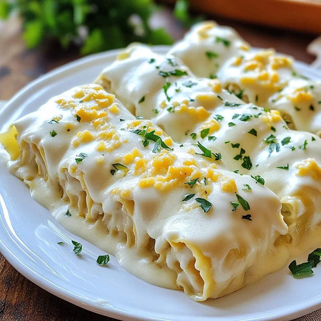 - 9 lasagna noodles - 2 cups cooked chicken, shredded - 2 cups ricotta cheese - 1 cup mozzarella cheese, shredded - 1/2 cup Parmesan cheese, grated - 2 cups Alfredo sauce (store-bought or homemade) - 1 teaspoon garlic powder - 1 teaspoon Italian seasoning - Salt and pepper to taste - Fresh parsley, chopped (for garnish) Gathering the right ingredients is key to making delicious creamy chicken Alfredo lasagna roll-ups. Start with nine lasagna noodles; these are the base of your dish. You will need two cups of cooked chicken, shredded into bite-sized pieces. This adds protein and flavor to your meal. Next, grab two cups of ricotta cheese. It gives a creamy texture and richness. One cup of shredded mozzarella cheese will add a gooey, melty layer. Don't forget half a cup of grated Parmesan cheese. This cheese adds a sharp taste. For the sauce, use two cups of Alfredo sauce, which can be store-bought or homemade. If you love garlic, add one teaspoon of garlic powder for a savory touch. One teaspoon of Italian seasoning will bring warmth and depth to your dish. Season with salt and pepper to taste. Finally, fresh parsley, chopped, will make a beautiful garnish. It adds color and a fresh taste. These ingredients come together to create an amazing meal that’s fun to eat and easy to share! {{ingredient_image_1}} 1. Preheat the oven to 375°F (190°C). This step warms the oven for even baking. 2. Cook the lasagna noodles. Boil them until they are al dente, following the package directions. After cooking, drain the noodles. Lay them flat on a kitchen towel to avoid them sticking together. 3. Mix the filling ingredients. In a bowl, combine shredded chicken, ricotta cheese, half of the mozzarella cheese, grated Parmesan, garlic powder, Italian seasoning, salt, and pepper. Stir until everything is well combined. 1. Spread Alfredo sauce. Pour some Alfredo sauce on the bottom of a 9x13 inch baking dish. Make sure it coats the bottom nicely. 2. Fill the noodles. Take one cooked lasagna noodle. Place about 1/4 cup of the chicken and cheese mixture along one edge. Roll the noodle up carefully to keep the filling inside. Place the roll seam-side down in the baking dish. Repeat this step with all the noodles and filling. 3. Arrange in the baking dish. Once all roll-ups are in the dish, pour the rest of the Alfredo sauce over them. Top with the remaining mozzarella cheese. 1. Cover and bake. Cover the dish with aluminum foil. If you want to avoid sticking, spray the foil with cooking spray. Bake for 20 minutes. 2. Final baking to achieve golden cheese. Remove the foil and bake for an additional 10-15 minutes. Look for bubbly and golden cheese on top. 3. Let it cool. Allow the lasagna roll-ups to cool for a few minutes before serving. This helps the filling set a bit. Garnish with fresh parsley for a lovely finish. To prevent your lasagna noodles from sticking, lay them flat on a kitchen towel after cooking. This quick trick helps keep them ready for rolling. If you want a twist on the Alfredo sauce, try a homemade version. Blend heavy cream, butter, garlic, and Parmesan for a fresh taste. When serving, plate the roll-ups and drizzle extra Alfredo sauce on top. This adds flavor and makes a lovely presentation. A sprinkle of fresh parsley gives a pop of color. Pair your roll-ups with garlic bread for a tasty side. The crunchy bread complements the creamy dish perfectly. To store leftover roll-ups, place them in an airtight container. They will stay fresh in the fridge for up to three days. For reheating, use the oven for best results. Cover the dish with foil to keep them moist. Heat at 350°F (175°C) for about 20 minutes. Enjoy your meal again! Pro Tips Cook Noodles Al Dente: Cooking the lasagna noodles until they are al dente will ensure they hold up well when rolled and baked, preventing them from becoming too soft. Use Rotisserie Chicken: For a quick and convenient option, use store-bought rotisserie chicken. It saves time and adds great flavor! Customize the Filling: Feel free to add your favorite vegetables, such as spinach or mushrooms, to the chicken and cheese mixture for added nutrition and flavor. Let it Rest: Allow the lasagna roll-ups to rest for a few minutes after baking. This helps the filling set, making it easier to serve without falling apart. {{image_2}} Healthier alternatives can make this dish even better. You can use whole wheat or gluten-free noodles. Whole wheat noodles add fiber and nutrients. Gluten-free options cater to those with dietary needs. For cheese, try low-fat versions. They melt well and cut calories. You still get that creamy taste without the extra fat. Flavor variations keep things exciting. You can add spinach or other veggies. Chopped spinach boosts nutrition and adds color. Mushrooms or bell peppers also work well. You can change the seasonings and sauces, too. Add a pinch of nutmeg for warmth. Or, swap Alfredo for a tomato sauce for a twist. Different proteins make this dish unique. You can use turkey instead of chicken. Ground turkey works great for a lighter meal. If you want vegetarian options, beans or tofu are good choices. Tofu absorbs flavors and adds protein. Black beans offer a hearty bite, perfect for meatless meals. These variations let you customize your Creamy Chicken Alfredo Lasagna Roll Ups. You can cater to your tastes or dietary needs while enjoying a delicious meal. Bake the roll-ups for 20 minutes covered with foil. Then, bake for an extra 10 to 15 minutes. This helps the cheese melt and bubble nicely. Yes, you can prepare the roll-ups a day before. Just cover them and store in the fridge. Bake them when you're ready to eat. You can use a homemade white sauce or a simple cream sauce. You may also try a tomato sauce for a different taste. Yes, you can freeze them. Wrap each roll-up tightly in plastic wrap. Store in a freezer-safe container for up to three months. Add fun toppings like extra cheese or let kids pick their favorite veggies. You can also serve it with a side of garlic bread for a fun touch. This recipe takes about 20 minutes to prep. You will cook the noodles, mix the filling, and get everything ready. It’s quick and easy! The total time for this dish is around 50 minutes. This includes both the prep time and cooking time. You will bake the roll-ups for about 30 minutes. This recipe makes 4 servings. It’s perfect for a small family or a cozy dinner for two. You can always double the recipe if you need more! This blog post covered a simple and tasty recipe for creamy chicken Alfredo lasagna roll-ups. We discussed the ingredients, cooking steps, and tips for success. You learned how to make this dish your own with different flavors and healthy swaps. Remember, these roll-ups are perfect for sharing and can be stored for later. Enjoy your meal! Cook with joy, and don’t forget to try your own twists on this recipe. Happy cooking!