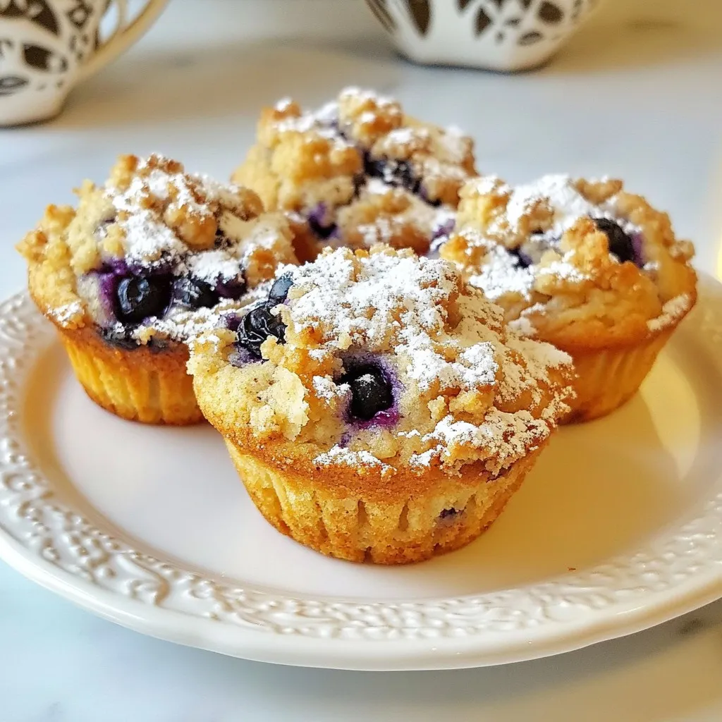 To make these tasty blueberry crumble muffins, you need the following main ingredients: - 1 ½ cups all-purpose flour - ½ cup granulated sugar - ½ teaspoon baking powder - ½ teaspoon baking soda - ¼ teaspoon salt - 1 large egg - ¾ cup buttermilk (or ¾ cup milk + 1 tablespoon vinegar) - ½ cup unsalted butter, melted - 1 cup fresh blueberries These ingredients create a soft and fluffy base for the muffins. The blueberries add a sweet and juicy burst in every bite. You likely have some of these pantry staples at home. Here’s what you need: - ½ cup rolled oats - ½ cup brown sugar - ½ teaspoon ground cinnamon These staples give the muffins a crunchy and sweet topping. The cinnamon adds warmth and flavor that makes these muffins special. Feel free to get creative! Here are some optional add-ins you might enjoy: - Chopped nuts like walnuts or pecans - A sprinkle of lemon zest for brightness - A handful of chocolate chips for sweetness These add-ins can change the flavor profile and make each batch unique. Mix and match to find your perfect muffin! {{ingredient_image_1}} First, gather your ingredients. You will need: - 1 ½ cups all-purpose flour - ½ cup granulated sugar - ½ teaspoon baking powder - ½ teaspoon baking soda - ¼ teaspoon salt - 1 large egg - ¾ cup buttermilk (or ¾ cup milk + 1 tablespoon vinegar) - ½ cup unsalted butter, melted - 1 cup fresh blueberries - ½ cup rolled oats - ½ cup brown sugar - ½ teaspoon ground cinnamon Next, preheat your oven to 375°F (190°C). Line a muffin tin with paper liners or lightly grease it. This step helps your muffins bake evenly and prevents sticking. In a large bowl, mix your dry ingredients. Whisk together flour, granulated sugar, baking powder, baking soda, and salt. This mix sets the base for your muffins. In another bowl, combine the wet ingredients. Whisk the egg, buttermilk, and melted butter until smooth. Pour this mixture into the dry ingredients. Gently fold until just combined. Be careful not to overmix. It’s okay if some flour shows. Now, gently fold in the fresh blueberries. This adds that juicy burst of flavor in every bite. In a small bowl, mix rolled oats, brown sugar, ground cinnamon, and about 2 tablespoons of melted butter. Stir until the mixture looks crumbly. This topping adds a nice crunch and sweetness to your muffins. Spoon the muffin batter into the prepared tin, filling each cup about ¾ full. This gives space for the muffins to rise. Generously sprinkle the crumble topping over each muffin. Bake your muffins for 18-20 minutes. To check for doneness, insert a toothpick into the center. If it comes out clean, they are ready. Once baked, allow the muffins to cool in the tin for about 5 minutes. This helps them set. Then, transfer them to a wire rack to cool completely. Enjoy your warm, delicious blueberry crumble muffins! To bake the best muffins, start with a preheated oven at 375°F (190°C). This helps your muffins rise nicely. Use fresh ingredients for the best flavor. Measure your flour correctly by spooning it into the cup and leveling it off. This method prevents dense muffins. Always line your muffin tin with liners or grease it lightly. This step makes it easy to remove the muffins after baking. Overmixing is a common mistake. When you combine the wet and dry ingredients, mix just until you see no dry flour. Lumps in the batter are okay; they will bake out. Gently fold in the blueberries, too. This preserves their shape and keeps your muffins light and fluffy. Remember, muffins need to be tender, not tough. Serve the muffins warm for the best taste. A dusting of powdered sugar on top adds a nice touch. You can also place a small bowl of fresh blueberries beside the muffins. This looks great and gives guests an option to add more fruit. For a fun twist, pair the muffins with a scoop of ice cream for dessert. Enjoy! Pro Tips Use Fresh Blueberries: Fresh blueberries will provide the best flavor and texture. If using frozen, do not thaw them before adding to the batter as this can cause them to become mushy. Don’t Overmix the Batter: To keep your muffins light and fluffy, mix the wet and dry ingredients until just combined. A few lumps are perfectly fine! Customize the Topping: Feel free to add chopped nuts or shredded coconut to the crumble topping for added texture and flavor. Storage Tips: Store leftover muffins in an airtight container at room temperature for up to 3 days or freeze for longer storage. Thaw at room temperature before enjoying. {{image_2}} To make gluten-free blueberry crumble muffins, swap the all-purpose flour. Use a gluten-free flour blend. Make sure it has xanthan gum for structure. The rest of the recipe stays the same. These muffins will still be tasty and soft! For vegan blueberry muffins, skip the egg. You can use a flax egg instead. Mix one tablespoon of ground flaxseed with two and a half tablespoons of water. Let it sit for five minutes. Replace buttermilk with plant milk and vinegar. Use melted coconut oil in place of butter. These muffins will still be moist and delicious! You can add different flavors to your muffins for fun. Here are some ideas: - Lemon Zest: Add one tablespoon of lemon zest for a fresh taste. - Almond Extract: Use half a teaspoon of almond extract for a nutty flavor. - Chocolate Chips: Fold in half a cup of chocolate chips for a sweet twist. - Nuts: Add chopped walnuts or pecans for crunch. These variations let you make the muffins your own! Enjoy exploring different tastes. To keep your blueberry crumble muffins fresh, place them in an airtight container. This helps maintain their soft texture and flavor. You can store them at room temperature for up to three days. If you live in a humid area, consider placing a paper towel in the container. This absorbs excess moisture and keeps the muffins from getting soggy. Freezing muffins is a great way to save them for later. To freeze, first, let the muffins cool completely. Next, wrap each muffin in plastic wrap. Then, place them in a freezer bag or container. They will stay fresh for up to three months in the freezer. When you're ready to enjoy them, just take out a muffin and let it thaw at room temperature. Reheating your muffins is easy and quick. You can warm them in the microwave for about 15-20 seconds. If you prefer a crispier top, use the oven. Preheat your oven to 350°F (175°C) and place the muffins on a baking sheet. Heat them for about 5-10 minutes. This method brings back that fresh-baked taste and texture. Enjoy your blueberry crumble muffins warm! Yes, you can use frozen blueberries! They work well in muffins. Just toss them in a bit of flour before adding to the batter. This helps them not sink. Keep in mind that frozen blueberries may release more juice. This can make your muffins a bit more moist and colorful. Check the muffins after 18 minutes. Insert a toothpick in the center of a muffin. If it comes out clean, they are done. If it has wet batter, bake for a few more minutes. The tops should look golden brown and spring back when touched lightly. You can easily make your own buttermilk! Just mix ¾ cup of milk with 1 tablespoon of vinegar. Let it sit for about 5 minutes. It will thicken and curdle a bit. You can also use plain yogurt or sour cream, thinned with some milk, as a substitute. Blueberry crumble muffins are simple yet delicious. We covered the main ingredients and pantry staples you need. You learned the step-by-step process, from prepping to baking. I shared tips to improve your baking skills and tasty serving ideas. You can also explore variations like gluten-free and vegan options. Finally, I provided storage tips to keep your muffins fresh. Now, you can enjoy baking and sharing these tasty treats anytime!