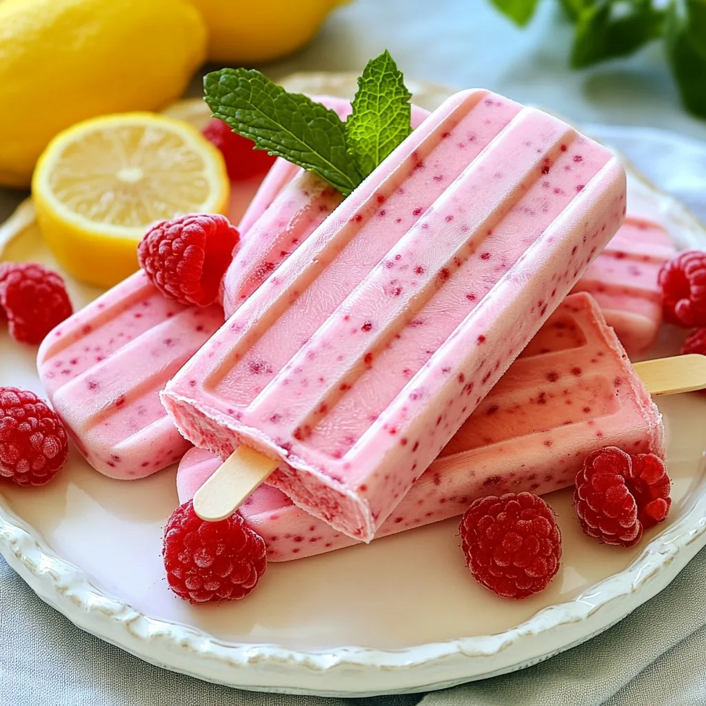 To make your Raspberry Lemonade Popsicles, you will need: - 2 cups fresh raspberries - 1 cup freshly squeezed lemon juice (about 4-6 lemons) - 1/2 cup honey or agave syrup (adjust to taste) - 1 cup water - 1 teaspoon lemon zest These ingredients combine to create a sweet and tangy treat. Fresh raspberries give a bright color and flavor. The lemon juice adds a refreshing tartness. Honey or agave syrup sweetens the mix, so you can adjust it to your taste. While the main ingredients shine, you can make your popsicles even better with: - Fresh mint leaves for garnish Mint adds a burst of freshness when you serve your popsicles. It looks good and tastes great. You can also add whole raspberries for a fun touch. If you prefer other sweeteners, you can use: - Maple syrup - Coconut sugar These options can change the taste slightly but still keep it delicious. For a citrus boost, try adding a splash of orange juice. You can mix and match flavors to create your own special version. {{ingredient_image_1}} To start, gather your fresh raspberries and water. Place the raspberries and water in a blender. Blend until the mixture is smooth. This should take about 30 seconds. Next, strain the blend through a fine mesh sieve into a bowl. This step removes the seeds for a smoother taste. Use a spatula to press down on the mixture. This helps you get all the juice out. Now, it’s time to mix the flavors. In a separate bowl, squeeze your fresh lemons. You need about one cup of lemon juice. Add the honey or agave syrup to the lemon juice. Mix well until the sweetener dissolves. Then, add a teaspoon of lemon zest for extra flavor. Finally, gently stir in the strained raspberry juice. Make sure everything is well combined. This mix will be the base for your popsicles. Grab your popsicle molds and pour in the mixture. Fill each mold about three-quarters full. Insert sticks into each mold. If your molds have lids, use those instead. Place the molds in the freezer for at least six hours. This time allows the popsicles to freeze solid. When you’re ready to eat them, run warm water over the outside of the molds for a few seconds. This helps release the popsicles easily. Gently pull them out and enjoy your refreshing treat! To get the best flavor, use fresh raspberries. They taste better and add vibrant color. When you blend, pulse the raspberries with water until smooth. This step helps to break down the fruit well. After blending, strain the mixture through a fine mesh sieve. Use a spatula to press the pulp. This helps extract every bit of juice while leaving the seeds behind. Taste your mixture before freezing. If you like it sweeter, add more honey or agave syrup. Mix well to ensure the sweetener dissolves completely. Remember, the popsicles will taste less sweet when frozen. So, don’t be shy about making it a bit sweeter than you think you want. For a bright and fun look, serve popsicles on a colorful plate. Place fresh mint leaves and whole raspberries around them. This adds a nice splash of color and freshness. You can also drizzle some extra raspberry juice over the top for extra flair. Enjoy these popsicles at a summer party or on a sunny day! Pro Tips Adjust Sweetness: Taste the mixture before pouring into molds. Depending on the tartness of your lemons and personal preference, you may want to add more honey or agave syrup. Freeze Overnight: For best results, allow the popsicles to freeze overnight. This will ensure they are solid and easy to remove from the molds. Experiment with Flavors: Feel free to add other fruits like strawberries or blueberries to the raspberry mixture for a fun twist on flavor. Garnish Creatively: Besides mint leaves, consider adding edible flowers or citrus slices for an elegant touch when serving your popsicles. {{image_2}} You can make your Raspberry Lemonade Popsicles even more fun by adding other fruits. Try mixing in strawberries or blueberries. These fruits blend well and add bright colors. You can also use peaches or watermelon for a sweet twist. Just chop them up and blend with the raspberries. This gives you new flavors and makes it more exciting. To make a creamy treat, add yogurt to your popsicles. Use plain yogurt for a tangy taste or flavored yogurt for added sweetness. If you prefer non-dairy, choose coconut or almond yogurt. Blend yogurt with the raspberry and lemon mix. This gives a smooth texture that's great on hot days. You can also swirl in some fruit puree for a fun look. Herbs can add a fresh taste to your popsicles. Try adding mint or basil to the mix. Chop the herbs finely and mix them in before freezing. Mint gives a cool flavor, while basil adds depth. You can also steep herbs in the water before blending. Just strain them out to get the flavor without the bits. This makes your popsicles unique and tasty. Freezing your raspberry lemonade popsicles is simple. After mixing your ingredients, pour them into popsicle molds. Fill each mold about three-quarters full. This leaves room for expansion as they freeze. Insert sticks into the molds. Freeze them for at least six hours or until solid. If you're in a hurry, make sure to freeze them overnight for the best results. If you have extra popsicles, store them in a freezer-safe bag. Wrap each popsicle in plastic wrap to avoid freezer burn. Label the bag with the date so you know when you made them. Keep your popsicles away from strong-smelling foods in the freezer. This helps them stay fresh and tasty. These popsicles can last about two months in the freezer. However, for the best taste, enjoy them within a month. If you notice ice crystals on the popsicles, they might not taste as good. Also, if they smell off or have a strange color, it’s best to toss them. Always trust your senses to keep food safe and enjoyable. To make Raspberry Lemonade Popsicles vegan, switch honey for agave syrup or maple syrup. Both work well and keep the sweetness. This change makes the recipe plant-based, while still tasting great. Yes, you can use frozen raspberries. They are convenient and give a nice flavor. Just let them thaw a bit before blending. This helps them blend smoothly. You may need to adjust the sweetness since frozen raspberries can vary in taste. Raspberry lemonade flavor shines in many recipes. You can use it in smoothies, cakes, or even salad dressings. Try mixing it with yogurt for a quick treat. It’s also great for drinks, like lemonade or cocktails, adding a fruity twist. You’ve learned how to make Raspberry Lemonade Popsicles using simple steps and fresh ingredients. We explored the main ingredients, optional add-ins, and tasty variations you can try. Remember to play with flavors and adjust sweetness to fit your taste. Storing your popsicles well ensures they stay fresh longer. With these tips, you can enjoy a fun treat that cools you down. Get creative and make it your own! Enjoy your frozen delights!