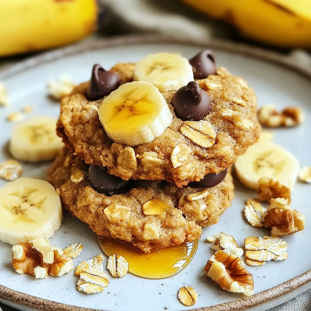 - 2 ripe bananas, mashed - 1 cup rolled oats - 1/2 cup almond butter or peanut butter - 1/4 cup honey or maple syrup - 1/2 teaspoon vanilla extract - 1/2 teaspoon cinnamon - 1/4 teaspoon salt - 1/4 cup dark chocolate chips (optional) - 1/4 cup chopped nuts (walnuts or pecans, optional) To make these banana oatmeal breakfast cookies, you will need a few simple ingredients. Start with two ripe bananas. The riper the bananas, the sweeter your cookies will be. Next, gather one cup of rolled oats. This is the heart of your cookie and gives it texture. Use half a cup of almond butter or peanut butter for a rich and creamy base. You can choose honey or maple syrup for sweetness; a quarter cup is just right. Add a half teaspoon of vanilla extract for nice flavor. Sprinkle in a half teaspoon of cinnamon and a quarter teaspoon of salt to enhance all the tastes. Optionally, you can add a quarter cup of dark chocolate chips for a sweet treat. Chopped nuts, like walnuts or pecans, can also be included for extra crunch. Remember, the optional ingredients make your cookies even more special, but they will still be tasty without them! - Calories per cookie: About 90 - Protein: 2g - Fat: 4g - Carbohydrates: 12g - Key ingredients offer health benefits. Each cookie has about 90 calories. They contain 2 grams of protein, 4 grams of fat, and 12 grams of carbs. The bananas provide potassium, while oats add fiber. Almond butter gives healthy fats, and honey adds natural sweetness. These cookies are not just delicious; they also offer good nutrition to start your day right. {{ingredient_image_1}} - Preheat your oven to 350°F (175°C). - Line a baking sheet with parchment paper. Starting with a hot oven helps the cookies bake evenly. Parchment paper stops sticking and makes cleanup easy. - Combine mashed bananas, almond butter, honey (or maple syrup), and vanilla extract. In a big bowl, mash the bananas until smooth. Then, stir in almond butter, honey, and vanilla. Mix until it is creamy and well-blended. This step adds flavor and moisture to the cookies. - Add rolled oats, cinnamon, and salt. - If using, fold in chocolate chips and nuts. Next, add the rolled oats, cinnamon, and salt to the wet mix. Stir until everything combines. If you like, fold in chocolate chips and nuts. They will add extra texture and taste. - Drop spoonfuls onto the baking sheet. - Flatten cookies slightly. - Bake for 12-15 minutes. Using a spoon, place heaping tablespoons of dough on the sheet. Leave about 2 inches between each scoop. Then, flatten them a bit with the back of the spoon. This helps them bake nicely. Bake for 12-15 minutes until the edges are golden brown. Enjoy the warm, sweet smell while they bake! To get the best cookie, focus on the dough's consistency. It should be thick but not dry. If it feels too wet, add a bit more oats. For flattening the cookies, use the back of a spoon. Press gently but firmly. This helps them cook evenly. Spices and extracts can boost flavor. I love adding nutmeg or ginger for warmth. A splash of almond extract adds a nice twist. For extra fun, mix in dried fruit or seeds. Try raisins, cranberries, or pumpkin seeds for added texture. These cookies are great for breakfast. Pair them with yogurt or fresh fruit. You can also enjoy them with a warm cup of tea. For presentation, place the cookies on a nice plate. Drizzle honey over them and add banana slices for a lovely display. Pro Tips Use Overripe Bananas: The riper the bananas, the sweeter and more flavorful your cookies will be. Look for bananas with brown spots for the best results. Experiment with Nut Butters: While almond butter is delicious, feel free to try other nut butters like cashew or sunflower seed butter for different flavor profiles. Customize with Add-Ins: Get creative by adding dried fruits, seeds, or your favorite spices to the dough for extra nutrition and flavor. Storage Tips: Store the cookies in an airtight container at room temperature for up to 5 days or freeze them for longer storage. They make a great on-the-go breakfast! {{image_2}} You can easily make these cookies to fit your diet. For a gluten-free option, use gluten-free oats. They work just as well and keep the texture right. If you want a vegan version, swap honey for maple syrup. This change keeps the sweetness without any animal products. Feel free to switch up the nut butter. Almond butter adds a nice flavor, but peanut butter is tasty too. You can also add fruits to the mix. Try adding fresh berries or a splash of applesauce. These fruits add moisture and extra taste. Want more texture? Use dried fruits like raisins, cranberries, or apricots. They give a chewy bite to each cookie. Adding seeds like chia or flaxseed can bring a crunch. These seeds are healthy and boost the nutrition of your cookies. To store your banana oatmeal breakfast cookies at room temperature, place them in an airtight container. This keeps them soft and fresh. You can stack the cookies, but add parchment paper between layers to avoid sticking. Keep them in a cool, dry place. They will stay good for about three days. Here are some tips for keeping cookies fresh: - Make sure they cool completely before storing. - Avoid direct sunlight or heat sources. - Use a container that fits snugly to limit air exposure. For long-term storage, freezing cookies is a great option. To freeze, let the cookies cool completely. Then, place them in a single layer on a baking sheet and freeze for one hour. Once frozen, transfer them to a zip-top bag. Remove as much air as possible before sealing. They can last for up to three months in the freezer. To thaw cookies, take them out of the freezer and leave them at room temperature for about 30 minutes. For quicker thawing, you can microwave one cookie for about 10-15 seconds. This warms them nicely. To reheat cookies, the best method is using the oven. Preheat your oven to 350°F (175°C). Place the cookies on a baking sheet and heat for about 5-7 minutes. This will restore their chewy texture and warm up the flavors. Another method is using the microwave. Heat one cookie for 10-15 seconds. This will keep them soft and enjoyable. Avoid overheating, as this can dry them out. Yes, you can use quick oats. However, rolled oats give a better texture. Quick oats absorb more liquid and may make the cookies softer. Rolled oats maintain their shape. This keeps the cookies chewy and hearty. Choose rolled oats for a more classic cookie. To make these cookies vegan, swap the honey for maple syrup. You can also use chia seeds or flaxseed as egg substitutes. Mix one tablespoon of chia seeds or flaxseed with three tablespoons of water. Let it sit until it thickens. This will help bind the cookies. These cookies can last about a week at room temperature. Store them in an airtight container. For longer storage, place them in the fridge. They can last up to two weeks in the fridge. You can also freeze them for up to three months. Yes, you can substitute almond butter. Peanut butter works well too. If you have nut allergies, try sunflower seed butter. It has a similar texture and flavor. You can also use tahini for a different taste. These cookies are simple and tasty, made from just a few healthy ingredients. You start with ripe bananas and oats, then mix in nut butter and a sweetener. Baking them brings out their flavor, making a delightful treat. You can also try fun twists, like adding nuts or swapping for gluten-free options. Store them right to keep them fresh. With these tips, you’ll enjoy delicious cookies without the fuss. Happy baking!
