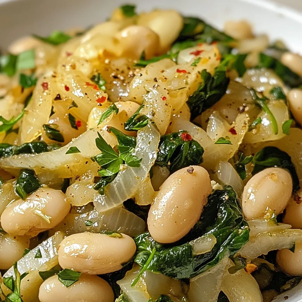 - 2 cans (15 oz each) white beans (cannellini or great northern), rinsed and drained - 4 cups fresh spinach, roughly chopped - 1 medium yellow onion, diced - 3 cloves garlic, minced White beans are the star of this dish. They give you protein and fiber. I prefer using cannellini or great northern beans. They are soft and creamy. Fresh spinach adds a vibrant color and nutrients. The onion and garlic provide a strong base of flavor. - 1 teaspoon ground cumin - 1 teaspoon smoked paprika - ½ teaspoon red pepper flakes (adjust for spice level) - 2 tablespoons olive oil The seasonings really bring this dish to life. Ground cumin and smoked paprika add warmth and depth. Red pepper flakes give it a nice kick. Olive oil helps everything cook and adds richness. - 1 cup vegetable broth - Juice of 1 lemon - Salt and pepper to taste - Fresh parsley, chopped, for garnish Vegetable broth keeps the dish moist and adds flavor. A squeeze of lemon brightens the whole skillet. Salt and pepper are essential for balance. Finally, fresh parsley adds a pop of color and freshness. {{ingredient_image_1}} - First, rinse and drain the white beans. This helps remove excess salt and starch. - Next, chop the fresh spinach into bite-sized pieces. - Dice the onion into small squares for even cooking. - Heat the olive oil in a large skillet over medium heat. - Add the diced onion and sauté for about 5 minutes. You want it soft and clear. - Toss in the minced garlic, cumin, smoked paprika, and red pepper flakes. Stir for a minute until it smells good. - Now, stir in the rinsed and drained white beans. - Pour in the vegetable broth and let it simmer gently for about 5 minutes. - Gradually add the chopped spinach to the skillet. Stir until the spinach wilts down, which takes about 2-3 minutes. - Squeeze the juice of one lemon over the dish. Mix everything well, adding salt and pepper to taste. - Finally, remove from heat and garnish with fresh parsley before serving. For a rustic look, serve it straight from the skillet. Enjoy with warm bread or over quinoa! To get the best flavor from your onions and garlic, heat your olive oil over medium heat. Add the diced onion first. Cook it for about 5 minutes until it’s soft and clear. Then add the minced garlic, cumin, smoked paprika, and red pepper flakes. Stir these well and let them cook for about a minute. This helps release their flavors. If you like more spice, just add more red pepper flakes. Start small, taste, and then adjust as needed. Remember, it’s easier to add than to take away! For a great meal, serve your Marry Me White Bean and Spinach Skillet with warm crusty bread. It’s perfect for dipping! You can also serve it over a bed of quinoa. This adds texture and makes the meal heartier. For a rustic look, serve the skillet directly on the table. Garnish it with fresh parsley. You can drizzle a little olive oil on top right before serving. It adds a nice shine! To make this dish even more exciting, consider adding a pinch of extra cumin or a dash of lemon zest. This can brighten the dish. You can also mix in some cherry tomatoes or bell peppers for more color and taste. If you need to make swaps for dietary needs, you can use vegetable broth for chicken broth. For a vegan option, make sure your vegetable broth is truly plant-based. You can also replace white beans with chickpeas or lentils if you prefer. Pro Tips Use Fresh Spinach: Fresh spinach adds a vibrant flavor and texture to the dish. If you're using frozen spinach, ensure it’s well-drained to avoid excess moisture. Customize the Spice Level: Adjust the amount of red pepper flakes to suit your taste. For a milder dish, reduce the quantity or omit it altogether. Enhance with Additional Veggies: Feel free to add other vegetables like bell peppers or zucchini to increase the nutritional value and add variety to the flavor profile. Perfect Pairings: This dish pairs wonderfully with crusty bread or a grain like quinoa. Consider serving with a side salad for a complete meal. {{image_2}} You can add protein to the Marry Me White Bean and Spinach Skillet. Chicken, shrimp, or tofu all work well. For chicken, cook bite-sized pieces in the skillet before the onion. This ensures it cooks through. Shrimp can be added after the garlic for a quick cook. Tofu is great for a vegan option. Just cube it and sauté until golden. Each protein change gives the dish a new taste. This recipe is already vegetarian. To make it vegan, ensure all ingredients align with vegan diets. Use vegetable broth for the base. This keeps the dish plant-based. You can also skip the lemon juice if you prefer a milder flavor. The recipe remains delicious without any animal products. You can boost the flavor in this dish by adding different spices. Try curry powder for an Indian twist. Or add Italian herbs like oregano and basil for a Mediterranean vibe. If you like heat, increase the red pepper flakes. You can also stir in sun-dried tomatoes for added depth. Each change gives you a chance to create your own version. To keep your Marry Me White Bean and Spinach Skillet fresh, store it right. First, let it cool to room temperature. Then, transfer the leftovers into a clean container. A glass or BPA-free plastic container works best. Make sure it has an airtight seal to keep moisture out. When you're ready to enjoy the leftovers, there are a few ways to reheat them. You can use the stovetop for even heating. Place the skillet over low heat and stir often. Alternatively, you can use a microwave. Just cover it with a lid or a microwave-safe wrap to keep the moisture in. Heat in short bursts, stirring in between. This delicious skillet dish can last up to three days in the fridge. If you need to keep it longer, consider freezing it. In the freezer, it can stay good for up to three months. Just remember to label the container with the date, so you know when you made it! You can pair this dish with many sides. Here are some great options: - Crusty bread for dipping - Quinoa for added texture - Brown rice for a hearty meal - A fresh garden salad for crunch - Roasted vegetables for extra flavor These sides will make your meal more filling and fun! Yes, you can prepare this dish in advance. Here are some simple tips: - Cook and cool the skillet dish, then store it in an airtight container. - Keep it in the fridge for up to three days. - Reheat it in a skillet over low heat, adding a splash of broth if needed. This way, you can enjoy it whenever you want! White beans and spinach are packed with nutrients. Here’s what they offer: - White beans: High in protein and fiber, they support digestion and heart health. - Spinach: Loaded with vitamins A, C, and K, it boosts immunity and bone health. Together, they make a balanced meal that is both tasty and healthy! This blog post covers a tasty Marry Me White Bean and Spinach Skillet. You learned about the main ingredients, like white beans and spinach, and the right spices to use. The step-by-step guide shows how to prep and cook the dish perfectly. We shared tips for serving, storage, and tasty variations. Overall, this dish is simple, healthy, and full of flavor. I hope you feel inspired to try it today!