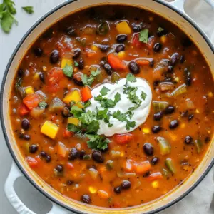 To make a tasty Spicy Black Bean Soup, you'll need: - 2 cups dried black beans (or 4 cans, drained and rinsed) - 1 medium onion, diced - 3 cloves garlic, minced - 1 medium bell pepper, diced - 1 carrot, diced - 1 celery stalk, diced - 1 can (14 oz) diced tomatoes (with juice) - 4 cups vegetable broth - 2 teaspoons ground cumin - 2 teaspoons chili powder - 1/2 teaspoon smoked paprika - 1/2 teaspoon cayenne pepper (adjust to taste) - Salt and pepper to taste - 1 tablespoon olive oil - Juice of 1 lime - Fresh cilantro, for garnish Dried black beans are great, but canned ones save time. The fresh veggies add texture and flavor. Spices give this soup its kick! You can make the soup even better with: - Sour cream or avocado for topping - Fresh herbs like cilantro for extra flavor These add-ins can turn your soup into a full meal. They also add creaminess and a fresh taste that balances the heat. Black beans are a superfood! They are full of fiber and protein. They help you feel full and support digestion. Each serving of this soup has about 200-250 calories. This soup is not just tasty; it’s good for you, too! It’s perfect for a healthy lunch or dinner. {{ingredient_image_1}} To start, you can choose between dried black beans or canned beans. If you use dried beans, soak them in water overnight. This softens them and cuts cooking time. Drain and rinse them well before cooking. For canned beans, simply drain and rinse them. This step removes excess salt and any canning liquid. Next, we will cook the vegetables. In a large pot, heat 1 tablespoon of olive oil over medium heat. Add diced onions, bell peppers, carrots, and celery. Sauté these for 5 to 7 minutes. You want the veggies to be tender. After that, add minced garlic, cumin, chili powder, smoked paprika, cayenne pepper, salt, and pepper. Cook for 1 to 2 minutes. This step builds great flavor. Now it's time to combine everything. Add the soaked black beans or canned beans and diced tomatoes to the pot. Pour in 4 cups of vegetable broth, and stir to mix. Bring the soup to a boil, then reduce the heat to low. Cover the pot and let it simmer. If you used dried beans, simmer for 30 to 40 minutes. For canned beans, simmer for 15 to 20 minutes. This helps meld the flavors. If you like a creamier soup, use an immersion blender to puree part of it. If you prefer a chunkier texture, leave it as is. Stir in the juice of one lime, and taste the soup. Adjust seasoning if needed. How do you adjust spice levels? Start with less cayenne pepper. You can always add more later. Taste the soup as it cooks. If it’s too mild, add a pinch of cayenne. Remember, the heat builds over time. What are alternatives to cayenne pepper? You can use paprika for a milder heat. For more spice, try crushed red pepper flakes or jalapeño. Each option adds a different flavor, so choose what you enjoy. Why is sautéing spices and vegetables important? Sautéing brings out the flavors. When you cook the onions and peppers, they become sweet and soft. This step builds a solid base for your soup. How can you use broth for added taste? Vegetable broth boosts the flavor of the soup. It adds depth that water cannot. Choose a low-sodium broth to control salt levels. What are the best practices for making this soup in advance? You can cook the soup and cool it before storing. This reduces bacteria growth. Portion it into containers for easy meals later. What are reheating tips for optimal taste? Reheat on the stove for the best texture. Add a splash of broth if it thickens too much. Stir well and heat until hot. Enjoy your warm, spicy black bean soup! Pro Tips Soaking Beans: Soak dried black beans overnight to reduce cooking time and enhance digestibility. Adjusting Spice Level: Start with 1/4 teaspoon of cayenne pepper if you're sensitive to heat; you can always add more later. Blending for Texture: Use an immersion blender to puree part of the soup for a creamy consistency while keeping some beans whole for texture. Garnishing Tips: Top the soup with fresh cilantro and a dollop of sour cream or avocado for a creamy contrast and added flavor. {{image_2}} You can make this soup vegan and gluten-free easily. Use vegetable broth to keep it plant-based. For creaminess, skip sour cream and opt for avocado. This soup is naturally gluten-free. Just check your broth and toppings to ensure they meet gluten-free standards. Want to change up the flavor? Try different chili peppers like jalapeños or poblano. They add heat and a unique taste. You can also mix in spices like oregano or coriander for more depth. Each pepper and spice can change the soup's personality. Serve your soup with warm bread or over rice for a filling meal. Garnish with fresh cilantro for a bright touch. The soup tastes best hot, but it can also be enjoyed warm. Enjoy it on a chilly day or any time you crave comfort. To store your Spicy Black Bean Soup, cool it down first. Pour the soup into an airtight container. This keeps it fresh. In the fridge, the soup lasts about 4 to 5 days. If you want to enjoy it later, freeze it instead. For proper freezing, let the soup cool completely. Then, pour it into freezer-safe bags or containers. Remove as much air as possible. This helps to prevent freezer burn. The soup can stay frozen for up to 3 months. To thaw, place the container in the fridge overnight. For quick thawing, use the microwave. When reheating, warm it on the stove or microwave until hot. You can get creative with your leftovers! Use the soup as a base for a burrito bowl. Add rice, cheese, and fresh veggies. You can also mix it with pasta for a unique dish. Another idea is to blend it into a sauce for tacos or nachos. The options are endless! To reduce the heat in your soup, you can use a few techniques. First, cut back on the cayenne pepper. You can start with a 1/4 teaspoon and taste as you go. Second, add dairy. Sour cream or cream can help cool down the spice. Lastly, add more broth or beans. This dilutes the heat and keeps the flavor strong. If you want to substitute spices, try using smoked paprika or regular paprika instead of cayenne. These spices add flavor without much heat. You can also add sugar. A small amount can balance the spice nicely. Yes, you can use other beans! Great options include pinto beans, kidney beans, or navy beans. Each type will bring a different taste and texture to your soup. When using dried beans, adjust the cooking times. Pinto beans take about the same time as black beans. Kidney beans may need a bit longer. If you use canned beans, simply drain and rinse them. They only need to heat through, so you can shorten the cooking time. Spicy black bean soup is very healthy. Black beans are packed with protein and fiber. They help keep you full and satisfied. Each serving has low calories, making it a great option for meals. This soup is also high in vitamins and minerals. The vegetables add nutrients, while the spices can boost your metabolism. Enjoying this soup can be a tasty way to eat well! In this article, I shared how to make a delicious Spicy Black Bean Soup. We explored key ingredients like black beans, fresh vegetables, and spices. I provided step-by-step instructions, tips for adjusting flavor and spice, and ideas for meal prep. You learned variations to meet dietary needs and storage methods to keep your soup fresh. Enjoying this soup means you're choosing a healthy option packed with taste. Now, go make your own batch and savor every spoonful!