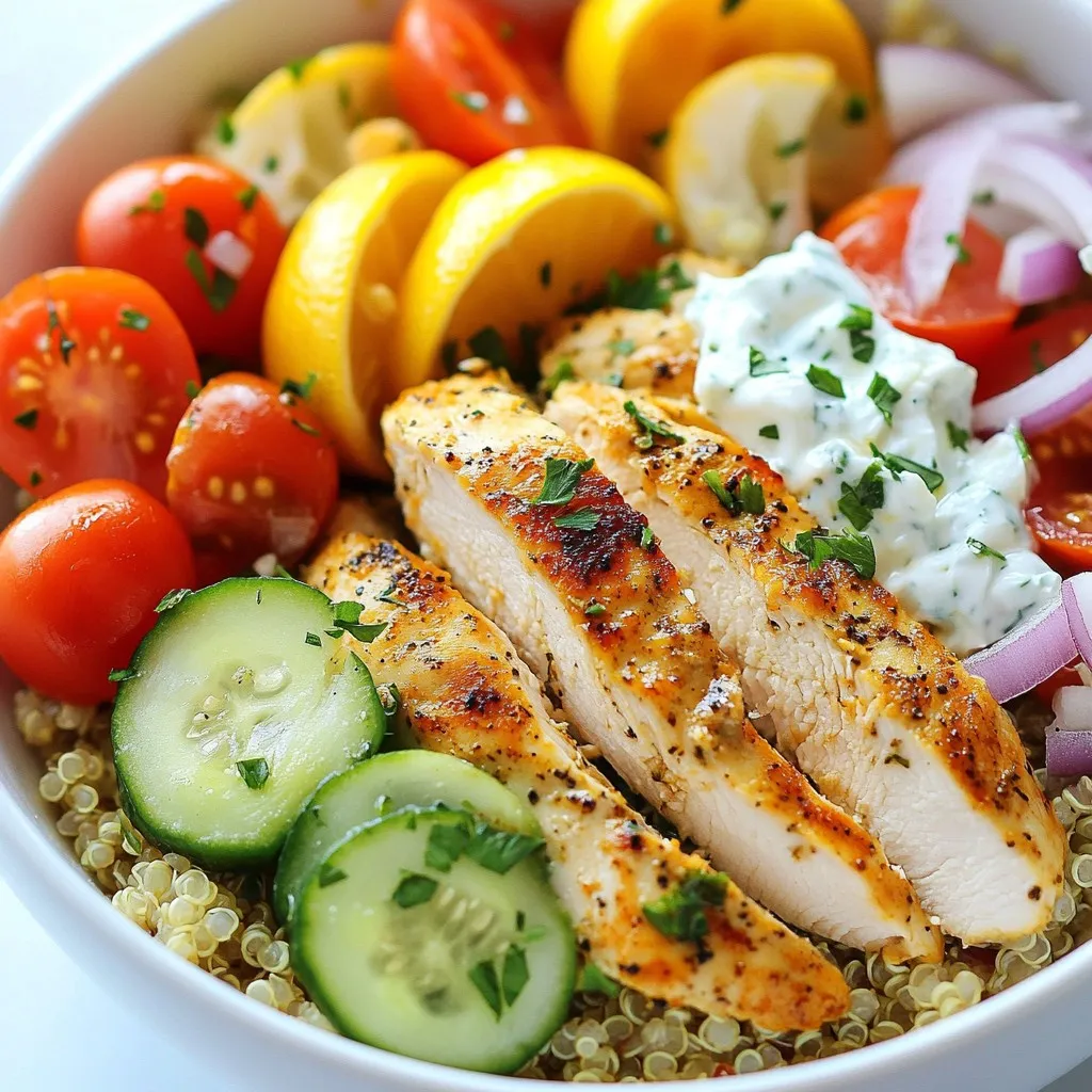 - 2 chicken breasts, sliced into strips - 1 cup quinoa, rinsed and drained - 1 cup cherry tomatoes, halved - 1 cucumber, diced - 1/2 red onion, thinly sliced - 1 cup feta cheese, crumbled - 1/4 cup fresh parsley, chopped In Greek chicken gyro bowls, the chicken serves as a tasty protein source. Quinoa adds healthy grains. Fresh vegetables like cherry tomatoes and cucumber provide crunch and color. Feta cheese adds a creamy taste, while parsley gives a fresh touch. - 2 tablespoons olive oil - 3 cloves garlic, minced - 1 teaspoon dried oregano - 1 teaspoon smoked paprika - Salt and pepper to taste These herbs and spices bring life to the dish. Olive oil adds richness. Garlic gives a strong flavor. Oregano and smoked paprika provide a warm aroma. Salt and pepper enhance all the tastes. - Tzatziki sauce for drizzling - Fresh parsley for garnish - Lemon zest for brightness Tzatziki sauce is a must for a creamy finish. It pairs well with the chicken and veggies. Fresh parsley adds color and flavor. Lemon zest gives a zesty kick, making the dish pop. {{ingredient_image_1}} - In a bowl, mix sliced chicken with olive oil, minced garlic, oregano, smoked paprika, salt, and pepper. - Make sure every piece is well coated. - Let the chicken marinate for at least 30 minutes in the fridge. This step adds great flavor! - In a saucepan, bring 2 cups of vegetable broth to a boil. - Measure 1 cup of rinsed quinoa and add it to the boiling broth. - Lower the heat, cover, and let it simmer for about 15 minutes. - Once the liquid is absorbed, fluff the quinoa with a fork and set it aside. - Heat a large skillet over medium-high heat. - Add the marinated chicken strips to the skillet. - Cook for 6-8 minutes, stirring now and then. - Look for a nice golden color and make sure the chicken is cooked through. - While the chicken cooks, chop the cherry tomatoes, cucumber, and red onion. - Also, crumble the feta cheese and chop the fresh parsley. - These toppings will add color and crunch to your bowl. - Start with a base of fluffy quinoa in each serving bowl. - Top it with the cooked chicken strips. - Add diced cucumber, halved cherry tomatoes, sliced red onion, crumbled feta, and chopped parsley. - Finish by drizzling lemon juice and tzatziki sauce over everything. - For an extra kick, sprinkle some lemon zest on top. To check if the chicken is done, use a meat thermometer. The chicken should reach 165°F. You can also cut a piece to see if it’s no longer pink inside. For a golden color, use high heat and avoid overcrowding in the pan. This helps the chicken brown evenly. To avoid mushy quinoa, rinse it well before cooking. This removes excess starch. Use a 2:1 ratio of broth to quinoa for perfect texture. You can also cook quinoa in a rice cooker for ease. Just follow the same ratio. For sauce variations, try adding herbs like dill or mint to tzatziki. You can also mix in yogurt for creaminess. If you want heat, add red pepper flakes or chili powder. These spices bring a nice kick to your dish. Pro Tips Marinate for Best Flavor: Allowing the chicken to marinate for at least 30 minutes enhances the flavor. For even more depth, marinate overnight in the refrigerator. Cooking Quinoa Perfectly: Ensure you rinse the quinoa before cooking to remove its natural bitter coating. This step will help achieve a fluffier texture. Fresh Ingredients Matter: Use fresh vegetables and herbs for the best taste. Fresh parsley and ripe tomatoes can elevate the dish significantly. Customize Your Toppings: Feel free to add other toppings like olives, bell peppers, or avocado for a personalized touch. This makes each bowl unique and flavorful. {{image_2}} For a tasty vegetarian version of Greek chicken gyro bowls, you can swap chicken for chickpeas or grilled vegetables. Chickpeas offer a great protein source and add a nutty flavor. Grilled eggplant or zucchini can add a nice texture. You can also try marinated tofu for a different twist. If you want to replace quinoa, consider using brown rice or farro. Both grains give a nice chewiness. For gluten-free options, try using cauliflower rice or millet. These alternatives bring a new taste while keeping the meal light and healthy. To boost your bowls, think about adding olives, roasted red peppers, or artichokes. These toppings can add extra flavor and make your meal more colorful. For a fusion idea, try adding Korean kimchi or spicy sriracha for a unique kick. Store your Greek chicken gyro bowls in airtight containers. This keeps the flavors fresh. Use glass or BPA-free plastic containers. They are great for keeping food safe. You can keep leftovers for up to three days in the fridge. After that, the quality may drop. To freeze your gyro bowls, separate the chicken and toppings from the quinoa. This helps keep the texture right. Place the chicken and quinoa in freezer-safe bags. Remove as much air as you can. You can freeze them for up to three months. When you're ready, thaw overnight in the fridge. Reheat the chicken in a skillet until hot. You can microwave the quinoa if you like it quick. For meal prep, cook the chicken and quinoa in advance. Store them in separate containers. This makes it easy to grab and go. You can assemble bowls fresh each day. When reheating, use a microwave or skillet. This keeps the chicken juicy and the quinoa fluffy. Yes, you can make Greek chicken gyro bowls ahead of time. This meal is great for meal prep. You can cook the chicken and quinoa, then store them separately. Keep the veggies and toppings fresh in the fridge. Use airtight containers for storage. The chicken and quinoa last about three to four days in the fridge. Just reheat the chicken when you're ready to eat. This saves time on busy days and keeps meals ready. If you don't have tzatziki sauce, don't worry! You can use yogurt mixed with herbs. Try Greek yogurt with dill and garlic for a fresh taste. Hummus is another great option. It adds creaminess and pairs well with the chicken. For a spicy kick, use a hot sauce or chili oil. You can also mix sour cream with lemon juice for a tangy flavor. These substitutions keep your gyro bowls delicious and fun. Yes, Greek chicken gyro bowls are healthy! They are full of protein from chicken and quinoa. The veggies add fiber and vitamins. Feta cheese gives you calcium, too. Each bowl has a balanced mix of nutrients. A serving has about 450-500 calories, depending on toppings. You can adjust the portions to fit your diet. Overall, this meal is tasty and nutritious, making it a smart choice for lunch or dinner. In this blog post, we explored how to create delicious Greek chicken gyro bowls. We covered essential ingredients like chicken, quinoa, and spices. You learned how to marinate chicken and cook quinoa perfectly. We also shared tips for toppings and storage. These bowls are not only tasty but also easy to customize. Remember, meal prep can save time during busy days. Enjoy making these bowls as a satisfying meal option. Your kitchen is ready; have fun experimenting!