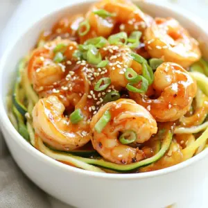 - 2 medium zucchinis (zoodles) - 1 pound large shrimp, peeled and deveined - ¼ cup low-sodium soy sauce - 2 tablespoons honey or maple syrup - 1 tablespoon sesame oil - 1 tablespoon rice vinegar - 2 cloves garlic, minced - 1 teaspoon fresh ginger, grated - 2 green onions, chopped - Sesame seeds - Salt and pepper to taste - Olive oil for cooking Creating Teriyaki Shrimp Zoodles is simple with these fresh ingredients. Zucchini makes a great base with a light taste. Shrimp adds protein and flavor. The sauce combines soy sauce, honey, sesame oil, rice vinegar, garlic, and ginger. This mix offers a sweet and savory kick. Topping the dish with green onions and sesame seeds adds texture and brightness. These garnishes make your meal look and taste great. Use salt and pepper to season the shrimp just right. Olive oil helps cook the shrimp to a perfect finish. Each ingredient plays a role in making this dish a delicious, balanced meal. {{ingredient_image_1}} How do you spiralize zucchini into zoodles? Start by washing the zucchinis. Trim the ends, then use a spiralizer. Twist the zucchini to create long, noodle-like strands. If you don’t have a spiralizer, try a julienne peeler. This tool makes thin strips, similar to zoodles. Both methods work well, so choose what you have on hand. How do you make the teriyaki sauce? In a medium bowl, whisk together the soy sauce, honey or maple syrup, sesame oil, rice vinegar, minced garlic, and grated ginger. Combine these ingredients until smooth. This sauce brings sweet and savory flavors to the shrimp and zoodles. Adjust the sweetness to your taste by adding more honey or maple syrup. How do you sauté shrimp to perfect doneness? Heat a large skillet over medium-high heat. Add a drizzle of olive oil and let it heat up. Place the shrimp in the pan. Season them lightly with salt and pepper. Cook the shrimp for 2-3 minutes on one side. They should turn pink. Flip the shrimp and pour the teriyaki sauce over them. Cook for another 2-3 minutes. Stir occasionally until the shrimp are fully cooked and well coated. How do you integrate the zoodles and sauce for optimal flavor? Add the zoodles to the skillet with the shrimp. Toss them together so the zoodles soak up the sauce. Cook for an additional 2-3 minutes. This lets the zoodles become tender while staying slightly crunchy. Once everything is well combined, remove the skillet from heat. Enjoy this light and flavorful meal! To make your teriyaki sauce shine, you can adjust the sweetness. If you prefer a sweeter taste, add more honey or maple syrup. A little extra sweetness can make the flavors pop. You might also want to enhance the sauce with extra spices. A pinch of red pepper flakes or a dash of sesame oil can add depth. Experimenting with spices keeps it fun and fresh! Zoodles can turn mushy if cooked too long. To avoid this, cook them just until tender. This usually takes about 2-3 minutes. Keep them a bit crunchy for the best texture. You can also try salting the zoodles before cooking. This helps draw out moisture and keeps them firm. A quick toss in the skillet with olive oil works wonders! Cooking shrimp to perfection is key. They should be pink and opaque when done. This usually takes just 2-3 minutes on each side. Be careful not to overcook them. Overcooked shrimp can become rubbery and tough. If they curl up tightly, it’s a sign they’re overdone. Keep a close eye on them while cooking for the best results! Pro Tips Perfect Zoodles: To keep zoodles from becoming soggy, avoid overcooking them. Just a few minutes in the skillet will ensure they remain crisp and al dente. Flavor Boost: For an extra layer of flavor, marinate the shrimp in the teriyaki sauce for about 15-30 minutes before cooking. Fresh Ingredients: Always use fresh garlic and ginger for the best flavor. If using pre-minced garlic or ginger, consider reducing the quantity to avoid overpowering the dish. Garnish Wisely: Don’t skip the garnishes! A sprinkle of sesame seeds and green onions not only adds visual appeal but also enhances the taste and texture of the dish. {{image_2}} You can switch shrimp for other proteins. Chicken works well and is a great option. Use boneless chicken breasts for easy cooking. Simply cut them into bite-sized pieces and cook them in the pan as you would shrimp. Tofu is another good choice. Just press and cube it, then sauté until golden. If you want more seafood, consider scallops or salmon. Both add a rich flavor and pair nicely with teriyaki sauce. While zucchini is popular, other veggies can make tasty zoodles too. Try carrots for a sweet crunch. Spiralized carrots add color and nutrients. Cucumber zoodles are light and refreshing. You can also use sweet potato for a heartier dish. If you prefer noodles, whole grain options work well. Brown rice noodles or whole wheat spaghetti can add extra fiber and flavor. To spice up your dish, add chili flakes for heat. A pinch will give it a nice kick. If you like more texture, toss in extra veggies like bell peppers or snap peas. They add color and nutrients. You can also try adding a dash of sesame seeds while cooking for extra crunch. Mixing in fresh herbs like cilantro or basil can bring a fresh twist to the dish. To store your Teriyaki Shrimp Zoodles, first let them cool down. Place any leftovers in an airtight container. Keep them in the fridge. They will stay fresh for up to three days. Make sure to avoid adding extra sauce to the leftovers. This helps keep the zoodles from getting soggy. When you're ready to enjoy your leftovers, you can reheat them easily. The best way is to use a skillet. Heat a little olive oil over medium heat. Add the zoodles and shrimp. Stir gently until they warm up. This keeps the zoodles crunchy. You can also use a microwave. Just place the zoodles and shrimp in a bowl. Cover it with a damp paper towel. Heat for about one to two minutes. Check to make sure they are warm throughout. Can you freeze Teriyaki Shrimp Zoodles? Yes, but it's best to freeze the shrimp and sauce separately from the zoodles. Cooked zoodles can become mushy when frozen. To freeze, place the shrimp and sauce in a freezer-safe bag. Squeeze out as much air as possible. For zoodles, wrap them tightly in plastic wrap. Then place them in a freezer bag. When you're ready to eat, thaw the shrimp in the fridge overnight. For zoodles, you can cook them directly from frozen. Just add a few extra minutes to your cooking time. Zucchini noodles, or zoodles, are thin strips made from zucchini. You can create them using a spiralizer or a julienne peeler. Zoodles are a great low-carb option that adds nutrition to your meals. They are rich in vitamins A and C, potassium, and fiber. Eating zoodles can help you feel full without many calories. This makes them perfect for light meals. Yes, you can easily make this dish gluten-free. Simply swap the low-sodium soy sauce for a gluten-free version. Look for tamari sauce, which is made without wheat. You can also use coconut aminos for a different flavor. Both work well in the teriyaki sauce. Teriyaki shrimp zoodles last about 2 to 3 days in the fridge. Store the dish in an airtight container. To keep it fresh, let it cool before sealing. Reheat thoroughly before eating. If you notice any off smells or changes in color, it’s best to throw it out. Always prioritize your safety with food. This recipe shows you how to make Teriyaki Shrimp Zoodles. You start by making zoodles from zucchini and cooking shrimp to a perfect texture. Next, you whip up a quick teriyaki sauce. You can customize flavors with spices or swap shrimp for chicken or tofu. For storage, refrigerate leftovers and note how long they last. With these steps, you can create a tasty, healthy meal. Enjoy your cooking and the fresh flavors!
