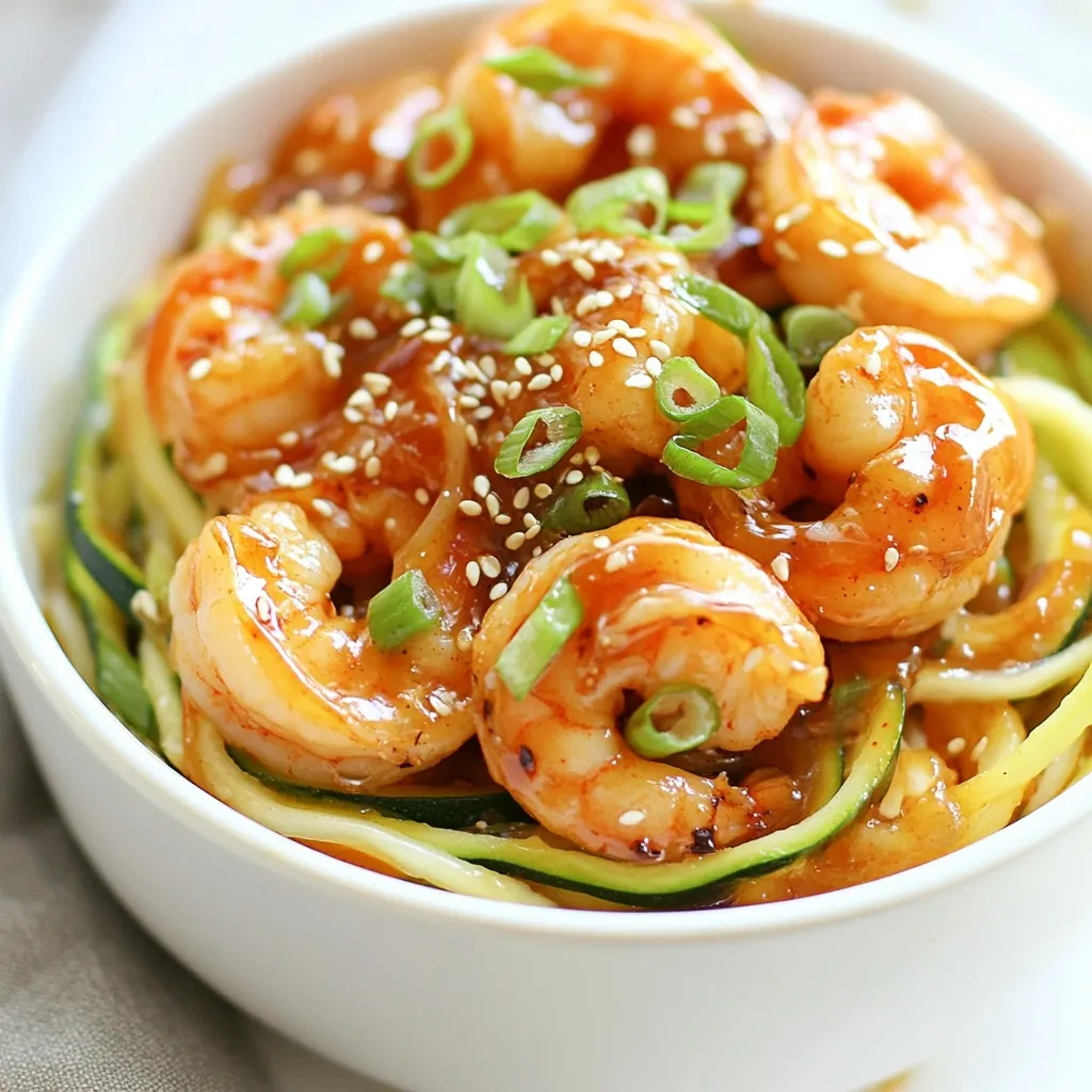 - 2 medium zucchinis (zoodles) - 1 pound large shrimp, peeled and deveined - ¼ cup low-sodium soy sauce - 2 tablespoons honey or maple syrup - 1 tablespoon sesame oil - 1 tablespoon rice vinegar - 2 cloves garlic, minced - 1 teaspoon fresh ginger, grated - 2 green onions, chopped - Sesame seeds - Salt and pepper to taste - Olive oil for cooking Creating Teriyaki Shrimp Zoodles is simple with these fresh ingredients. Zucchini makes a great base with a light taste. Shrimp adds protein and flavor. The sauce combines soy sauce, honey, sesame oil, rice vinegar, garlic, and ginger. This mix offers a sweet and savory kick. Topping the dish with green onions and sesame seeds adds texture and brightness. These garnishes make your meal look and taste great. Use salt and pepper to season the shrimp just right. Olive oil helps cook the shrimp to a perfect finish. Each ingredient plays a role in making this dish a delicious, balanced meal. {{ingredient_image_1}} How do you spiralize zucchini into zoodles? Start by washing the zucchinis. Trim the ends, then use a spiralizer. Twist the zucchini to create long, noodle-like strands. If you don’t have a spiralizer, try a julienne peeler. This tool makes thin strips, similar to zoodles. Both methods work well, so choose what you have on hand. How do you make the teriyaki sauce? In a medium bowl, whisk together the soy sauce, honey or maple syrup, sesame oil, rice vinegar, minced garlic, and grated ginger. Combine these ingredients until smooth. This sauce brings sweet and savory flavors to the shrimp and zoodles. Adjust the sweetness to your taste by adding more honey or maple syrup. How do you sauté shrimp to perfect doneness? Heat a large skillet over medium-high heat. Add a drizzle of olive oil and let it heat up. Place the shrimp in the pan. Season them lightly with salt and pepper. Cook the shrimp for 2-3 minutes on one side. They should turn pink. Flip the shrimp and pour the teriyaki sauce over them. Cook for another 2-3 minutes. Stir occasionally until the shrimp are fully cooked and well coated. How do you integrate the zoodles and sauce for optimal flavor? Add the zoodles to the skillet with the shrimp. Toss them together so the zoodles soak up the sauce. Cook for an additional 2-3 minutes. This lets the zoodles become tender while staying slightly crunchy. Once everything is well combined, remove the skillet from heat. Enjoy this light and flavorful meal! To make your teriyaki sauce shine, you can adjust the sweetness. If you prefer a sweeter taste, add more honey or maple syrup. A little extra sweetness can make the flavors pop. You might also want to enhance the sauce with extra spices. A pinch of red pepper flakes or a dash of sesame oil can add depth. Experimenting with spices keeps it fun and fresh! Zoodles can turn mushy if cooked too long. To avoid this, cook them just until tender. This usually takes about 2-3 minutes. Keep them a bit crunchy for the best texture. You can also try salting the zoodles before cooking. This helps draw out moisture and keeps them firm. A quick toss in the skillet with olive oil works wonders! Cooking shrimp to perfection is key. They should be pink and opaque when done. This usually takes just 2-3 minutes on each side. Be careful not to overcook them. Overcooked shrimp can become rubbery and tough. If they curl up tightly, it’s a sign they’re overdone. Keep a close eye on them while cooking for the best results! Pro Tips Perfect Zoodles: To keep zoodles from becoming soggy, avoid overcooking them. Just a few minutes in the skillet will ensure they remain crisp and al dente. Flavor Boost: For an extra layer of flavor, marinate the shrimp in the teriyaki sauce for about 15-30 minutes before cooking. Fresh Ingredients: Always use fresh garlic and ginger for the best flavor. If using pre-minced garlic or ginger, consider reducing the quantity to avoid overpowering the dish. Garnish Wisely: Don’t skip the garnishes! A sprinkle of sesame seeds and green onions not only adds visual appeal but also enhances the taste and texture of the dish. {{image_2}} You can switch shrimp for other proteins. Chicken works well and is a great option. Use boneless chicken breasts for easy cooking. Simply cut them into bite-sized pieces and cook them in the pan as you would shrimp. Tofu is another good choice. Just press and cube it, then sauté until golden. If you want more seafood, consider scallops or salmon. Both add a rich flavor and pair nicely with teriyaki sauce. While zucchini is popular, other veggies can make tasty zoodles too. Try carrots for a sweet crunch. Spiralized carrots add color and nutrients. Cucumber zoodles are light and refreshing. You can also use sweet potato for a heartier dish. If you prefer noodles, whole grain options work well. Brown rice noodles or whole wheat spaghetti can add extra fiber and flavor. To spice up your dish, add chili flakes for heat. A pinch will give it a nice kick. If you like more texture, toss in extra veggies like bell peppers or snap peas. They add color and nutrients. You can also try adding a dash of sesame seeds while cooking for extra crunch. Mixing in fresh herbs like cilantro or basil can bring a fresh twist to the dish. To store your Teriyaki Shrimp Zoodles, first let them cool down. Place any leftovers in an airtight container. Keep them in the fridge. They will stay fresh for up to three days. Make sure to avoid adding extra sauce to the leftovers. This helps keep the zoodles from getting soggy. When you're ready to enjoy your leftovers, you can reheat them easily. The best way is to use a skillet. Heat a little olive oil over medium heat. Add the zoodles and shrimp. Stir gently until they warm up. This keeps the zoodles crunchy. You can also use a microwave. Just place the zoodles and shrimp in a bowl. Cover it with a damp paper towel. Heat for about one to two minutes. Check to make sure they are warm throughout. Can you freeze Teriyaki Shrimp Zoodles? Yes, but it's best to freeze the shrimp and sauce separately from the zoodles. Cooked zoodles can become mushy when frozen. To freeze, place the shrimp and sauce in a freezer-safe bag. Squeeze out as much air as possible. For zoodles, wrap them tightly in plastic wrap. Then place them in a freezer bag. When you're ready to eat, thaw the shrimp in the fridge overnight. For zoodles, you can cook them directly from frozen. Just add a few extra minutes to your cooking time. Zucchini noodles, or zoodles, are thin strips made from zucchini. You can create them using a spiralizer or a julienne peeler. Zoodles are a great low-carb option that adds nutrition to your meals. They are rich in vitamins A and C, potassium, and fiber. Eating zoodles can help you feel full without many calories. This makes them perfect for light meals. Yes, you can easily make this dish gluten-free. Simply swap the low-sodium soy sauce for a gluten-free version. Look for tamari sauce, which is made without wheat. You can also use coconut aminos for a different flavor. Both work well in the teriyaki sauce. Teriyaki shrimp zoodles last about 2 to 3 days in the fridge. Store the dish in an airtight container. To keep it fresh, let it cool before sealing. Reheat thoroughly before eating. If you notice any off smells or changes in color, it’s best to throw it out. Always prioritize your safety with food. This recipe shows you how to make Teriyaki Shrimp Zoodles. You start by making zoodles from zucchini and cooking shrimp to a perfect texture. Next, you whip up a quick teriyaki sauce. You can customize flavors with spices or swap shrimp for chicken or tofu. For storage, refrigerate leftovers and note how long they last. With these steps, you can create a tasty, healthy meal. Enjoy your cooking and the fresh flavors!