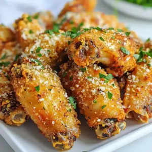 To create the best Garlic Parmesan Air Fryer Wings, you need the right ingredients. Here’s what to gather: - 2 lbs chicken wings - 1 tablespoon olive oil - 1 teaspoon garlic powder - 1 teaspoon onion powder - 1 teaspoon smoked paprika - Salt and pepper to taste - ½ cup grated Parmesan cheese - 2 tablespoons fresh parsley, chopped (for garnish) Each ingredient plays a key role in making these wings crispy and full of flavor. The chicken wings are the star, and you want fresh ones. The olive oil helps with crisping them up in the air fryer. Garlic powder and onion powder add depth to the flavor. Smoked paprika gives a hint of smokiness that pairs well with the wings. Salt and pepper balance everything out. The grated Parmesan cheese is what makes these wings special. It creates a wonderful, cheesy crust that you’ll love. Finally, fresh parsley adds a pop of color and freshness when you serve your wings. This simple list of ingredients will set you on the path to making delightful wings. Don't skip any of them! Each one contributes to the overall taste and experience. {{ingredient_image_1}} First, set your air fryer to 400°F (200°C). Preheat it for about 5 minutes. This step is key for crispy wings. A hot air fryer cooks wings evenly and gives them a great crunch. In a large bowl, add the chicken wings. Drizzle 1 tablespoon of olive oil over them. This oil helps spices stick. Next, sprinkle in 1 teaspoon each of garlic powder, onion powder, and smoked paprika. Add salt and pepper to taste. Toss the wings well. Make sure every wing is covered in spices. A good mix will boost the flavor. Place the wings in a single layer in the air fryer basket. Do not crowd them. If your air fryer is small, cook in batches. Air fry the wings for 25-30 minutes. Shake the basket halfway through cooking. This ensures all sides get crispy. The wings are done when they reach an internal temperature of 165°F (74°C) and are golden brown. Once the wings are cooked, transfer them to a mixing bowl. While they are hot, sprinkle ½ cup of grated Parmesan cheese over them. Toss well to coat each wing with cheese. For extra cheese goodness, return the wings to the air fryer for another 2-3 minutes. This melts the cheese just right. Finally, garnish with 2 tablespoons of chopped fresh parsley. Serve your wings hot and enjoy the crunch! To make your wings extra crispy, follow a few key steps. First, make sure to pat the wings dry with paper towels. Removing moisture helps them crisp up better. Next, use olive oil sparingly. This light coating helps the seasonings stick and promotes crispiness. When air frying, avoid overcrowding the basket. Give each wing space to allow hot air to circulate. Lastly, shake the basket halfway through cooking. This ensures even crispness on all sides. Seasoning is vital for flavor. Start with a solid mix of garlic powder, onion powder, and smoked paprika. These spices add depth and warmth. Don’t forget salt and pepper; they enhance all the flavors. Mix the seasonings well before adding them to the wings. Toss the wings in a large bowl to coat them evenly. After adding Parmesan cheese, toss again while the wings are hot. This melts the cheese slightly and makes it stick better. You can use various cuts of chicken wings. Whole wings include the drumette, wingette, and tip. Cutting them up helps with cooking time and makes serving easier. If you prefer, use just drumsticks for a meatier bite. They cook well in the air fryer and still get crispy. You can also try using boneless chicken for a quick option. Boneless wings cook faster and soak up flavors nicely. Just remember, cooking times may vary based on the cut you choose. Pro Tips Pat the Wings Dry: For extra crispiness, make sure to pat the chicken wings dry with paper towels before seasoning. This helps remove excess moisture. Use Fresh Spices: For the best flavor, use fresh spices and seasonings. They can make a significant difference in the overall taste of your wings. Don’t Overcrowd the Basket: Make sure the wings are in a single layer and not overcrowded in the air fryer. This allows for better air circulation and crisping. Experiment with Flavors: Feel free to customize your seasoning mix by adding your favorite spices or even a dash of hot sauce for a kick! {{image_2}} You can switch things up with different flavors. For a spicy kick, try Spicy Garlic Parmesan Wings. Just add some cayenne pepper or hot sauce to your seasoning mix. This heat pairs well with the garlic and cheese. It makes the wings pop with flavor. Another great option is Lemon Herb Wings. Use fresh lemon juice and herbs like thyme or rosemary. The citrus brightens the dish and adds freshness. This variation is perfect for a lighter taste. To make your meal even better, consider side dishes that go well with the wings. A fresh salad or crispy fries can balance the flavors. You might also serve them with roasted vegetables for a healthy twist. Dipping sauces enhance the experience. Classic choices include ranch or blue cheese dressing. You can also try a zesty garlic aioli. The creamy dips pair nicely with the crunchy wings, making each bite even more enjoyable. You can store leftover wings in the fridge. Place the wings in an airtight container. They will stay fresh for 3 to 4 days. Make sure to let them cool before covering. This keeps them crispy longer. If you plan to eat them later, store them right away. To freeze the wings, let them cool completely first. Place them in a freezer-safe bag or container. Press out as much air as you can. This helps prevent freezer burn. You can keep them frozen for up to 3 months. When you're ready to eat, just thaw and reheat. Reheating wings can bring back their crispy texture. The best way is to use the air fryer. Preheat it to 375°F (190°C). Place the wings in for about 5 to 8 minutes. This will help them crisp up again. You can also use an oven set at 350°F (175°C). Bake for about 10-15 minutes. Just make sure they reach 165°F (74°C) inside. Enjoy your tasty wings! Cook the wings for 25-30 minutes at 400°F. Shake the basket halfway through. This helps them cook evenly. You want the wings crispy and at least 165°F inside. Yes, you can use frozen wings. Just cook them a bit longer. Add about 5-10 extra minutes to the cooking time. Make sure they are fully cooked and crispy. You can use Pecorino Romano for a similar taste. Grated nutritional yeast is a good vegan option. Both add great flavor to your wings. Use less olive oil when coating the wings. You can also choose skinless wings for a lighter option. Air frying already reduces grease compared to traditional frying. You now know how to make delicious garlic Parmesan wings in an air fryer. We covered the best ingredients and step-by-step instructions for perfect cooking. I shared tips to achieve that extra crispiness and ideas for different seasonings. You can also find storage info for keeping leftover wings fresh. Enjoy making these tasty wings for your next meal or snack. Trust me, they will impress everyone!