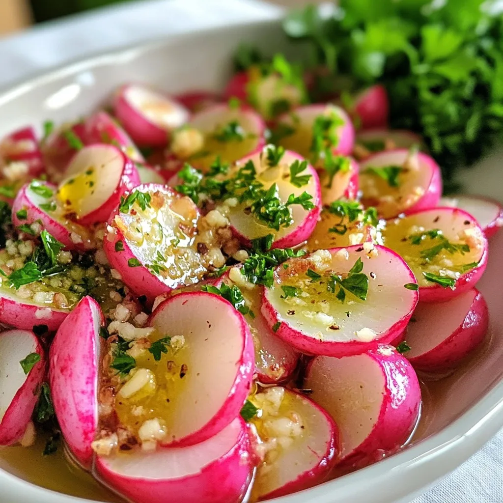 For Garlic Parmesan Roasted Radishes, you need a few simple items: - 1 lb radishes, trimmed and halved - 3 tablespoons olive oil - 4 cloves garlic, minced - 1/2 teaspoon salt - 1/4 teaspoon black pepper - 1/4 teaspoon smoked paprika - 1/2 cup grated Parmesan cheese - Fresh parsley, chopped (for garnish) These fresh radishes bring a crunchy texture. Olive oil helps them roast well. Garlic adds a savory touch, while salt and pepper give the right flavors. Smoked paprika adds a hint of warmth, and Parmesan cheese gives a nice cheesy crust. If you want to take your radishes to the next level, consider these optional ingredients: - Lemon zest for brightness - A dash of cayenne for heat - Fresh thyme or rosemary for an herbal note These options can change the flavor profile. Lemon zest brightens the dish, while cayenne adds spice. Fresh herbs bring a lovely aroma and taste. Each serving has important nutrients. Here’s a quick breakdown: - Calories: About 150 - Protein: 5g - Carbohydrates: 10g - Fiber: 3g - Fat: 11g Radishes are low in calories but high in fiber. The Parmesan adds a bit of fat and protein. This dish is a healthy choice that satisfies your taste buds. Enjoy Garlic Parmesan Roasted Radishes for a tasty side! {{ingredient_image_1}} First, gather your ingredients. You’ll need 1 pound of radishes, 3 tablespoons of olive oil, and 4 cloves of minced garlic. You will also need 1/2 teaspoon of salt, 1/4 teaspoon of black pepper, and 1/4 teaspoon of smoked paprika. Lastly, grab 1/2 cup of grated Parmesan cheese and some fresh parsley for garnish. Next, trim your radishes and cut them in half. This helps them roast evenly. In a large bowl, mix the halved radishes with olive oil, minced garlic, salt, black pepper, and smoked paprika. Toss everything well, so the radishes get a nice coat. Now, preheat your oven to 425°F (220°C). Spread the seasoned radishes on a baking sheet lined with parchment paper. Make sure they are in a single layer. This allows them to roast better. Roast the radishes for 20 minutes. After 20 minutes, take the baking sheet out of the oven. Sprinkle the grated Parmesan cheese evenly over the radishes. This adds a delicious flavor and texture. Return the baking sheet to the oven and roast for an additional 10 to 12 minutes. The radishes should become tender, and the cheese should melt and turn golden. Once the radishes are done, take them out of the oven. Let them cool for a few minutes to avoid burns. Then, transfer the radishes to a serving dish. Garnish with fresh chopped parsley for a pop of color and flavor. Serve warm and enjoy this tasty dish! When picking radishes, look for firm ones. They should feel heavy for their size. Avoid radishes with soft spots or dark marks. The color should be bright and vibrant. Fresh radishes have a crisp texture and a mild smell. Smaller radishes tend to be sweeter and less spicy. To roast radishes well, cut them in half for even cooking. Toss them with olive oil and spices to add flavor. Use parchment paper on your baking sheet to prevent sticking. Spread the radishes out in a single layer for even roasting. Roast them at a high temperature, around 425°F (220°C). This helps them caramelize and get a nice color. Stir them halfway through cooking for the best results. Garlic Parmesan roasted radishes make a great side dish. They pair well with grilled meats or fish. You can also serve them with pasta or rice. For a fresh touch, add a squeeze of lemon juice on top. Garnish with chopped parsley for color and flavor. These radishes are tasty hot or at room temperature. Enjoy them as a snack, too! Pro Tips Choose Fresh Radishes: Look for firm radishes with vibrant color to ensure the best flavor and texture. Adjust the Seasoning: Feel free to customize the spice levels by adding more smoked paprika or even a pinch of cayenne for extra heat. Experiment with Cheese: While Parmesan adds a delicious flavor, try swapping it with Pecorino Romano or a dairy-free alternative for different taste profiles. Serve Immediately: For the best texture and flavor, serve the roasted radishes right after they come out of the oven while they're still hot and crispy. {{image_2}} You can change the flavor of Garlic Parmesan Roasted Radishes. Try fresh herbs like thyme or rosemary. They add a lovely aroma and taste. You can also use dried herbs if fresh ones aren’t available. A pinch of oregano or basil can work well too. For a spicy kick, add red pepper flakes or cayenne pepper. This makes the dish more exciting and unique. To make this dish vegan, swap out the Parmesan cheese. Nutritional yeast gives a cheesy flavor without dairy. It’s a great choice for those who avoid animal products. You can also try a vegan cheese that melts well. Just be sure to check its ingredients. Use olive oil as your main fat. This keeps the dish rich and tasty. Pair your radishes with tasty dips or sauces. A simple garlic aioli works wonders. Just mix vegan mayo with garlic and lemon juice. You could also serve them with a spicy salsa or a tangy yogurt dip. For a refreshing touch, try a lemon vinaigrette. This adds brightness to each bite. Each option brings out the flavors of the radishes in a fun way. To keep Garlic Parmesan Roasted Radishes fresh, let them cool first. Place them in an airtight container. This helps to lock in flavor and moisture. Store them in the fridge. They stay good for about three to four days. Avoid leaving them out at room temperature for too long. When you're ready to enjoy leftovers, you can reheat them easily. Preheat your oven to 350°F (175°C). Spread the radishes in a single layer on a baking sheet. Heat them for about 10 to 15 minutes. This will help them regain their crispness. You can also use a microwave, but they may not be as crispy. Garlic Parmesan Roasted Radishes can last up to four days in the fridge. If you freeze them, they keep for about one month. However, freezing may change their texture. For the best flavor, try to eat them fresh. Enjoy the taste of this dish while it’s at its peak! Yes, you can prepare the radishes ahead. Toss them with oil and spices. Store in the fridge for up to a day. When ready, roast them as directed. The radishes will still taste great. Radishes are very healthy! They are low in calories and high in fiber. They also have vitamin C and antioxidants. Eating radishes can help with digestion and boost your immune system. Plus, they add a nice crunch to your meals. Yes, feel free to switch the cheese! Cheddar or feta can work well. Each cheese will give a different taste. Experiment to find your favorite. Just keep the amount similar to Parmesan for best results. We’ve explored garlic Parmesan roasted radishes, covering ingredients, preparation, and tips. You learned about optional flavor enhancers, nutritional info, and variations to suit your taste. Don’t forget storage tips to keep leftovers fresh. Enjoy experimenting with herbs or dairy-free options. This dish can fit any meal. With these insights, you can create delicious roasted radishes that everyone will love. Enjoy your cooking adventure!