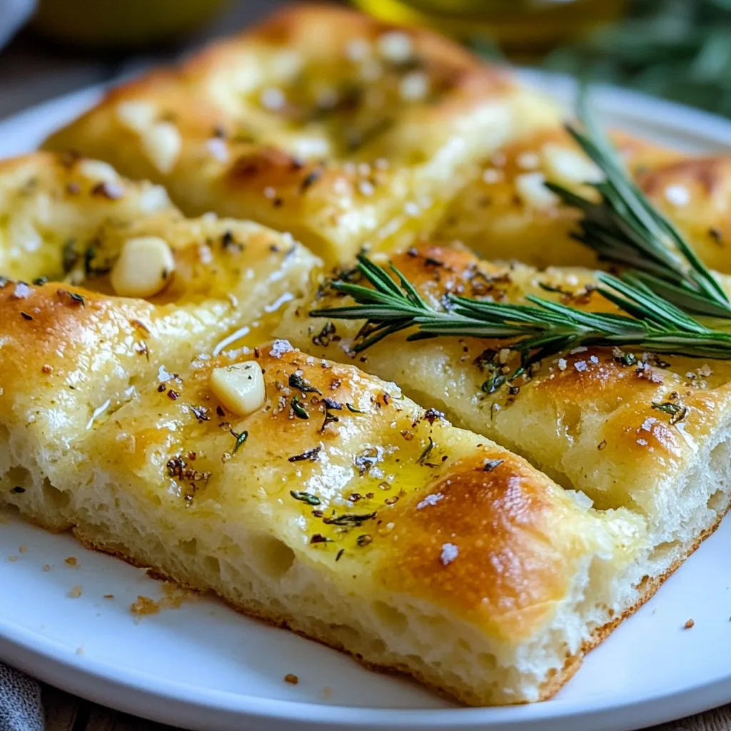 - 4 cups all-purpose flour - 1 tablespoon instant yeast - 2 teaspoons salt - 1 tablespoon sugar - 1 ½ cups warm water (about 110°F) - 1/4 cup olive oil (plus more for drizzling) - 6 cloves garlic, minced - 2 teaspoons dried oregano - 2 teaspoons dried rosemary - Freshly cracked black pepper (to taste) - Sea salt for topping - Fresh rosemary sprigs for garnish To make garlic herb focaccia bread, gather your ingredients first. High-quality ingredients make great bread. Use all-purpose flour for the best texture. Instant yeast makes rising fast and easy. Salt and sugar balance the flavors. Warm water activates the yeast and helps the dough rise. Olive oil adds moisture and richness. Now, let’s talk about the herbs. Fresh herbs add bright flavor. I love using garlic, oregano, and rosemary. You can adjust these herbs based on your taste. - Cheese (like Parmesan or mozzarella) - Olives or sundried tomatoes - Additional fresh herbs Feel free to customize your focaccia. Adding cheese like Parmesan gives it a savory twist. Chopped olives or sundried tomatoes add a nice touch of flavor. You can also toss in extra fresh herbs for more aroma and taste. {{ingredient_image_1}} Start by mixing warm water, sugar, and instant yeast in a large bowl. Let this sit for 5 minutes until it gets frothy. This shows the yeast is alive. Next, add 4 cups of all-purpose flour, 2 teaspoons of salt, and 1/4 cup of olive oil to the yeast mix. Use a wooden spoon or your hands to mix until you have a shaggy dough. Now, move the dough to a lightly floured surface. Knead the dough for about 5 to 7 minutes. You want it to be smooth and elastic. Once done, place the dough in a greased bowl and cover it with a kitchen towel. Let it rise in a warm spot for about 1 hour. It should double in size. After the first rise, punch the dough down. Transfer it to a greased baking sheet or large pan. Gently stretch and press the dough to fit the shape of the pan, about 1 inch thick. Cover it again with a towel and let it rise for another 30 minutes. Preheat your oven to 425°F (220°C). After the second rise, use your fingers to poke deep dimples all over the dough. In a small bowl, mix minced garlic, dried oregano, dried rosemary, and some cracked black pepper. Drizzle olive oil over the dough, then sprinkle the garlic and herb mix on top. Finish with a sprinkle of sea salt. Bake for 20 to 25 minutes, or until golden brown. When done, let it cool slightly before serving. Enjoy the delicious aroma and flavor! To get the best texture, knead the dough well. Kneading builds gluten, making bread chewy. Aim for about 5-7 minutes of kneading. After kneading, let the dough rest. This helps it rise. Place the dough in a warm spot and cover it. When the dough doubles in size, it’s ready. A good tip is to poke the dough lightly. If it springs back slowly, it’s risen enough. To boost the garlic flavor, try using roasted garlic. Roasting gives it a sweet, rich taste. Mix it into your dough or add it to the topping. For herbs, combine fresh rosemary and thyme. They add a bright, earthy taste. You can also sprinkle in some fresh basil for a twist. Experiment with different herbs to find your favorite mix. Focaccia is best served warm. Cut it into squares and place it on a wooden board. Drizzle some olive oil on top for a nice shine. You can also add a sprig of fresh rosemary for a pretty look. For dips, balsamic vinegar pairs well. Olive oil with herbs is another great choice. Both add more flavor to your focaccia experience. Enjoy it fresh with friends or family! Pro Tips Use Fresh Herbs: Fresh rosemary and oregano can elevate the flavor of your focaccia significantly compared to dried herbs, providing a more aromatic and vibrant taste. Experiment with Toppings: Try adding sliced olives, sun-dried tomatoes, or caramelized onions for a unique twist on traditional focaccia. Resting Time Matters: Allow the dough to rest longer during the second rise for an even more airy texture. This can enhance the overall lightness of the bread. Serve Warm: Focaccia is best enjoyed fresh out of the oven. Serve it warm with a drizzle of quality olive oil or a side of balsamic vinegar for dipping. {{image_2}} You can switch up the herbs in your focaccia to match your taste. Using fresh herbs adds a bright flavor. Try fresh rosemary, thyme, or basil instead of dried. Always chop them finely for even distribution. You can also mix different herbs for a unique blend. Customizable toppings make the focaccia fun. Add sliced olives, sun-dried tomatoes, or even roasted red peppers. Sprinkle cheese like mozzarella or Parmesan on top for extra flavor. If you prefer a spicy kick, add red pepper flakes. The options are endless! Incorporating cheese takes your focaccia to another level. Instead of just herbs, try mixing in Parmesan or mozzarella into the dough. The cheese will melt and create a delicious, gooey texture. You can also play with sweet variations. Caramelized onions add a rich, sweet taste. Try adding figs or honey for a sweet twist. These toppings give the focaccia a nice balance of sweet and savory. The joy of focaccia is in its versatility, so feel free to experiment! How do you store leftover focaccia? Start by letting it cool completely. Wrap it tightly in plastic wrap. You can also place it in a sealable bag. This keeps it fresh for up to three days. Store it at room temperature, away from heat. What are the best containers for freshness? Use an airtight container. A glass or plastic container works well. Make sure it is big enough for the focaccia. This helps avoid any squishing. How can you freeze focaccia? First, let it cool. Then, slice it into pieces. Wrap each piece in plastic wrap. Place the wrapped pieces in a freezer-safe bag. Squeeze out the air and seal it tight. You can freeze it for up to three months. What are the best thawing and reheating tips? To thaw, remove the focaccia from the freezer. Leave it in the fridge overnight. For quick thawing, you can leave it at room temperature for a few hours. To reheat, place it in a preheated oven at 350°F. Heat for about 10 minutes, or until warm. Enjoy it fresh again! Focaccia needs to rise twice. The first rise takes about 1 hour. This allows the dough to double in size. After shaping, let it rise again for 30 minutes. This second rise helps create a light texture. Yes, you can! Use baking powder instead of yeast. The dough will not rise the same way. It will be denser and less chewy. You can also try using sourdough starter for more flavor. If your dough isn’t rising, check the yeast. Make sure it’s fresh and active. Warm water must be the right temperature, about 110°F. If it’s too hot or too cold, the yeast won’t work. Try placing the dough in a warmer spot. If all else fails, you can let it rise longer. You now have all the tools to make perfect focaccia. We covered ingredients, steps, and tips to elevate your baking. Remember, kneading and resting are key for great texture. You can also personalize your focaccia with different toppings and herbs. Store leftovers properly or freeze them for later. Embrace creativity in your cooking and enjoy the process. Homemade focaccia will impress your friends and family. Happy baking!