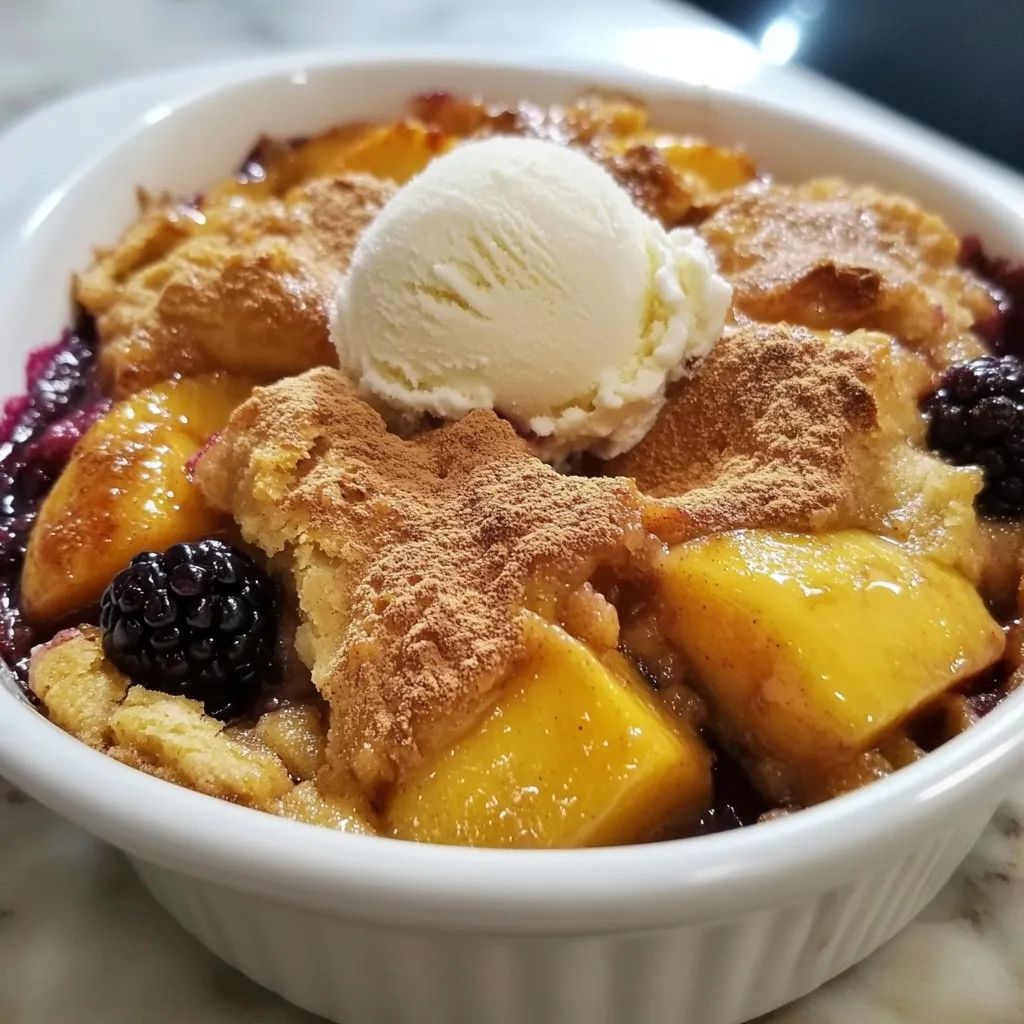 To make the best blackberry peach cobbler, gather these fresh ingredients: - 2 cups fresh blackberries - 2 cups sliced fresh peaches (about 3-4 medium peaches) - 1 cup granulated sugar (divided) - 1 teaspoon lemon juice - 1 teaspoon vanilla extract - 1 cup all-purpose flour - 1 tablespoon baking powder - 1/2 teaspoon salt - 1 cup whole milk - 1/2 cup unsalted butter (melted) - 1 teaspoon ground cinnamon To make your dessert even better, consider these toppings: - Whipped cream - Vanilla ice cream Serve warm and add a few fresh blackberries on top for a beautiful finish. Choosing the best blackberries and peaches is key for this recipe. Here are some tips: - Look for blackberries that are firm and shiny. They should be deep purple or black. - Avoid blackberries with signs of mold or mushiness. - For peaches, choose ones that smell sweet and feel slightly soft. - Skin should be smooth and free of blemishes. - Use ripe fruit for the best flavor in your cobbler. With these tips, your cobbler will be bursting with flavor! {{ingredient_image_1}} First, set your oven to preheat at 350°F (175°C). This makes sure your cobbler bakes evenly. Now, grab a large bowl. Combine 2 cups of fresh blackberries and 2 cups of sliced peaches. Use about 3 to 4 medium peaches for this. Add 1/2 cup of sugar, 1 teaspoon of lemon juice, and 1 teaspoon of vanilla extract. Gently stir the fruits to coat them well. This step brings out their sweet flavor. Set the bowl aside while you make the batter. In another bowl, whisk together the dry ingredients. You need 1 cup of all-purpose flour, 1 tablespoon of baking powder, 1/2 teaspoon of salt, and the remaining 1/2 cup of sugar. Mix these until they blend well. Next, add 1 cup of whole milk and 1/2 cup of melted unsalted butter to the dry mix. Stir until just combined. Don't worry if the batter looks a bit lumpy. This is just right for a soft texture! Now, it's time to put it all together. Pour the batter into a greased 9x13-inch baking dish. Spread it evenly over the bottom. Then, carefully spoon the blackberry and peach mixture over the batter. Make sure to distribute the fruits evenly, but do not stir. The fruits will float while baking, creating a lovely layer. Finally, sprinkle 1 teaspoon of ground cinnamon over the top. Place the dish in the oven and bake for 40-45 minutes. You’ll know it's done when the cobbler turns golden brown and a toothpick comes out clean. Enjoy the sweet aroma filling your kitchen! To make the best blackberry peach cobbler, start with ripe fruits. Choose blackberries that are plump and shiny. For peaches, look for ones that yield slightly to pressure. Wash them gently to keep their skin intact. Use fresh berries and peaches for the best flavor. Mix the fruit with sugar, lemon juice, and vanilla for a sweet base. This adds depth to your cobbler. Your batter should be slightly lumpy. Don't overmix it. This keeps the cobbler light and fluffy. Pour it into a greased dish. Be sure to spread it evenly. When you spoon the fruit on top, don't stir. This allows the fruit to float as it bakes, creating a lovely design. Avoid using overripe or bruised fruit. This can make your cobbler mushy. Make sure you measure the sugar accurately. Too much can make it overly sweet. Don't skip on greasing the baking dish. This prevents sticking, making it easy to serve. Another mistake is overbaking the cobbler. Keep an eye on it after 40 minutes. The top should be golden brown, and a toothpick should come out clean. Lastly, let it cool slightly before serving. This helps the cobbler set and makes it easier to slice. For the best experience, serve your cobbler warm. A scoop of vanilla ice cream pairs perfectly with the warm fruit. Whipped cream also adds a nice touch. Garnish with fresh blackberries for a pop of color. You can also drizzle honey or maple syrup for added sweetness. Try serving it with a cup of coffee or tea. The flavors blend well and enhance the dessert. Feel free to experiment with spices, too. A dash of nutmeg can bring out more flavor. Enjoy your blackberry peach cobbler with friends and family! Pro Tips Use Fresh Fruits: For the best flavor, always opt for fresh, ripe blackberries and peaches. They will enhance the natural sweetness and provide a vibrant taste. Don’t Overmix: When combining the batter ingredients, mix until just combined. Overmixing can lead to a dense cobbler rather than a light and fluffy texture. Let It Rest: Allow the cobbler to cool for a few minutes before serving. This helps it set up a bit, making it easier to serve and enhancing the flavors. Experiment with Spices: Feel free to add nutmeg or ginger along with the cinnamon for a unique twist on the traditional cobbler flavor profile. {{image_2}} You can make this dessert gluten-free. Use a gluten-free flour blend instead of all-purpose flour. Check that your baking powder is also gluten-free. This swap keeps that great taste while being safe for those who can't have gluten. Follow the same steps in the original recipe. You'll still get a tasty cobbler that everyone can enjoy! If you want a vegan version, swap the milk for almond or oat milk. Replace the butter with coconut oil or a vegan butter. The rest of the recipe stays the same. You'll create a delicious cobbler that fits a vegan diet. It's a great way to share this dessert with friends who prefer plant-based options. Feel free to experiment with other fruits! Try using fresh strawberries, raspberries, or even apples. Each fruit gives a new flavor twist. You can mix different fruits too. Just keep the same amount to ensure the cobbler bakes well. This way, every season can bring a new delight to your table. To store your leftover blackberry peach cobbler, let it cool first. Cover it with plastic wrap or foil. You can also place it in an airtight container. Stored this way, it will stay fresh in the fridge for up to three days. Make sure to check for any signs of spoilage before eating. To reheat leftover cobbler, preheat your oven to 350°F (175°C). Place the cobbler in an oven-safe dish. Cover it with foil to keep it moist. Heat for about 15-20 minutes. You can also microwave slices for about 30-60 seconds. If you want a crispy top, use the oven method. You can freeze blackberry peach cobbler for later use. First, let it cool completely. Cut it into serving sizes. Wrap each piece in plastic wrap. Then, place the wrapped pieces in a freezer bag. They can last for up to three months in the freezer. To enjoy, thaw in the fridge overnight before reheating. Yes, you can use frozen blackberries and peaches. They work well in this recipe. Just make sure to thaw them first. Drain any excess juice to avoid a soggy cobbler. Frozen fruit often has great flavor too, so don’t worry about taste loss. You will know the cobbler is done when it turns golden brown. A toothpick inserted in the batter should come out clean. It typically takes about 40-45 minutes. Be careful not to overbake, as it can dry out. Keep an eye on it towards the end of the baking time. The best pairings for this cobbler are whipped cream or vanilla ice cream. Both toppings add creaminess. You can also enjoy it with a cup of tea or a glass of sweet lemonade. These flavors complement the fruit well and enhance your dessert experience. Blackberry peach cobbler is a delightful dessert. We covered its ingredients, tips for fresh fruit, and how to prepare it. You learned the steps to mix and bake, plus how to avoid common mistakes. I shared variations like gluten-free and vegan options for everyone. Storing and reheating ensure you enjoy every bite later. Whether you serve it warm or cold, this cobbler shines with flavor. Embrace these ideas to make your own tasty masterpiece. Now, it’s time to gather your ingredients and bake something delicious!