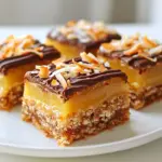 - Unsweetened shredded coconut: This adds a rich, chewy texture. It balances sweetness and gives a tropical flavor. Use fresh coconut if you can. It enhances the bar's taste. - Rolled oats: They give structure and heartiness. Oats absorb moisture and bind the bars. This helps them hold together and adds a nutty flavor. - All-purpose flour: This is key for binding. It provides the base for the bars. Flour helps create a nice, firm crust that contrasts with the soft top. - Brown sugar vs. granulated sugar: Brown sugar adds a deeper flavor. It gives a hint of caramel. Granulated sugar is sweeter and helps with texture. Using both provides balance. - Vanilla extract and salt: Vanilla extract brightens the flavor. It adds warmth and richness. A pinch of salt enhances sweetness, making every bite more flavorful. - Sweetened condensed milk: This is the secret to a gooey topping. It binds the coconut together and adds sweetness. It makes the bars rich and creamy. - Semi-sweet chocolate chips: These add a melt-in-your-mouth experience. They provide a nice contrast to the coconut caramel. Their sweetness balances the flavors perfectly. - Coconut oil: This helps the chocolate melt smoothly. It prevents the chocolate from hardening too much. Coconut oil adds a subtle coconut taste, enhancing the overall flavor. {{ingredient_image_1}} 1. First, preheat your oven to 350°F (175°C). Grease a 9x9-inch baking pan or line it with parchment paper. This makes it easy to remove the bars later. 2. In a medium bowl, mix together 1 cup of unsweetened shredded coconut and 1 cup of rolled oats. Set this bowl aside for later. 3. Take a large mixing bowl and cream together 1/2 cup of softened unsalted butter and 1/2 cup of brown sugar. Mix until it’s light and fluffy. 4. Add 1/2 cup of granulated sugar, 1/4 teaspoon of salt, and 1/2 teaspoon of vanilla extract to the butter mixture. Stir well until everything is combined. 5. Gradually add 1 cup of all-purpose flour to the bowl. Mix gently until just combined. 6. Fold in the coconut and oat mixture until you see it evenly spread throughout the dough. 7. Press the dough firmly into the bottom of your prepared baking pan. Ensure it forms an even layer across the base. 1. Place the pan in the preheated oven and bake for 15 to 20 minutes. 2. Keep an eye on it. The bars are done when they turn golden brown. Remove them from the oven and let them cool slightly. 1. In a small saucepan, combine 1/2 cup of sweetened condensed milk and a pinch of salt. Heat it over low heat, stirring gently until it's warmed through. 2. Add the remaining shredded coconut to the mixture. Stir until it’s well combined. 3. Once your base has cooled a bit, spread the coconut caramel mixture evenly over it. Press down gently to help it stick. 1. In a microwave-safe bowl, combine 1 cup of semi-sweet chocolate chips and 1 tablespoon of coconut oil. 2. Microwave this mixture in 30-second intervals, stirring in between, until it melts and becomes smooth. 3. Drizzle the melted chocolate over the coconut caramel layer. You can also use a knife to create a marbled effect by swirling the chocolate around. 4. Let the bars set at room temperature or pop them in the fridge for about 30 minutes to speed things up before cutting them into squares. - Importance of ingredient temperatures: Use room temperature butter. Cold butter makes mixing hard. It leads to a dense bar. Let your butter sit out for about 30 minutes. This helps it cream well with the sugars. Room temperature eggs also help the mix blend smoothly. - How to avoid overmixing: Mix just until ingredients combine. Overmixing makes the bars tough. When adding flour, stir gently. You want a soft, sticky dough. Once the flour disappears, stop mixing. This keeps your bars light and chewy. - Tips for adjusting baking time based on oven variations: Ovens can bake unevenly. Check your bars at 15 minutes. If they look pale, give them a few more minutes. Use a toothpick to test doneness. It should come out clean or with few crumbs. - Signs of perfect doneness for the base layer: Look for a golden brown color. The edges should be firm but soft in the middle. Let it cool slightly before adding the coconut caramel. This helps layers stick together better. - Creative ways to serve Coconut Caramel Samoas Bars: Cut the bars into squares and place them on a nice plate. You can stack them for a fun display. Pair them with a scoop of vanilla ice cream for a treat. - Garnishing ideas for an impressive presentation: Drizzle melted chocolate over the top. Add toasted coconut flakes for crunch. A sprinkle of sea salt can enhance flavors too. These small touches make your bars look and taste gourmet. Pro Tips Use Fresh Coconut: For an enhanced flavor, consider using fresh coconut instead of shredded. It adds a delightful texture and taste. Cool Before Cutting: Let the bars cool completely before cutting. This helps the layers set properly and makes for cleaner squares. Experiment with Toppings: Feel free to add chopped nuts or drizzle caramel sauce on top for an extra layer of flavor and crunch. Storage Tips: Store the bars in an airtight container at room temperature for up to a week or refrigerate for longer freshness. {{image_2}} To make Coconut Caramel Samoas Bars even better, try adding nuts or dried fruit. Chopped almonds or pecans give a nice crunch. Dried cherries or apricots add a sweet twist. These small changes can really boost the flavor and texture. If you want to change how sweet the bars are, consider using alternative sweeteners. You can use agave syrup or coconut sugar. These options can fit different diets while still tasting great. You can switch up the toppings for a new look. Instead of semi-sweet chocolate, try white or dark chocolate. Each type brings its own unique flavor. White chocolate adds a creamy touch, while dark chocolate gives a rich taste. Drizzling caramel sauce over the top is another fun idea. It adds a sweet and sticky finish. You can also mix it with the chocolate for a delicious swirl effect. For a gluten-free version, use almond flour or coconut flour instead of all-purpose flour. These flours keep the bars tasty and enjoyable. Be sure to check all other ingredients too. Some brands of chocolate chips and sweetened condensed milk may have gluten. Always read labels to keep your bars gluten-free without losing flavor. To keep your Coconut Caramel Samoas Bars fresh, store them at room temperature. Place the bars in an airtight container. This will help them stay soft and tasty for up to a week. If you want to keep them longer, you can refrigerate them. Just make sure to wrap each bar in plastic wrap. This will prevent them from drying out in the fridge. You can also freeze them. Place the wrapped bars in a freezer bag. They can last up to three months in the freezer. Coconut Caramel Samoas Bars are best enjoyed fresh. They stay good for about one week at room temperature. In the fridge, they can last about two weeks. Look for signs of spoilage. If you see mold or an odd smell, it's best to toss them. The bars may also become hard over time. If they lose their soft texture, they may not taste as good. How to make Coconut Caramel Samoas Bars vegan? To make these bars vegan, swap the butter for coconut oil. Use a plant-based sweetened condensed milk or make your own with coconut milk and sugar. This change keeps the bars creamy and delicious without dairy. Can I use different types of chocolate? Yes, you can! Try dark chocolate for a richer flavor. White chocolate also works well if you prefer a sweeter taste. Each type offers a unique twist to your bars. What can I substitute for sweetened condensed milk? Coconut cream mixed with sugar is a great swap. You can also blend soaked cashews with a bit of maple syrup for a creamy option. Both alternatives keep the bars tasty and rich. What to do if the bars are too crumbly? If your bars crumble, they may need more moisture. Try adding a tablespoon of melted butter or coconut oil to the mix. Press the mixture down firmly in the pan to help it hold together. How to fix overly sticky bars? If your bars are too sticky, they may need more flour. Add a tablespoon of all-purpose flour to the mixture. Chill the bars in the fridge for a bit to help them firm up before cutting. Best beverages to pair with Coconut Caramel Samoas Bars These bars go well with cold milk or a warm cup of coffee. Try pairing them with a fruity iced tea for a refreshing touch. Each drink complements the sweet coconut flavor nicely. Ideas for serving these bars for special occasions For special events, cut the bars into fancy shapes or serve them in cute wrappers. Drizzle extra melted chocolate on top and sprinkle toasted coconut for a stunning finish. This blog post covered how to make delicious Coconut Caramel Samoas Bars. We explored essential ingredients like coconut, oats, and chocolate, and learned clear baking steps. I shared tips on perfecting texture, adjusting baking times, and creative serving ideas. Variations allow for personalization while ensuring taste. Enjoy these bars fresh or stored for later. With practice, you'll master this recipe and impress your friends and family. Happy baking!