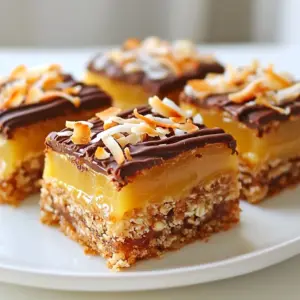 - Unsweetened shredded coconut: This adds a rich, chewy texture. It balances sweetness and gives a tropical flavor. Use fresh coconut if you can. It enhances the bar's taste. - Rolled oats: They give structure and heartiness. Oats absorb moisture and bind the bars. This helps them hold together and adds a nutty flavor. - All-purpose flour: This is key for binding. It provides the base for the bars. Flour helps create a nice, firm crust that contrasts with the soft top. - Brown sugar vs. granulated sugar: Brown sugar adds a deeper flavor. It gives a hint of caramel. Granulated sugar is sweeter and helps with texture. Using both provides balance. - Vanilla extract and salt: Vanilla extract brightens the flavor. It adds warmth and richness. A pinch of salt enhances sweetness, making every bite more flavorful. - Sweetened condensed milk: This is the secret to a gooey topping. It binds the coconut together and adds sweetness. It makes the bars rich and creamy. - Semi-sweet chocolate chips: These add a melt-in-your-mouth experience. They provide a nice contrast to the coconut caramel. Their sweetness balances the flavors perfectly. - Coconut oil: This helps the chocolate melt smoothly. It prevents the chocolate from hardening too much. Coconut oil adds a subtle coconut taste, enhancing the overall flavor. {{ingredient_image_1}} 1. First, preheat your oven to 350°F (175°C). Grease a 9x9-inch baking pan or line it with parchment paper. This makes it easy to remove the bars later. 2. In a medium bowl, mix together 1 cup of unsweetened shredded coconut and 1 cup of rolled oats. Set this bowl aside for later. 3. Take a large mixing bowl and cream together 1/2 cup of softened unsalted butter and 1/2 cup of brown sugar. Mix until it’s light and fluffy. 4. Add 1/2 cup of granulated sugar, 1/4 teaspoon of salt, and 1/2 teaspoon of vanilla extract to the butter mixture. Stir well until everything is combined. 5. Gradually add 1 cup of all-purpose flour to the bowl. Mix gently until just combined. 6. Fold in the coconut and oat mixture until you see it evenly spread throughout the dough. 7. Press the dough firmly into the bottom of your prepared baking pan. Ensure it forms an even layer across the base. 1. Place the pan in the preheated oven and bake for 15 to 20 minutes. 2. Keep an eye on it. The bars are done when they turn golden brown. Remove them from the oven and let them cool slightly. 1. In a small saucepan, combine 1/2 cup of sweetened condensed milk and a pinch of salt. Heat it over low heat, stirring gently until it's warmed through. 2. Add the remaining shredded coconut to the mixture. Stir until it’s well combined. 3. Once your base has cooled a bit, spread the coconut caramel mixture evenly over it. Press down gently to help it stick. 1. In a microwave-safe bowl, combine 1 cup of semi-sweet chocolate chips and 1 tablespoon of coconut oil. 2. Microwave this mixture in 30-second intervals, stirring in between, until it melts and becomes smooth. 3. Drizzle the melted chocolate over the coconut caramel layer. You can also use a knife to create a marbled effect by swirling the chocolate around. 4. Let the bars set at room temperature or pop them in the fridge for about 30 minutes to speed things up before cutting them into squares. - Importance of ingredient temperatures: Use room temperature butter. Cold butter makes mixing hard. It leads to a dense bar. Let your butter sit out for about 30 minutes. This helps it cream well with the sugars. Room temperature eggs also help the mix blend smoothly. - How to avoid overmixing: Mix just until ingredients combine. Overmixing makes the bars tough. When adding flour, stir gently. You want a soft, sticky dough. Once the flour disappears, stop mixing. This keeps your bars light and chewy. - Tips for adjusting baking time based on oven variations: Ovens can bake unevenly. Check your bars at 15 minutes. If they look pale, give them a few more minutes. Use a toothpick to test doneness. It should come out clean or with few crumbs. - Signs of perfect doneness for the base layer: Look for a golden brown color. The edges should be firm but soft in the middle. Let it cool slightly before adding the coconut caramel. This helps layers stick together better. - Creative ways to serve Coconut Caramel Samoas Bars: Cut the bars into squares and place them on a nice plate. You can stack them for a fun display. Pair them with a scoop of vanilla ice cream for a treat. - Garnishing ideas for an impressive presentation: Drizzle melted chocolate over the top. Add toasted coconut flakes for crunch. A sprinkle of sea salt can enhance flavors too. These small touches make your bars look and taste gourmet. Pro Tips Use Fresh Coconut: For an enhanced flavor, consider using fresh coconut instead of shredded. It adds a delightful texture and taste. Cool Before Cutting: Let the bars cool completely before cutting. This helps the layers set properly and makes for cleaner squares. Experiment with Toppings: Feel free to add chopped nuts or drizzle caramel sauce on top for an extra layer of flavor and crunch. Storage Tips: Store the bars in an airtight container at room temperature for up to a week or refrigerate for longer freshness. {{image_2}} To make Coconut Caramel Samoas Bars even better, try adding nuts or dried fruit. Chopped almonds or pecans give a nice crunch. Dried cherries or apricots add a sweet twist. These small changes can really boost the flavor and texture. If you want to change how sweet the bars are, consider using alternative sweeteners. You can use agave syrup or coconut sugar. These options can fit different diets while still tasting great. You can switch up the toppings for a new look. Instead of semi-sweet chocolate, try white or dark chocolate. Each type brings its own unique flavor. White chocolate adds a creamy touch, while dark chocolate gives a rich taste. Drizzling caramel sauce over the top is another fun idea. It adds a sweet and sticky finish. You can also mix it with the chocolate for a delicious swirl effect. For a gluten-free version, use almond flour or coconut flour instead of all-purpose flour. These flours keep the bars tasty and enjoyable. Be sure to check all other ingredients too. Some brands of chocolate chips and sweetened condensed milk may have gluten. Always read labels to keep your bars gluten-free without losing flavor. To keep your Coconut Caramel Samoas Bars fresh, store them at room temperature. Place the bars in an airtight container. This will help them stay soft and tasty for up to a week. If you want to keep them longer, you can refrigerate them. Just make sure to wrap each bar in plastic wrap. This will prevent them from drying out in the fridge. You can also freeze them. Place the wrapped bars in a freezer bag. They can last up to three months in the freezer. Coconut Caramel Samoas Bars are best enjoyed fresh. They stay good for about one week at room temperature. In the fridge, they can last about two weeks. Look for signs of spoilage. If you see mold or an odd smell, it's best to toss them. The bars may also become hard over time. If they lose their soft texture, they may not taste as good. How to make Coconut Caramel Samoas Bars vegan? To make these bars vegan, swap the butter for coconut oil. Use a plant-based sweetened condensed milk or make your own with coconut milk and sugar. This change keeps the bars creamy and delicious without dairy. Can I use different types of chocolate? Yes, you can! Try dark chocolate for a richer flavor. White chocolate also works well if you prefer a sweeter taste. Each type offers a unique twist to your bars. What can I substitute for sweetened condensed milk? Coconut cream mixed with sugar is a great swap. You can also blend soaked cashews with a bit of maple syrup for a creamy option. Both alternatives keep the bars tasty and rich. What to do if the bars are too crumbly? If your bars crumble, they may need more moisture. Try adding a tablespoon of melted butter or coconut oil to the mix. Press the mixture down firmly in the pan to help it hold together. How to fix overly sticky bars? If your bars are too sticky, they may need more flour. Add a tablespoon of all-purpose flour to the mixture. Chill the bars in the fridge for a bit to help them firm up before cutting. Best beverages to pair with Coconut Caramel Samoas Bars These bars go well with cold milk or a warm cup of coffee. Try pairing them with a fruity iced tea for a refreshing touch. Each drink complements the sweet coconut flavor nicely. Ideas for serving these bars for special occasions For special events, cut the bars into fancy shapes or serve them in cute wrappers. Drizzle extra melted chocolate on top and sprinkle toasted coconut for a stunning finish. This blog post covered how to make delicious Coconut Caramel Samoas Bars. We explored essential ingredients like coconut, oats, and chocolate, and learned clear baking steps. I shared tips on perfecting texture, adjusting baking times, and creative serving ideas. Variations allow for personalization while ensuring taste. Enjoy these bars fresh or stored for later. With practice, you'll master this recipe and impress your friends and family. Happy baking!