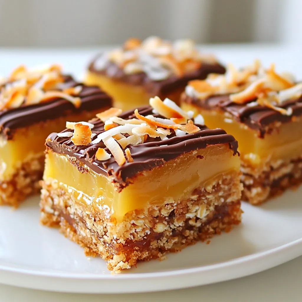 - Unsweetened shredded coconut: This adds a rich, chewy texture. It balances sweetness and gives a tropical flavor. Use fresh coconut if you can. It enhances the bar's taste. - Rolled oats: They give structure and heartiness. Oats absorb moisture and bind the bars. This helps them hold together and adds a nutty flavor. - All-purpose flour: This is key for binding. It provides the base for the bars. Flour helps create a nice, firm crust that contrasts with the soft top. - Brown sugar vs. granulated sugar: Brown sugar adds a deeper flavor. It gives a hint of caramel. Granulated sugar is sweeter and helps with texture. Using both provides balance. - Vanilla extract and salt: Vanilla extract brightens the flavor. It adds warmth and richness. A pinch of salt enhances sweetness, making every bite more flavorful. - Sweetened condensed milk: This is the secret to a gooey topping. It binds the coconut together and adds sweetness. It makes the bars rich and creamy. - Semi-sweet chocolate chips: These add a melt-in-your-mouth experience. They provide a nice contrast to the coconut caramel. Their sweetness balances the flavors perfectly. - Coconut oil: This helps the chocolate melt smoothly. It prevents the chocolate from hardening too much. Coconut oil adds a subtle coconut taste, enhancing the overall flavor. {{ingredient_image_1}} 1. First, preheat your oven to 350°F (175°C). Grease a 9x9-inch baking pan or line it with parchment paper. This makes it easy to remove the bars later. 2. In a medium bowl, mix together 1 cup of unsweetened shredded coconut and 1 cup of rolled oats. Set this bowl aside for later. 3. Take a large mixing bowl and cream together 1/2 cup of softened unsalted butter and 1/2 cup of brown sugar. Mix until it’s light and fluffy. 4. Add 1/2 cup of granulated sugar, 1/4 teaspoon of salt, and 1/2 teaspoon of vanilla extract to the butter mixture. Stir well until everything is combined. 5. Gradually add 1 cup of all-purpose flour to the bowl. Mix gently until just combined. 6. Fold in the coconut and oat mixture until you see it evenly spread throughout the dough. 7. Press the dough firmly into the bottom of your prepared baking pan. Ensure it forms an even layer across the base. 1. Place the pan in the preheated oven and bake for 15 to 20 minutes. 2. Keep an eye on it. The bars are done when they turn golden brown. Remove them from the oven and let them cool slightly. 1. In a small saucepan, combine 1/2 cup of sweetened condensed milk and a pinch of salt. Heat it over low heat, stirring gently until it's warmed through. 2. Add the remaining shredded coconut to the mixture. Stir until it’s well combined. 3. Once your base has cooled a bit, spread the coconut caramel mixture evenly over it. Press down gently to help it stick. 1. In a microwave-safe bowl, combine 1 cup of semi-sweet chocolate chips and 1 tablespoon of coconut oil. 2. Microwave this mixture in 30-second intervals, stirring in between, until it melts and becomes smooth. 3. Drizzle the melted chocolate over the coconut caramel layer. You can also use a knife to create a marbled effect by swirling the chocolate around. 4. Let the bars set at room temperature or pop them in the fridge for about 30 minutes to speed things up before cutting them into squares. - Importance of ingredient temperatures: Use room temperature butter. Cold butter makes mixing hard. It leads to a dense bar. Let your butter sit out for about 30 minutes. This helps it cream well with the sugars. Room temperature eggs also help the mix blend smoothly. - How to avoid overmixing: Mix just until ingredients combine. Overmixing makes the bars tough. When adding flour, stir gently. You want a soft, sticky dough. Once the flour disappears, stop mixing. This keeps your bars light and chewy. - Tips for adjusting baking time based on oven variations: Ovens can bake unevenly. Check your bars at 15 minutes. If they look pale, give them a few more minutes. Use a toothpick to test doneness. It should come out clean or with few crumbs. - Signs of perfect doneness for the base layer: Look for a golden brown color. The edges should be firm but soft in the middle. Let it cool slightly before adding the coconut caramel. This helps layers stick together better. - Creative ways to serve Coconut Caramel Samoas Bars: Cut the bars into squares and place them on a nice plate. You can stack them for a fun display. Pair them with a scoop of vanilla ice cream for a treat. - Garnishing ideas for an impressive presentation: Drizzle melted chocolate over the top. Add toasted coconut flakes for crunch. A sprinkle of sea salt can enhance flavors too. These small touches make your bars look and taste gourmet. Pro Tips Use Fresh Coconut: For an enhanced flavor, consider using fresh coconut instead of shredded. It adds a delightful texture and taste. Cool Before Cutting: Let the bars cool completely before cutting. This helps the layers set properly and makes for cleaner squares. Experiment with Toppings: Feel free to add chopped nuts or drizzle caramel sauce on top for an extra layer of flavor and crunch. Storage Tips: Store the bars in an airtight container at room temperature for up to a week or refrigerate for longer freshness. {{image_2}} To make Coconut Caramel Samoas Bars even better, try adding nuts or dried fruit. Chopped almonds or pecans give a nice crunch. Dried cherries or apricots add a sweet twist. These small changes can really boost the flavor and texture. If you want to change how sweet the bars are, consider using alternative sweeteners. You can use agave syrup or coconut sugar. These options can fit different diets while still tasting great. You can switch up the toppings for a new look. Instead of semi-sweet chocolate, try white or dark chocolate. Each type brings its own unique flavor. White chocolate adds a creamy touch, while dark chocolate gives a rich taste. Drizzling caramel sauce over the top is another fun idea. It adds a sweet and sticky finish. You can also mix it with the chocolate for a delicious swirl effect. For a gluten-free version, use almond flour or coconut flour instead of all-purpose flour. These flours keep the bars tasty and enjoyable. Be sure to check all other ingredients too. Some brands of chocolate chips and sweetened condensed milk may have gluten. Always read labels to keep your bars gluten-free without losing flavor. To keep your Coconut Caramel Samoas Bars fresh, store them at room temperature. Place the bars in an airtight container. This will help them stay soft and tasty for up to a week. If you want to keep them longer, you can refrigerate them. Just make sure to wrap each bar in plastic wrap. This will prevent them from drying out in the fridge. You can also freeze them. Place the wrapped bars in a freezer bag. They can last up to three months in the freezer. Coconut Caramel Samoas Bars are best enjoyed fresh. They stay good for about one week at room temperature. In the fridge, they can last about two weeks. Look for signs of spoilage. If you see mold or an odd smell, it's best to toss them. The bars may also become hard over time. If they lose their soft texture, they may not taste as good. How to make Coconut Caramel Samoas Bars vegan? To make these bars vegan, swap the butter for coconut oil. Use a plant-based sweetened condensed milk or make your own with coconut milk and sugar. This change keeps the bars creamy and delicious without dairy. Can I use different types of chocolate? Yes, you can! Try dark chocolate for a richer flavor. White chocolate also works well if you prefer a sweeter taste. Each type offers a unique twist to your bars. What can I substitute for sweetened condensed milk? Coconut cream mixed with sugar is a great swap. You can also blend soaked cashews with a bit of maple syrup for a creamy option. Both alternatives keep the bars tasty and rich. What to do if the bars are too crumbly? If your bars crumble, they may need more moisture. Try adding a tablespoon of melted butter or coconut oil to the mix. Press the mixture down firmly in the pan to help it hold together. How to fix overly sticky bars? If your bars are too sticky, they may need more flour. Add a tablespoon of all-purpose flour to the mixture. Chill the bars in the fridge for a bit to help them firm up before cutting. Best beverages to pair with Coconut Caramel Samoas Bars These bars go well with cold milk or a warm cup of coffee. Try pairing them with a fruity iced tea for a refreshing touch. Each drink complements the sweet coconut flavor nicely. Ideas for serving these bars for special occasions For special events, cut the bars into fancy shapes or serve them in cute wrappers. Drizzle extra melted chocolate on top and sprinkle toasted coconut for a stunning finish. This blog post covered how to make delicious Coconut Caramel Samoas Bars. We explored essential ingredients like coconut, oats, and chocolate, and learned clear baking steps. I shared tips on perfecting texture, adjusting baking times, and creative serving ideas. Variations allow for personalization while ensuring taste. Enjoy these bars fresh or stored for later. With practice, you'll master this recipe and impress your friends and family. Happy baking!