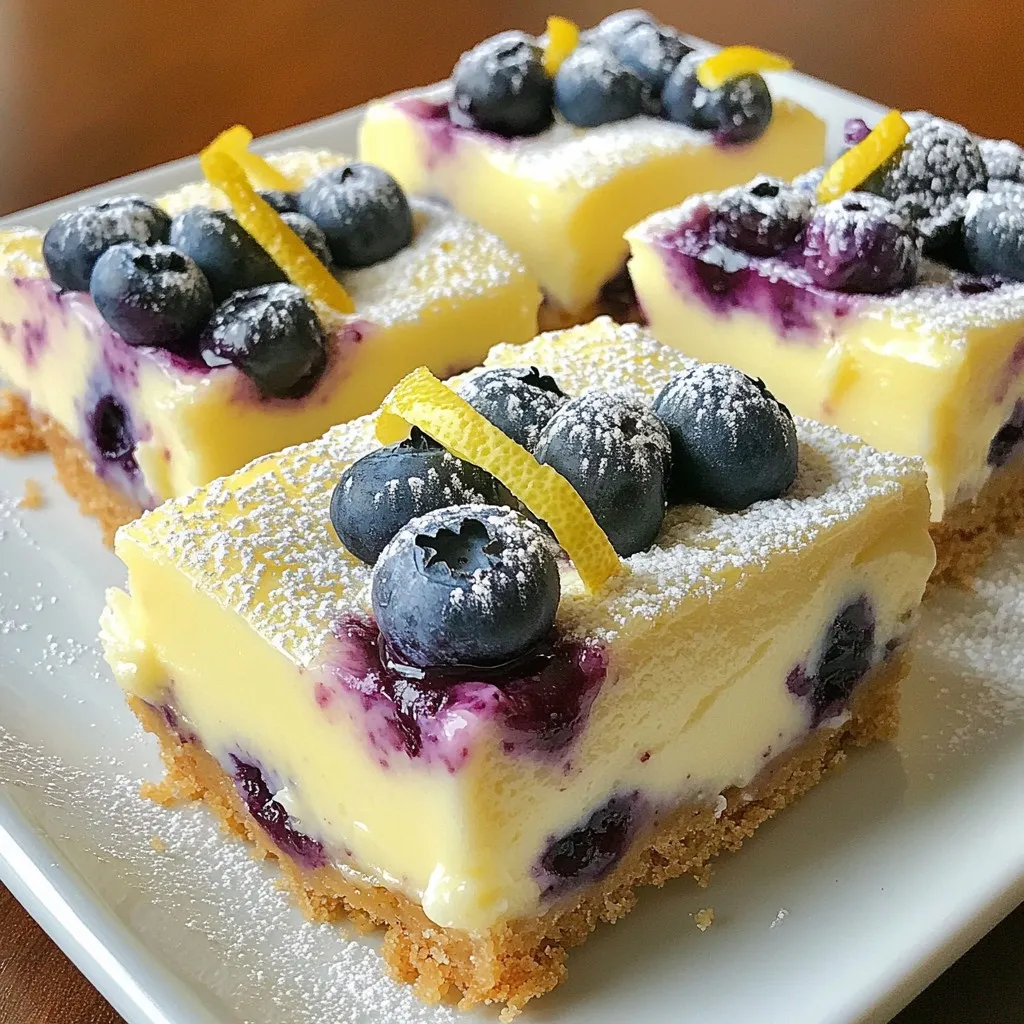 To make the best lemon blueberry cheesecake bars, you'll need: - 1 ½ cups graham cracker crumbs - ½ cup unsalted butter, melted - 2 tablespoons granulated sugar - 16 oz cream cheese, softened - ¾ cup granulated sugar - 2 large eggs - Zest of 1 lemon - ¼ cup fresh lemon juice - 1 teaspoon vanilla extract - 1 ½ cups fresh blueberries These ingredients create a rich and creamy cheesecake filling with a crisp crust. You can enhance your cheesecake bars with: - Powdered sugar for dusting - Fresh blueberries for garnish - Lemon slices for a bright touch These additions bring a pop of color and extra flavor. Each serving of these delicious bars has: - Calories: Approximately 220 - Total Fat: 12g - Saturated Fat: 7g - Cholesterol: 60mg - Sodium: 150mg - Total Carbohydrates: 25g - Dietary Fiber: 1g - Sugars: 14g - Protein: 4g These numbers can help you plan your treat while enjoying a fresh taste! {{ingredient_image_1}} Start by preheating your oven to 325°F (160°C). This step is key for even baking. While the oven warms up, prepare your baking dish. Line an 8x8 inch dish with parchment paper. Leave some paper hanging over the sides. This will help you lift the bars out later. In a medium bowl, mix 1 ½ cups of graham cracker crumbs, ½ cup of melted unsalted butter, and 2 tablespoons of granulated sugar. Stir until the crumbs look like wet sand. Press this mixture firmly into the bottom of the lined dish. Make sure it is even and flat. In a large mixing bowl, beat 16 oz of softened cream cheese with ¾ cup of granulated sugar. Use an electric mixer until the mixture is smooth and creamy. Next, add 2 large eggs, one at a time. Mix well after each egg. Then, add the zest of 1 lemon, ¼ cup of fresh lemon juice, and 1 teaspoon of vanilla extract. Blend until everything is well mixed. Now it’s time for the blueberries! Gently fold in 1 ½ cups of fresh blueberries. Be careful not to crush them. You want to keep those beautiful berries whole for texture and flavor. Pour the cheesecake filling over the cooled crust in the baking dish. Spread it out evenly. Bake in the preheated oven for 25 to 30 minutes. The center should be slightly set and jiggle just a bit when you shake it. Once baked, take it out and let it cool to room temperature. Then, refrigerate for at least 4 hours, or overnight if you can wait. This helps the bars set perfectly. To get the best crust, use fresh graham cracker crumbs. You can crush the crackers in a food processor or use a zip-top bag. Mix the crumbs well with melted butter and sugar. This makes the crust hold together. Press it firmly into the baking dish. Bake it for about 10 minutes. This step sets the crust and adds flavor. For a creamy cheesecake, start with room temperature cream cheese. Cold cream cheese mixes poorly. Beat it with sugar until smooth. Add eggs slowly, mixing well after each. This helps the texture stay light and fluffy. Make sure you mix in the lemon juice and zest fully. This adds flavor and keeps the filling smooth. To serve, lift the bars out using the parchment paper. Cut them into equal squares for a nice look. Dust with powdered sugar for a sweet touch. Add fresh blueberries and lemon slices on top for color. You can also serve these bars with whipped cream. This makes them even more special and adds creaminess. Pro Tips Chill for Best Results: For a firmer texture, make sure to chill the cheesecake bars for at least 4 hours. Overnight chilling is even better! Use Fresh Blueberries: Fresh blueberries not only taste better but also provide a beautiful burst of color. If using frozen, make sure to thaw and drain excess moisture. Check for Doneness: The cheesecake is done when the edges are set and the center still has a slight jiggle. Overbaking can lead to cracks. Perfect Parchment Overhang: When lining the baking dish with parchment, leave enough overhang to easily lift the bars out after cooling. {{image_2}} You can switch blueberries for other fruits. Strawberries, raspberries, or even peaches work well. Use fresh fruit when possible for the best flavor. You can also mix fruits for a fun twist. A berry medley adds color and taste to your bars. To make a gluten-free crust, use gluten-free graham cracker crumbs. You can also use almond flour or crushed nuts. Mix these with melted butter and press them into the pan. This option keeps your cheesecake bars tasty and safe for gluten-free friends. If you want to cut sugar, try using sugar-free sweeteners. Stevia, erythritol, or monk fruit are great substitutes. Use them in the same amount as granulated sugar. These options keep the cheesecake bars sweet without added sugar. Just check the brand's instructions for best results. For best taste, store any leftover cheesecake bars in the fridge. Use an airtight container to keep them fresh. Simply cut the bars and place them in the container. They will stay good for about 5 days. If you want extra flavor, cover them with some plastic wrap before sealing. You can freeze these cheesecake bars for later enjoyment. First, let them cool completely in the fridge. Then, cut them into bars. Wrap each bar in plastic wrap and place them in a freezer bag. They can last in the freezer for up to 3 months. When you're ready to eat, just thaw them in the fridge overnight. To reheat, take the bars out of the fridge. You can enjoy them cold, but if you want them warm, place a bar on a microwave-safe plate. Heat it for about 10-15 seconds. Keep an eye on it so it doesn’t get too warm. Enjoy your lemon blueberry cheesecake bars just how you like them! Yes, you can use frozen blueberries. They may release more juice, making the bars slightly wetter. Make sure to thaw and drain them well before folding into the cheesecake filling. This keeps the texture nice and firm. These cheesecake bars can last up to five days in the fridge. Store them in an airtight container to keep them fresh. The flavors will deepen as they sit, making them even tastier! Absolutely! Making these cheesecake bars a day ahead is a great idea. This allows them to chill and set properly. They will taste even better after a night in the fridge. Just cover them well to keep them fresh. If you need a substitute for cream cheese, try using Greek yogurt or ricotta cheese. These options will change the taste and texture but still work well. For a vegan option, use cashew cream or a store-bought vegan cream cheese. Lemon blueberry cheesecake bars combine sweet and tangy flavors for a delicious treat. I shared simple steps to make them from scratch, ensuring a perfect crust and creamy filling. You can explore variations, like using different fruits or gluten-free crusts. Don’t forget to store any leftovers properly. Enjoy making these bars to impress friends and family! These treats are easy, fun, and sure to be a hit. Keep these tips in mind for the best results every time!
