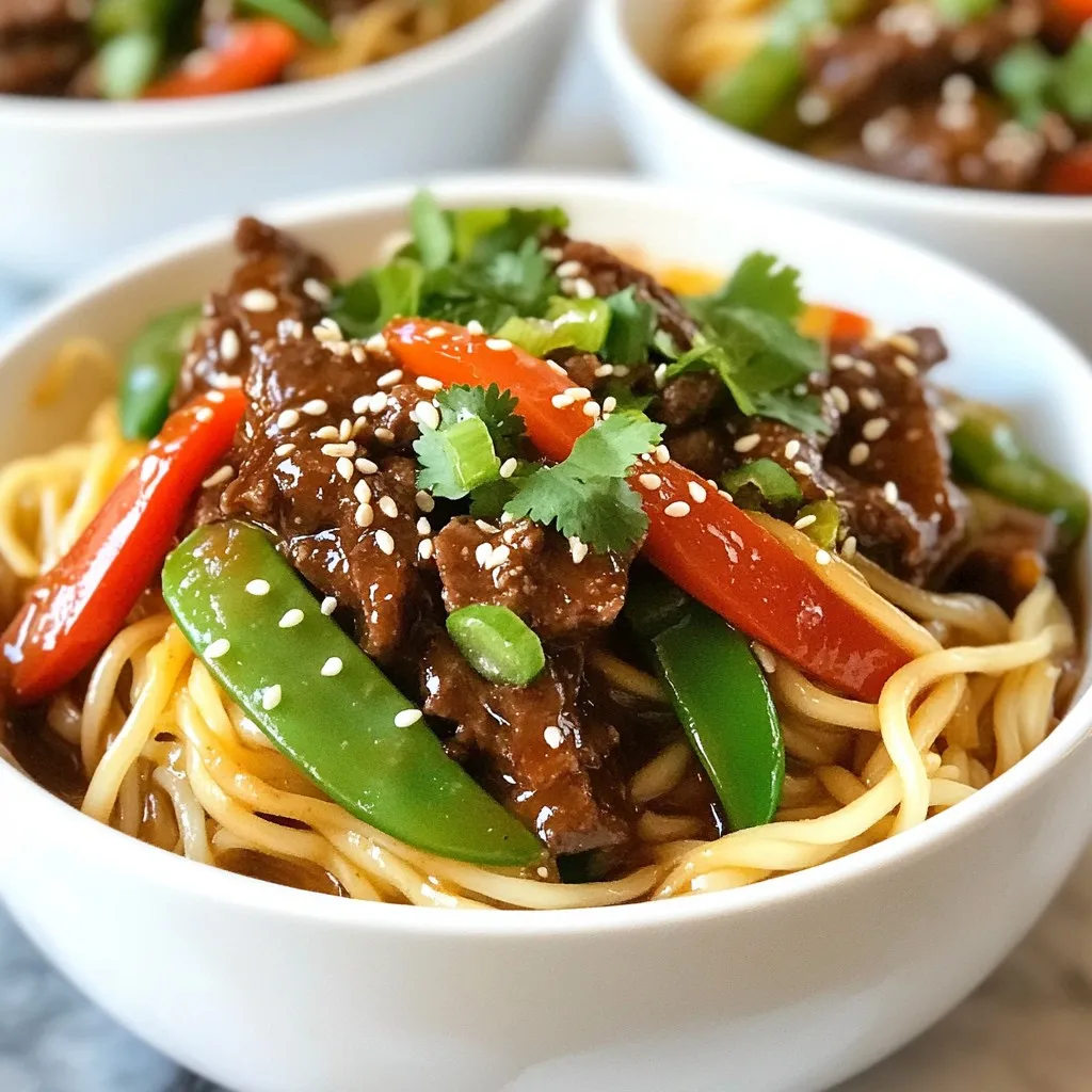 - 200g beef sirloin, thinly sliced - 200g flat rice noodles - 2 tablespoons soy sauce - 1 tablespoon dark soy sauce - 1 tablespoon oyster sauce - 1 tablespoon honey - 1 teaspoon sesame oil - 1 red bell pepper, sliced - 1 cup snow peas - 2 green onions, chopped - 3 cloves garlic, minced - 1-inch piece ginger, minced - 2 tablespoons vegetable oil - Sesame seeds for garnish - Fresh cilantro for garnish To make sticky beef noodles, you need fresh and high-quality ingredients. Start with beef sirloin. It gives a tender bite. Next, use flat rice noodles. They soak up the sauce well. For sauces, soy sauce, dark soy sauce, and oyster sauce bring deep flavor. Honey adds a touch of sweetness. Sesame oil adds a nice nutty note. In terms of veggies, the red bell pepper adds color and crunch. Snow peas bring a fresh taste and a crisp texture. Green onions provide a nice garnish and flavor boost. Lastly, don't forget garlic and ginger. They enhance the dish with warmth and depth. Have sesame seeds and fresh cilantro ready for garnish. They add finishing touches to your bowl. Gather all these ingredients before you start. This helps to keep your cooking smooth and fun! {{ingredient_image_1}} First, bring a pot of water to a boil. Add the flat rice noodles. Cook them until they are al dente, about 5-7 minutes. Make sure to stir the noodles to prevent sticking. Once cooked, drain the noodles and set them aside in a bowl. Next, take your thinly sliced beef and place it in a mixing bowl. Add the soy sauce, dark soy sauce, oyster sauce, honey, and sesame oil. Mix well to coat all the beef pieces. Let this marinate for about 15 minutes. This step adds a lot of flavor to the dish. Now, heat one tablespoon of vegetable oil in a large skillet over medium-high heat. Once the oil is hot, add the marinated beef. Stir-fry for about 2-3 minutes until the beef is browned and cooked through. After that, remove the beef from the skillet and set it aside. In the same skillet, add another tablespoon of vegetable oil. Toss in the minced garlic and ginger. Sauté them for about 30 seconds until fragrant. Then, add the sliced red bell pepper and snow peas. Stir-fry for about 3-4 minutes. You want the veggies to be tender but still crisp. Return the cooked beef to the skillet with the vegetables. Add the drained rice noodles to the mix. Toss everything together gently. Make sure the beef and veggies are evenly mixed with the noodles. Taste your dish. Adjust the seasoning as needed. You can add a splash more of soy sauce or a drizzle of honey for extra flavor. Once satisfied, remove it from heat. Transfer the sticky beef noodles to serving plates. Garnish with chopped green onions, sesame seeds, and fresh cilantro for a pop of color. Enjoy your meal! - Best practices for marinating beef: Marinate the thinly sliced beef for at least 15 minutes. The soy sauce, oyster sauce, honey, and sesame oil add great flavor. This short time helps the meat soak up the taste without losing its texture. - Tips for avoiding overcooking noodles: Cook the flat rice noodles until al dente, which means they should be firm when bitten. Drain them right away to stop the cooking process. If you leave them too long, they'll become mushy. - Suggestions for adjusting sweetness or saltiness: If you want a sweeter dish, add more honey. For saltiness, just a splash of soy sauce works well. Always taste before adding more. - Additional spices or sauces that complement the dish: You can try adding a pinch of red pepper flakes for heat. A bit of five-spice powder can also give it a nice twist. You might even consider a splash of rice vinegar for extra zing. - Ideas for plating and garnishing for a beautiful presentation: Serve the sticky beef noodles in deep bowls. This lets the colors of the red bell pepper and snow peas shine. Top the dish with sesame seeds and fresh cilantro for a pop of color. A sprinkle of green onions adds a nice touch too. Pro Tips Marinate for More Flavor: Allowing the beef to marinate for longer than 15 minutes will enhance the flavors. If time permits, marinate for up to an hour for a deeper taste. Choose the Right Noodles: Opt for fresh flat rice noodles if available, as they have a better texture and flavor compared to dried noodles. Add Crunch: For extra texture, consider adding some chopped peanuts or cashews before serving to give a delightful crunch to the dish. Adjust for Spice: If you like a bit of heat, add some sliced chili peppers or a dash of chili sauce when sautéing the vegetables. {{image_2}} You can switch up the beef for chicken, shrimp, or tofu. For chicken, use 200g of thinly sliced chicken breast. It cooks quickly and tastes great with the same sauce. If you like shrimp, use 200g of large shrimp. Just add them to the pan and stir-fry until pink. For a plant-based option, try 200g of firm tofu. Press and cube the tofu, then marinate it like the beef. The flavors will soak in well. To make this dish vegan, swap the beef and oyster sauce. Use tofu or a mix of veggies instead. You can replace the oyster sauce with a mushroom soy sauce. This gives a similar umami flavor. Also, ensure your noodles are egg-free. Many rice noodles are vegan-friendly, but always check the package. Feel free to add more veggies for extra crunch. Carrots, broccoli, or bok choy work well. You can also toss in some nuts, like cashews or peanuts. They add a nice texture and flavor. If you want a spicy kick, add sliced red chili peppers. Just a little will do! To store leftovers, let the sticky beef noodles cool first. Place them in an airtight container. Make sure to seal it tightly. Store it in the fridge for up to three days. This keeps the flavors fresh and the noodles firm. If you want to prevent sticking, add a drop of oil. Stir before serving to mix everything well. For the best taste, reheat sticky beef noodles on the stove. Use a non-stick skillet for even heating. Add a splash of water or broth to help steam the noodles. Heat on medium until warm. Stir often to avoid burning. If you prefer, you can use a microwave. Place the noodles in a microwave-safe bowl. Cover it loosely and heat in short bursts. Stir in between to ensure even heating. You can freeze sticky beef noodles for later enjoyment. Let them cool completely, then transfer to a freezer-safe container. Seal it tightly to prevent freezer burn. They will last up to three months in the freezer. When you're ready to eat, thaw them in the fridge overnight. Reheat them as described above for the best flavor. If you can't find flat rice noodles, try using egg noodles or spaghetti. Both options work well. Egg noodles have a nice chew. Spaghetti can mimic the texture of rice noodles. Just remember to cook them al dente for the best results. Yes, you can make sticky beef noodles ahead of time. Cook the noodles and beef, then store them in the fridge. Keep the beef and noodles separate from the veggies until you are ready to serve. This way, the veggies stay crisp. You can reheat everything in a skillet before serving. This dish has a mild spice level. The main flavors come from the sauces and ginger. If you want more heat, add sliced red chili or chili flakes during cooking. Adjust to your taste. Sticky beef noodles pair well with a light salad or steamed broccoli. You could also serve it with spring rolls or a refreshing drink like iced tea. These sides balance the richness of the noodles. Enjoy! This blog post guided you through making sticky beef noodles from scratch. We covered ingredients, step-by-step cooking, and even tips for great flavor. You learned how to adjust the dish for different diets and how to store leftovers. Hopefully, you feel inspired to try this recipe. It’s a fun way to enjoy cooking and share a meal. Dive in, get creative, and enjoy every bite!