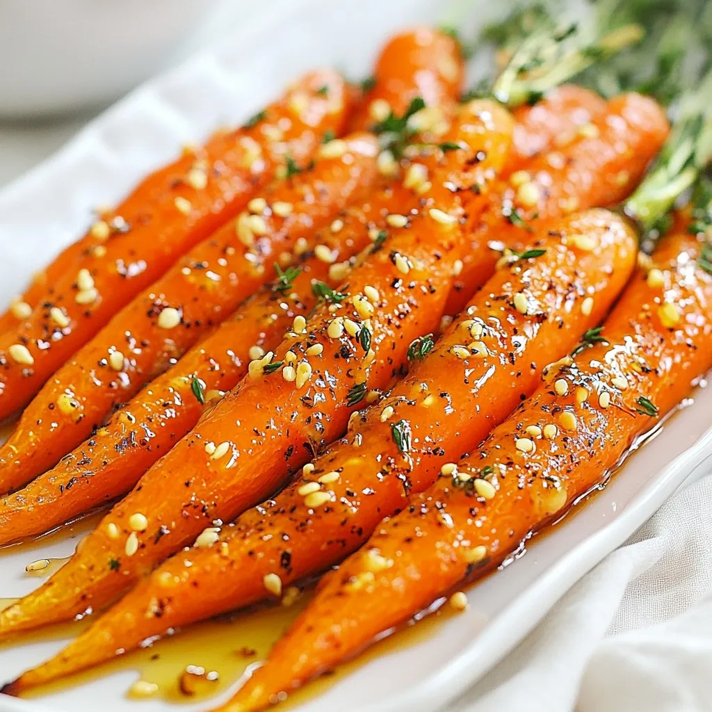 - Baby carrots - Honey - Garlic - Olive oil - Fresh thyme - Salt and pepper - Optional garnishes To make honey garlic roasted carrots, you need simple, fresh ingredients. First, grab 1 pound of baby carrots. They are sweet and tender, perfect for roasting. Next, you will need 3 tablespoons of honey. This adds a lovely sweetness that balances the garlic. You also need 3 cloves of garlic, minced. Garlic gives a strong flavor and works well with honey. For richness, use 2 tablespoons of olive oil. This helps the carrots roast nicely. For an herby touch, get 1 teaspoon of fresh thyme or 1/2 teaspoon of dried thyme. Thyme adds warmth and depth. Finally, season with salt and pepper to taste. If you like, sprinkle on 1 tablespoon of sesame seeds for a crunchy finish. These ingredients come together to create a sweet and savory dish that you will love. Enjoy making this easy recipe! {{ingredient_image_1}} First, set your oven to 425°F (220°C). This is the best temperature to roast the carrots. Let the oven preheat for about 10 minutes. This helps the carrots cook evenly and get nice and tender. In a large bowl, add 3 tablespoons of honey, 3 cloves of minced garlic, and 2 tablespoons of olive oil. Then, toss in 1 teaspoon of fresh thyme, plus salt and pepper to taste. Whisk all these ingredients well until they mix smoothly. The mix should be thick but pourable. If it's too thick, you can add a touch more olive oil. Take 1 pound of peeled baby carrots and add them to your honey garlic mix. Toss them gently but thoroughly. Make sure each carrot gets a nice coat of the mixture. This step is key for great flavor in every bite. Spread the coated carrots in a single layer on a baking sheet lined with parchment paper. This prevents sticking and helps with cleanup. Roast the carrots in the oven for 20 to 25 minutes. About halfway through, take them out and toss them around. This ensures they brown evenly. Once the carrots are tender and slightly caramelized, take them out of the oven. If you like, sprinkle 1 tablespoon of sesame seeds on top for a nice crunch. Serve the carrots warm. They make a great side dish! When picking carrots, baby carrots are sweet and tender. They cook quicker than regular carrots. Look for bright colors and smooth skins. Fresh carrots should feel firm, not soft. If they have green tops, that means they are fresh. Avoid carrots that look dull or have dark spots. You can change the sweetness by adding more or less honey. If you want a bit of spice, try red pepper flakes. Fresh herbs like parsley or dill can add a nice twist. Experiment with flavors to make the dish your own. Remember, just a small change can make a big difference. Place your baking sheet in the middle of the oven. This ensures even heat for roasting. Check the carrots after 20 minutes. They should be tender and caramelized. If they need more time, roast them a little longer. Toss them halfway through for even cooking. Pro Tips Use Fresh Carrots: Fresh baby carrots will yield the best flavor and texture. Look for vibrant colors and firm skin when selecting your carrots. Adjust the Sweetness: Feel free to adjust the amount of honey based on your preference. If you like it sweeter, add a little more honey before roasting. Check for Doneness: Roast the carrots until they are tender but still have a slight bite. You can test this by piercing them with a fork. Experiment with Herbs: While thyme works wonderfully, feel free to experiment with other herbs like rosemary or parsley for a different flavor profile. {{image_2}} You can switch up the flavor by adding thyme. Fresh thyme brings a bright taste. Dried thyme works well, too, and is easy to use. Just remember, dried herbs are stronger. Use half the amount if you choose dried thyme. This little change can elevate your dish. Want some heat? Add red pepper flakes for a spicy twist. Start with a pinch and taste as you go. You can also try using chili powder or cayenne pepper. These options can add depth and warmth. Adjust according to your spice preference for the best result. If you want a vegan version, swap honey for maple syrup. Maple syrup gives a sweet flavor that works great. Agave nectar is another good choice. Both options keep the dish sweet while making it plant-based. Enjoy the same tasty carrots without any animal products. After you enjoy your honey garlic roasted carrots, store leftovers in the fridge. Use an airtight container to keep them fresh. Glass or plastic containers work well. They can stay good for about 3 to 5 days. Always check for any signs of spoilage before eating. When you reheat your carrots, aim to keep them tender and not soggy. The best method is to use your oven. Preheat it to 350°F (175°C) and place the carrots on a baking sheet. Heat them for about 10 to 15 minutes. This keeps the texture nice. You can also use a microwave, but be careful. Heat them in short bursts to avoid excess moisture. To freeze your honey garlic roasted carrots, first let them cool completely. Then, spread them out on a baking sheet to freeze individually for a few hours. Once frozen, transfer them to a freezer bag. Remove as much air as possible. They can last up to 3 months in the freezer. When ready to eat, thaw them overnight in the fridge before reheating to keep the flavor intact. The cooking time for honey garlic roasted carrots is 20 to 25 minutes. You roast them at 425°F (220°C). Toss the carrots halfway through to ensure even cooking. This helps them get soft and slightly caramelized. Yes, you can use regular carrots instead of baby carrots. Just cut them into similar-sized pieces. This ensures they cook evenly. Baby carrots are tender and sweet, but regular carrots work well, too. You can prepare honey garlic roasted carrots ahead of time. Mix the honey, garlic, and oil, then coat the carrots. Store them in the fridge for up to 24 hours. Just roast them when you are ready to serve. Honey garlic roasted carrots pair well with many dishes. They complement roasted chicken and grilled fish perfectly. You can also serve them with rice or quinoa for a wholesome meal. Yes, honey garlic roasted carrots are healthy. Carrots are rich in vitamins and fiber. The honey adds a touch of sweetness, while garlic provides health benefits, like boosting your immune system. This dish is both tasty and nutritious. In this blog post, I guided you through making honey garlic roasted carrots. We covered all the key ingredients, the step-by-step instructions, and smart tips for perfect results. Remember, you can adjust flavors and even try different variations, like a spicy kick or vegan options. Follow these methods to enjoy delicious carrots that impress. Now, you can confidently roast carrots that are both tasty and healthy! Happy cooking!