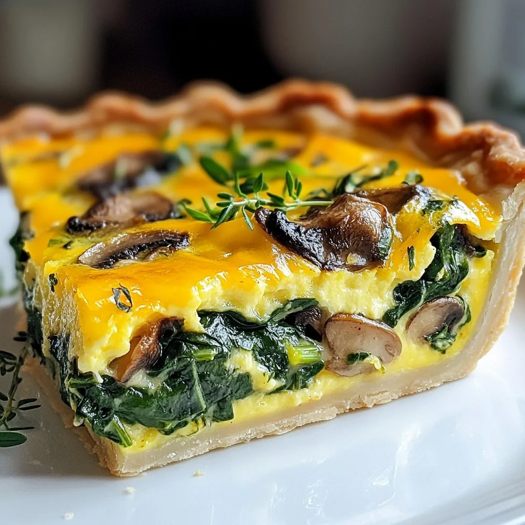 - 1 pre-made pie crust (or homemade if preferred) - 2 cups fresh spinach, chopped - 1 cup mushrooms, sliced (button or cremini work well) - 4 large eggs - 1 cup heavy cream (or half-and-half for a lighter version) - 1 cup shredded cheese (cheddar, mozzarella, or a mix) - 1 medium onion, finely chopped - 2 cloves garlic, minced - 1 teaspoon dried thyme - Salt and pepper to taste - Olive oil for sautéing Gathering the right ingredients is key. A good pie crust is a must. You can use a store-bought crust to save time or make your own for a personal touch. Fresh spinach adds a bright color and nutrients. I love using button or cremini mushrooms for their rich flavor. For the creamy filling, large eggs and heavy cream bring a nice texture. You can also use half-and-half if you want a lighter option. Cheese adds depth; I suggest a mix of cheddar and mozzarella. Flavors come alive with finely chopped onion and minced garlic. Dried thyme, salt, and pepper enhance the dish. Olive oil is perfect for sautéing your veggies. Each ingredient plays a role in making your quiche truly delicious. {{ingredient_image_1}} 1. Preheat your oven to 375°F (190°C). This step warms the oven for even cooking. 2. Chop the onion and mushrooms. Mince the garlic. Set these aside for later. 3. In a large skillet, heat 2 tablespoons of olive oil over medium heat. 4. Add the chopped onion to the skillet. Sauté until it gets soft, about 3-4 minutes. 5. Add the minced garlic next. Cook for another minute. You want it fragrant. 6. Now, incorporate the sliced mushrooms. Cook them until browned for about 5-7 minutes. 7. Finally, add the chopped spinach and thyme. Cook until the spinach wilts. Season with salt and pepper. Remove from heat and let it cool a bit. 1. In a mixing bowl, whisk together the eggs and heavy cream. Make sure they blend well. 2. Add the sautéed spinach and mushroom mix into the egg mixture. Stir until combined. 1. Place your pre-made pie crust into a quiche or pie dish. 2. Pour the filling into the crust. Make sure the veggies are spread evenly. 3. Sprinkle the shredded cheese on top of the filling. 4. Bake in the preheated oven for 35-40 minutes. The quiche should be set and golden on top. 5. Allow the quiche to cool for 10 minutes before slicing. Enjoy! To make your quiche shine, start by precooking the crust. This step ensures a crisp base. A soggy crust can ruin the dish. Bake the crust for about 10 minutes before adding the filling. This will keep it firm and flaky. Next, balance the seasonings. Too much salt can overpower the dish. Taste as you go. A sprinkle of pepper and a touch of thyme can enhance the flavors. Adjust to your liking for the best result. Garnish each slice with fresh herbs, like parsley or chives. This adds color and a fresh taste. You can also serve the quiche with a simple side salad. A light mixed greens salad pairs beautifully. Use a vinaigrette for a zesty kick. Consider adding sliced tomatoes or cucumbers for crunch. These sides brighten the meal and make it more complete. To lighten up your quiche, swap heavy cream for half-and-half or milk. This will cut down on calories but keep it creamy. You can also use low-fat cheese for a healthier option. Spinach and mushrooms bring great benefits. Spinach is rich in iron and vitamins. Mushrooms add fiber and antioxidants. Together, they create a nutritious dish that is both tasty and good for you. Pro Tips Use Fresh Ingredients: Always opt for fresh spinach and mushrooms for the best flavor and texture in your quiche. Customize Your Cheese: Experiment with different cheeses like feta or goat cheese for a unique twist on the classic flavor. Let It Rest: Allow the quiche to cool for at least 10 minutes before slicing; this helps it set and makes for cleaner slices. Storage Tips: Store leftover quiche in an airtight container in the fridge for up to 3 days. Reheat in the oven for the best texture. {{image_2}} You can switch things up with your quiche fillings. Try using different veggies like bell peppers, zucchini, or kale. Each adds its own taste and texture. If you want more flavor, consider adding proteins like crispy bacon or diced ham. These meats bring a savory touch that pairs well with spinach and mushrooms. If you need a gluten-free option, use a gluten-free pie crust. You can also make a crustless quiche. Just skip the crust and bake the filling in a greased dish. This method is lighter and saves time. It works well for those who want to avoid carbs. You can spice up your quiche with fresh herbs. Basil, dill, or parsley can brighten the dish. If you want a twist, try different cheeses. Feta, goat cheese, or even pepper jack can offer unique flavors. Mix and match to find your favorite combination. To store leftovers, let the quiche cool completely. Wrap it tightly in plastic wrap or foil. You can also place it in an airtight container. This keeps the quiche fresh and prevents it from drying out. For freezing quiche, cut it into slices. Wrap each slice in plastic wrap, then place them in a freezer bag. This way, you can take out one slice at a time. Quiche can be frozen for up to three months. The best way to reheat quiche is in the oven. Preheat your oven to 350°F (175°C). Place the quiche on a baking sheet and cover it with foil. Heat for about 15-20 minutes until warm. You can also use a microwave. Place a slice on a microwave-safe plate. Heat for 1-2 minutes. However, the oven keeps the crust crisp, making it a better choice. Quiche can last in the fridge for about 3-4 days. Store it in an airtight container or tightly wrapped. Watch for signs of spoilage. If you see mold or if it smells off, it’s best to throw it away. Always trust your senses! Can I make quiche ahead of time? Yes, you can make quiche ahead of time. Just prepare it, bake, and then cool it. Wrap it well and store it in the fridge for up to three days. You can also freeze it for up to three months. When ready to eat, reheat it in the oven for best results. How do I know when my quiche is done baking? Check your quiche at around 35 minutes. It should be set in the middle and slightly golden on top. You can also insert a knife; it should come out clean. If it wiggles too much, give it a few more minutes in the oven. What can I use instead of heavy cream? If you want a lighter option, use half-and-half or whole milk. You can also use a plant-based milk with added flour for thickness. This will keep your quiche creamy while cutting back on fat. Can I use frozen spinach instead of fresh? Yes, frozen spinach works well. Just make sure to thaw it and drain any excess water. This prevents the quiche from becoming soggy. Use about 1 cup of frozen spinach to replace 2 cups of fresh. What goes well with spinach mushroom quiche? This quiche pairs perfectly with a light side salad. You can use mixed greens with a simple vinaigrette. Fresh fruit or a crisp cucumber salad also makes a great side. Is quiche typically served hot or cold? Quiche can be served hot, warm, or cold. Many enjoy it right out of the oven, but it tastes just as good chilled. This makes it a versatile dish for any meal. In this blog post, we explored how to make a delicious spinach mushroom quiche. You learned about the essential ingredients, the step-by-step process, and useful tips to perfect your dish. I also shared variations and storage tips. Remember, quiche is versatile. You can customize fillings and crusts to match your taste. With these insights, you can impress everyone at your next meal. Enjoy making your quiche your way!