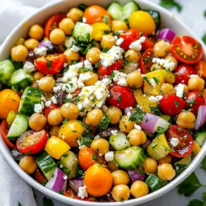 - 1 can (15 oz) chickpeas, drained and rinsed - 1 cup cherry tomatoes, halved - 1 cucumber, diced - 1 bell pepper (red or yellow), diced - 1/4 red onion, finely chopped - 1/2 cup Kalamata olives, pitted and sliced - 1/4 cup feta cheese, crumbled - 1/4 cup fresh parsley, chopped - 3 tablespoons olive oil - 2 tablespoons lemon juice - 1 teaspoon dried oregano - Salt and pepper to taste Each of these ingredients adds a unique flavor and texture to the salad. Chickpeas provide a hearty base. Cherry tomatoes bring sweetness and color. Cucumbers add crunch. Bell peppers offer a hint of sweetness and more crunch. Red onion gives a sharp bite. Kalamata olives add a salty depth. Feta cheese introduces creaminess. Fresh parsley brightens the dish. Olive oil and lemon juice create a zesty dressing. Dried oregano adds an earthy note. Salt and pepper enhance all these flavors. You can swap out some ingredients if needed. Use canned white beans instead of chickpeas for a different taste. Any tomato can work, but grape tomatoes are great too. If you don't have cucumbers, try zucchini. For the bell pepper, any color works, or you can skip it. If you want a milder flavor, use green onion instead of red onion. For a vegan option, omit the feta. You can use avocado for creaminess instead. - Chickpeas: High in protein and fiber, chickpeas aid digestion and keep you full. - Cherry Tomatoes: Packed with vitamins like C and K, they support skin health. - Cucumber: Low in calories and hydrating, cucumbers are great for weight control. - Bell Pepper: Rich in antioxidants, they boost your immune system. - Red Onion: High in antioxidants, red onion may reduce inflammation. - Kalamata Olives: Full of healthy fats, these olives promote heart health. - Feta Cheese: Provides protein and calcium, good for strong bones. - Fresh Parsley: Loaded with vitamins, parsley aids in digestion. - Olive Oil: Contains healthy fats that can lower cholesterol levels. - Lemon Juice: High in vitamin C, it enhances iron absorption and boosts immunity. - Dried Oregano: Known for its antibacterial properties, it adds flavor too. - Salt and Pepper: Essential for flavor, they make all the ingredients shine. These ingredients not only taste great together but also contribute to your health. This salad is a delicious and nutritious choice. {{ingredient_image_1}} Making Mediterranean chickpea salad is easy and quick. You will need about 15 minutes to prep. Gather all your fresh ingredients first. This will help you stay organized and fast. 1. In a large mixing bowl, combine the chickpeas, cherry tomatoes, cucumber, bell pepper, red onion, and Kalamata olives. 2. In a small bowl, whisk together olive oil, lemon juice, dried oregano, salt, and pepper. Mix until it is smooth. 3. Pour the dressing over the chickpea mix. Gently toss to coat all ingredients well. 4. Add the crumbled feta cheese and chopped parsley. Carefully fold them in so they stay nice. 5. Taste your salad. Adjust salt and pepper if you like. Let it rest for 15 minutes. This helps the flavors come together. - Use a large bowl to give yourself space while mixing. This prevents spills. - Be gentle when tossing the salad. You do not want to break the feta cheese. - If you like more flavor, add extra lemon juice or herbs. - If you want a creamier texture, you can add yogurt or a bit more olive oil. Enjoy your fresh and colorful Mediterranean chickpea salad! To make this Mediterranean chickpea salad even better, add fresh herbs. Basil or mint can add a new layer of taste. Try using lemon zest for a citrus boost. You can also swap the feta for goat cheese for a creamier texture. A pinch of red pepper flakes can give your salad a nice kick! This salad is perfect for meal prep. You can prepare it a day in advance. Just keep the dressing separate until you are ready to eat. This helps the veggies stay crisp. You can store it in an airtight container in the fridge. It lasts for up to three days. Enjoy it for lunch or as a side dish! Serve the salad in a large bowl for sharing. For individual servings, use small cups. Top with extra parsley and a few whole olives to make it pop. This salad looks bright and fresh. You can pair it with pita bread or grilled meat for a complete meal. Pro Tips Use Fresh Ingredients: The flavor of your salad will greatly benefit from using the freshest vegetables and herbs available. Opt for in-season produce for the best taste. Chill Before Serving: Allowing the salad to sit in the fridge for about 30 minutes before serving enhances the flavors as they meld together beautifully. Experiment with Dressings: Feel free to customize the dressing by adding a splash of balsamic vinegar or a hint of garlic for an extra layer of flavor. Make it a Meal: To transform this salad into a hearty meal, add grilled chicken, tuna, or quinoa for added protein and texture. {{image_2}} You can easily make this salad fit your diet. For a vegan version, just skip the feta cheese. You can also use a vegan feta. It gives a similar taste and texture. Adding extra chickpeas boosts protein. Try using other beans too, like black beans or kidney beans. They add a nice twist. If you want more protein, consider adding cooked chicken or tuna. Grilled chicken adds a smoky flavor. Canned tuna is quick and easy. Just drain it well and mix it in. Both options make the salad more filling. You can even use shredded rotisserie chicken for great taste without much work. Feel free to get creative with your salad. Swap feta cheese for goat cheese or mozzarella. Each cheese gives a different flavor. You can also change the veggies. Try adding diced avocado for creaminess or radishes for crunch. Swap bell peppers for zucchini or carrots for a fresh taste. Mixing things up keeps your salad exciting! Store leftovers in an airtight container. Make sure to keep it in the fridge. The salad stays fresh for about three days. If you can, eat it within two days for the best taste. When prepping this salad, keep the dressing separate. Mix it with the salad just before serving. This keeps the veggies crisp and prevents sogginess. You can chop veggies ahead of time and store them in the fridge. Chickpeas and veggies last well in the fridge. However, the feta can lose its texture. If you want to keep the salad fresh longer, wait to add the feta until serving. Always check for any signs of spoilage before eating. Enjoy your Mediterranean delight! If you don’t have Kalamata olives, use green olives instead. Green olives add a nice tang. You can also try capers for a briny kick. If you want to skip olives, add more cucumbers or bell peppers for crunch. Each option changes the flavor a bit, but it will still taste great. Yes, you can make this salad ahead of time. Just mix all the veggies and chickpeas first. Keep the dressing separate until you are ready to serve. This keeps the salad fresh and crisp. It will taste even better after the flavors blend for a few hours. To keep your salad from getting soggy, drain the chickpeas well. Also, avoid adding salt to the salad before serving. Salt draws out moisture from the veggies. Store the salad in an airtight container in the fridge to keep it fresh. Enjoy your salad at its best! We explored key ingredients and their benefits, with easy substitutions. I shared step-by-step directions for preparing and mixing your salad. Tips for flavor and presentation help you impress. We also covered variations, storage tips, and answered common questions. Salads can be fun and flexible. With these ideas, you can enjoy tasty meals that fit your needs. Happy cooking!