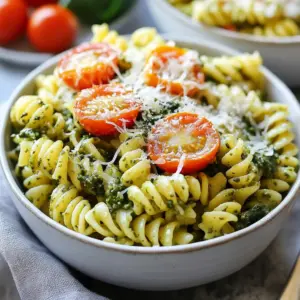To make this dish, gather these key items: - 12 oz (340g) pasta of choice (fusilli, penne, or farfalle) - 1 cup homemade or store-bought pesto - 1 cup heavy cream - 2 cups vegetable broth - 1 cup cherry tomatoes, halved - 1 cup spinach leaves, roughly chopped - 1/2 cup grated Parmesan cheese (plus extra for serving) - 2 tablespoons olive oil - 3 cloves garlic, minced - Salt and pepper, to taste - Red pepper flakes (optional, for heat) Each ingredient plays a big role in flavor and texture. The pasta serves as the base, while pesto provides that fresh, herb taste. Heavy cream makes the sauce rich and smooth. Feel free to enhance your dish with these extras: - Cooked chicken or shrimp for protein - Fresh basil for garnish - Sun-dried tomatoes for added sweetness - Zucchini or bell peppers for extra veggies - Nuts like pine nuts or walnuts for crunch These options let you make the dish your own. You can add what you love or have on hand. Choosing the right brands can boost your meal's flavor. Here are some trusted options: - Pesto: - Barilla Pesto Sauce - Classico Basil Pesto - Homemade pesto if you have time! - Parmesan: - Grana Padano - BelGioioso Parmesan - Locatelli Romano Using quality ingredients gives your pasta an extra touch. It helps make your dish taste like it came from a restaurant. {{ingredient_image_1}} Start by gathering all your ingredients. This makes cooking easier. You will need: - 12 oz (340g) pasta of choice (like fusilli, penne, or farfalle) - 1 cup homemade or store-bought pesto - 1 cup heavy cream - 2 cups vegetable broth - 1 cup cherry tomatoes, halved - 1 cup spinach leaves, roughly chopped - 1/2 cup grated Parmesan cheese (plus extra for serving) - 2 tablespoons olive oil - 3 cloves garlic, minced - Salt and pepper, to taste - Red pepper flakes (optional, for heat) Chop the cherry tomatoes and spinach. Mince the garlic. This helps the flavors blend well. In a large pot, heat the olive oil over medium heat. Add the minced garlic. Sauté it for about 1 minute. You want it to smell nice and fragrant. Next, pour in the vegetable broth. Bring it to a gentle boil. Once boiling, add in the pasta. Cook according to the package instructions. Stir often for about 8-12 minutes until the pasta is al dente. After the pasta cooks, reduce the heat to low. Stir in the heavy cream and pesto. Mix well to create a creamy sauce. Now, add the halved cherry tomatoes and chopped spinach. Cook for another 2-3 minutes. This will wilt the spinach and warm the tomatoes. Finally, stir in the grated Parmesan cheese. Mix until it melts and blends in. Season with salt, pepper, and red pepper flakes to taste. If the sauce is too thick, add a splash more vegetable broth or cream. Serve this lovely pasta hot. Garnish it with extra Parmesan cheese and fresh basil for a nice touch. Enjoy your one pot creamy pesto pasta! To make your pesto sauce creamy, use heavy cream. It adds richness and depth. You can also blend in a bit of extra cheese. This gives a smooth texture. If you want more flavor, stir in a bit of lemon juice. This brightens the dish nicely. For al dente pasta, cook it just until it has a slight bite. Check the package for timing. Stir the pasta often to prevent sticking. Use plenty of water and add salt. This enhances the pasta's flavor. Remember, the pasta will continue to cook in the sauce. So, don’t overcook it in the pot! Serve your creamy pesto pasta in deep bowls. Top each bowl with extra Parmesan cheese. A drizzle of olive oil adds a nice touch. Fresh basil leaves bring in a pop of green. If you like heat, sprinkle some red pepper flakes on top. This adds a fun kick to your meal. Pro Tips Perfect Pasta Texture: Make sure to cook the pasta until al dente. This ensures it retains its shape and provides a nice bite when mixed with the creamy sauce. Homemade Pesto Advantage: If possible, use homemade pesto for a fresher and more vibrant flavor. You can easily make it by blending fresh basil, garlic, pine nuts, Parmesan, and olive oil. Adjusting Creaminess: If you find the sauce too thick, gradually add more vegetable broth or cream until you reach your preferred consistency without diluting the flavor. Garnishing for Appeal: For a beautiful presentation, finish your dish with a sprinkle of extra Parmesan, a drizzle of high-quality olive oil, and fresh basil leaves. {{image_2}} You can easily adjust this recipe to fit your needs. If you want to make it gluten-free, simply use gluten-free pasta. Brown rice or quinoa pasta works well. For those watching calories, swap heavy cream for a lighter option like half-and-half or unsweetened almond milk. Just keep in mind that the flavor may change slightly. To turn this dish into a full meal, you can add protein. Chicken is a great choice. Cook it in the pot before you add the garlic. For shrimp, cook them until pink after adding the broth. Both options bring flavor and texture. If you need a quick meal, pre-cooked rotisserie chicken makes a fast and tasty addition. For a vegetarian version, leave out the cheese or use a plant-based option. Nutritional yeast is a great substitute for Parmesan. If you want a vegan option, use coconut cream instead of heavy cream. Replace the pesto with a dairy-free version or make your own using basil, nuts, and nutritional yeast. These swaps keep the dish rich and flavorful while meeting dietary needs. After enjoying your One Pot Creamy Pesto Pasta, let it cool first. Place leftovers in an airtight container. This keeps the pasta fresh. Store it in the fridge for up to three days. If you want to keep it longer, follow the freezing instructions below. When reheating, use low heat to avoid drying out the pasta. Add a splash of vegetable broth or cream. This helps restore the creamy sauce. Stir often for even heating. You can use a microwave or a stovetop for reheating. Just be gentle to keep that lovely texture. To freeze, let the pasta cool completely. Scoop it into freezer-safe bags or containers. Remove as much air as possible to prevent freezer burns. This dish can last up to three months in the freezer. When you’re ready to eat, thaw it overnight in the fridge before reheating. Yes, you can use gluten-free pasta. Look for brands that cook well. Gluten-free pasta may need a few extra minutes to cook. Check the package for the best time. This dish can last about 3 to 5 days in the fridge. Make sure to store it in an airtight container. The pasta may absorb sauce over time. Just add a splash of broth or cream when you reheat it. Yes, making your own pesto is easy! Here’s a simple method: - Ingredients: 2 cups fresh basil leaves, 1/2 cup grated Parmesan cheese, 1/3 cup nuts (like pine nuts or walnuts), 2 cloves garlic, and 1/2 cup olive oil. - Instructions: 1. Blend basil, nuts, and garlic in a food processor. 2. Slowly add olive oil while blending until smooth. 3. Stir in the cheese and season with salt and pepper. Enjoy your fresh, homemade pesto! This blog post covered everything you need for a tasty one pot creamy pesto pasta. We looked at key ingredients, like pesto and pasta, and how to customize them. I shared step-by-step instructions for cooking and creating a creamy sauce. You also learned tips for perfect pasta and fun variations for different diets. Finally, I provided smart storage and reheating advice. Now you can enjoy a quick, delicious meal that suits your needs!
