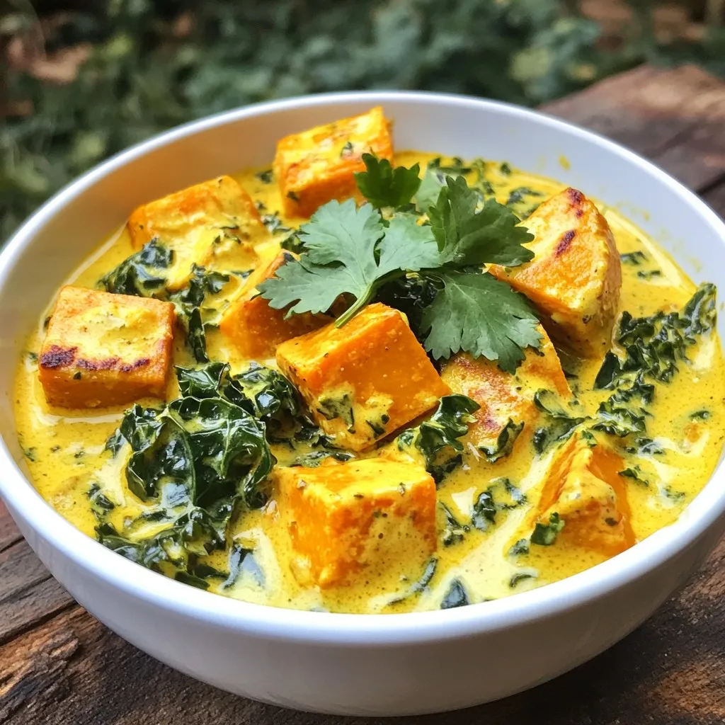 To make a delicious sweet potato kale curry, gather these simple ingredients: - 2 medium sweet potatoes, peeled and diced - 1 tablespoon coconut oil - 1 onion, finely chopped - 3 cloves garlic, minced - 1 tablespoon fresh ginger, grated - 1 tablespoon curry powder - 1 teaspoon cumin - 1 teaspoon turmeric - 1 can (400ml) coconut milk - 2 cups vegetable broth - 4 cups kale, stems removed and leaves roughly chopped - Salt and pepper to taste - Juice of 1 lime - Fresh cilantro for garnish These ingredients create a warm and comforting dish. Sweet potatoes give it a natural sweetness, while kale adds a nutritious boost. The spices bring a rich flavor that makes the curry special. Coconut milk adds creaminess, tying everything together. This curry is not just easy to make; it also offers a great way to enjoy healthy ingredients in one bowl. {{ingredient_image_1}} 1. Sautéing onion and spices Start by heating the coconut oil in a large pot over medium heat. Add the finely chopped onion. Cook for about five minutes until the onion turns soft and clear. This step builds a great base for your curry. Next, stir in the minced garlic and grated ginger. Cook for two more minutes. The smell will be amazing! Now, add the curry powder, cumin, and turmeric. Mix well and toast the spices for one to two minutes. This enhances their flavor. 2. Incorporating sweet potatoes Now it's time to add the diced sweet potatoes. Make sure they mix well with the onion and spices. This will coat them with flavor. 3. Cooking with coconut milk and broth Pour in the coconut milk and vegetable broth. Stir everything together. Bring the mixture to a gentle boil. This step helps the sweet potatoes cook evenly. 1. Reducing heat and simmering time Once boiling, reduce the heat to low. Cover the pot and let it simmer for about 15 minutes. This allows the sweet potatoes to become tender. 2. Adding kale After 15 minutes, stir in the chopped kale. This adds color and nutrients. Cook for another five minutes until the kale wilts and softens. 3. Seasoning and serving suggestions Finally, season the curry with salt, pepper, and lime juice to taste. This brightens the dish! Serve the curry hot, and don’t forget to garnish with fresh cilantro. Enjoy this flavorful and healthy dish! To cook sweet potatoes for the best texture, use fresh ones. Chop them into uniform pieces. This helps them cook evenly. Boil them for about ten minutes first. This speeds up the cooking process in the curry. Adjusting spice levels is key. If you like it hot, add more curry powder or a pinch of cayenne pepper. For milder flavors, reduce the curry powder. You can also add a dollop of yogurt for creaminess. Substituting ingredients can make this dish unique. Instead of kale, use spinach or Swiss chard. You can swap coconut milk for almond milk if you want a lighter taste. Pair your curry with rice or warm naan bread. The rice soaks up the sauce. Naan adds a nice texture to each bite. For presentation, garnish with fresh cilantro. This adds color and flavor. You can also squeeze lime juice on top. It brightens the dish and adds freshness. Pro Tips Use Fresh Ingredients: Fresh garlic, ginger, and spices will elevate the flavor of your curry significantly compared to dried or pre-packaged options. Adjust the Spice Level: If you prefer a spicier curry, consider adding a chopped chili pepper or a pinch of cayenne pepper when cooking the onions. Customize Your Greens: Feel free to mix in other leafy greens like spinach or Swiss chard for added nutrition and variety in texture. Let It Rest: Allow the curry to sit for a few minutes after cooking; this helps the flavors meld together for a more delicious dish. {{image_2}} You can easily change the greens in this recipe. Instead of kale, try spinach or Swiss chard. Both options bring a nice flavor and color. They cook fast, so stir them in at the end. Want to add protein? Chickpeas are a great choice. They add fiber and a nice texture. You can also use tofu. Just press it to remove water, then cube it. Add it when you cook the sweet potatoes. To boost flavor, consider adding nuts or seeds. Toasted cashews or sunflower seeds add crunch. They also enhance the dish's nutrition. You can try other spices too. A pinch of cinnamon or chili powder can add warmth. Feel free to explore! If you want a different cooking method, try a slow cooker. Just mix all the ingredients and cook on low for about 6 hours. A pressure cooker is also great. It cuts the cooking time to about 10 minutes. These variations make the sweet potato kale curry fun and unique! To keep your sweet potato kale curry fresh, use airtight containers. Glass or plastic containers work well. Make sure they seal tightly. This keeps moisture in and air out. Your curry will last up to four days in the fridge. If you want to store it longer, consider freezing it. In the freezer, it can last for about three months. When reheating your curry, you have two good options: the stovetop or the microwave. For the stovetop method, pour the curry into a pot. Heat it over low to medium heat. Stir it often to avoid burning. For the microwave, place the curry in a microwave-safe dish. Cover it and heat for one minute, then stir. Repeat until hot. To keep the texture and flavor, add a splash of water or coconut milk while reheating. This will help maintain its creamy goodness. Enjoy your warm and tasty curry again! Can I make this curry vegan? Yes, this curry is vegan by default. It uses coconut milk and vegetable broth. Both are plant-based. You can use any vegetable broth you like. Just check the labels to be sure. How do I make it spicier? To add heat, stir in some red pepper flakes or diced jalapeños. You can also use a spicier curry powder. Adjust the amount to fit your taste. Start with a little and add more if needed. What can I serve with sweet potato kale curry? This curry pairs well with rice or quinoa. You can also serve it with naan bread. For a fresh touch, add a side salad. Each option brings out the flavors of the curry. Enjoy experimenting with your favorites! This recipe for sweet potato kale curry is rich in flavor and simple to make. You learned how to prepare, cook, and serve it. I shared tips for perfect texture and spice levels. I also suggested fun ingredient swaps and storage ideas for leftovers. Enjoy this dish as is, or tweak it to your taste. Happy cooking!