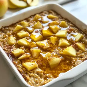 To make a delightful Apple Cinnamon Baked Oatmeal, gather these simple ingredients: - 2 cups rolled oats - 2 cups almond milk (or any milk of choice) - 2 large apples, peeled and diced - 1/2 cup brown sugar (or maple syrup) - 1/4 cup unsweetened applesauce - 1 teaspoon baking powder - 1 teaspoon ground cinnamon - 1/2 teaspoon vanilla extract - 1/4 teaspoon salt - 1/2 cup chopped nuts (walnuts or pecans, optional) - 1/4 cup raisins or dried cranberries (optional) You can switch ingredients to fit your taste or needs. Here are a few ideas: - Milk: Use oat milk, coconut milk, or regular cow's milk. - Sugar: Replace brown sugar with coconut sugar or honey. - Apples: Try pears or berries for a different fruit flavor. - Nuts: Swap walnuts for almonds or skip them for a nut-free dish. - Dried fruit: Use chopped dates or figs instead of raisins. This baked oatmeal packs a punch in nutrition. Here’s what makes it great: - Oats: They are high in fiber, which helps digestion and keeps you full. - Apples: These fruits add fiber and vitamins. They also give a natural sweetness. - Cinnamon: This spice may help lower blood sugar levels and adds a warm flavor. - Nuts: Walnuts or pecans provide healthy fats and protein, boosting heart health. - Applesauce: Using applesauce lowers sugar and adds moisture without extra fat. Each bite of this dish not only tastes good but also fuels your body with great nutrients. Enjoy making it your own! {{ingredient_image_1}} Start by gathering your ingredients. You will need rolled oats, almond milk, apples, brown sugar, applesauce, baking powder, cinnamon, vanilla extract, salt, and optional nuts or dried fruit. 1. Preheat your oven to 350°F (175°C). This step is key for even baking. 2. Lightly grease a 9x9-inch baking dish with oil or cooking spray. This helps prevent sticking. 3. In a large bowl, mix the rolled oats, baking powder, ground cinnamon, and salt. Stir them well and set the bowl aside. 4. In another bowl, whisk together the almond milk, brown sugar (or maple syrup), applesauce, and vanilla extract. Keep whisking until it’s smooth and mixed. Once your mixture is ready, pour the wet ingredients into the dry oat mixture. Stir gently until they just combine. 1. Fold in the diced apples, nuts, and dried fruit if you like. This adds great flavor and texture. 2. Transfer the oatmeal mixture into your greased baking dish. Spread it out evenly for uniform cooking. 3. Place it in your preheated oven and bake for 30-35 minutes. The top should turn golden brown. For the best texture, ensure you don’t overmix the batter. Mixing too much can make it dense. - Keep an eye on the baking time. Ovens vary, so check for a golden top. - Let your baked oatmeal cool for a few minutes before slicing. This helps it set and makes it easier to serve. Enjoy your warm, delicious Apple Cinnamon Baked Oatmeal! I love serving Apple Cinnamon Baked Oatmeal warm. It tastes great with a drizzle of honey or maple syrup. You can also top it with fresh apple slices. For added crunch, sprinkle some nuts on top. This dish pairs nicely with yogurt or a scoop of ice cream for a fun twist. The best time to enjoy this baked oatmeal is for breakfast. It’s filling and gives you energy for the day. You can also serve it as a snack or even a dessert. It's a cozy treat for chilly mornings or lazy weekends. One common mistake is not measuring your oats or liquids correctly. Too much liquid can make it soggy. Make sure to use the right amount of apples, too; they should be diced small for even cooking. Don’t skip greasing the baking dish, as it helps with easy serving. Lastly, remember to let it cool slightly before slicing; this helps it hold its shape. Pro Tips Use Fresh Apples: The flavor and texture of your baked oatmeal will greatly improve with fresh, crisp apples. Try using a mix of sweet and tart varieties for a complex flavor profile. Customize Sweetness: Adjust the amount of brown sugar or maple syrup according to your taste preference. You can also use ripe bananas for natural sweetness and added moisture. Store Properly: Leftovers can be stored in an airtight container in the fridge for up to 5 days. Reheat individual portions in the microwave for a quick breakfast. Add More Spices: Experiment with spices like nutmeg or ginger for added warmth and depth. A pinch of nutmeg complements the cinnamon beautifully. {{image_2}} You can change the flavor of your baked oatmeal by using different fruits. Try these options: - Bananas: Slice ripe bananas and mix them in. They add sweetness and moisture. - Berries: Use blueberries, strawberries, or raspberries for a burst of tartness. - Peaches: Diced peaches bring a fresh taste and juicy texture. - Pears: Swap apples for pears for a softer bite and sweet flavor. Mix and match fruits to find your favorite combo. Explore new tastes and have fun! Want to make this dish vegan? Just swap regular milk for almond milk or coconut milk. For sweeteners, use maple syrup instead of brown sugar. Both choices work well. If you need a gluten-free option, use certified gluten-free oats. These oats keep the dish yummy while being safe for gluten-sensitive friends. Check labels to ensure they meet your needs. You can boost the protein in your baked oatmeal easily. Here are some ideas: - Greek Yogurt: Stir in a dollop of Greek yogurt before serving. It adds creaminess and protein. - Nut Butters: Mix in almond or peanut butter to give a nutty flavor and extra fuel. - Chia Seeds: Add chia seeds for their health benefits. They help with energy and fullness. - Protein Powder: A scoop of your favorite protein powder blends well without changing the taste. These additions make your breakfast more filling and keep you energized longer. Enjoy experimenting with these variations! To store your leftover apple cinnamon baked oatmeal, let it cool first. Once it’s at room temperature, cut it into squares. Place the squares in an airtight container. You can keep it in the fridge for up to five days. This way, you can enjoy it again soon! When you are ready to eat the leftovers, you can reheat them easily. For the best results, use the oven. Preheat the oven to 350°F (175°C). Place the squares on a baking sheet and cover with foil. Heat for about 10-15 minutes, or until warm. You can also use the microwave. Just heat for 30 seconds at a time until hot. If you want to save some for later, freezing is a great option. Wrap each square tightly in plastic wrap. Then, place them in a freezer-safe bag or container. They can stay in the freezer for up to three months. When you are ready to enjoy, thaw in the fridge overnight and reheat as needed. Yes, you can make apple cinnamon baked oatmeal ahead of time. Prepare the recipe and mix all the ingredients. After mixing, cover the dish and store it in the fridge overnight. In the morning, just pop it in the oven. This saves time and makes a quick breakfast easy. If you do not have almond milk, you can use any milk you like. Whole milk, oat milk, or soy milk all work well. Each type of milk gives a slightly different taste and texture. Choose what fits your diet or taste best. Apple cinnamon baked oatmeal lasts up to five days in the fridge. Store it in an airtight container to keep it fresh. You can also freeze it for up to three months. Just thaw it in the fridge before reheating. This article covered how to make delicious baked oatmeal. We discussed key ingredients, their substitutions, and health benefits. I shared step-by-step instructions and tips for perfect texture. We explored serving suggestions and common mistakes to avoid. Variations like fruit options and vegan choices gave you more ideas. Lastly, I explained how to store and reheat leftovers. Baked oatmeal is easy to prepare and enjoy. With these tips, you can make it your own. Happy baking!