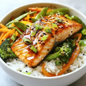 - 2 salmon fillets (6 oz each) - 1/4 cup teriyaki sauce (homemade or store-bought) - 1 cup jasmine rice - 1 cup broccoli florets - 1 carrot, julienned - 1/2 cup sugar snap peas - 2 green onions, sliced - 1 tablespoon sesame seeds - 1 tablespoon sesame oil - Salt and pepper, to taste Gathering these ingredients is easy. Salmon fillets are the star of this dish. They bring rich flavor and protein. The teriyaki sauce adds a sweet and savory taste. You can use homemade or store-bought sauce. Jasmine rice serves as a fluffy base. It pairs well with the salmon and veggies. For vegetables, I love using fresh broccoli, carrots, and sugar snap peas. They add color and crunch. Green onions and sesame seeds make great garnishes. They add a nice touch and extra flavor. When cooking, sesame oil gives a warm, nutty taste. It enhances everything in the dish. Don't forget salt and pepper for seasoning. They help balance the flavors. This ingredient list makes the perfect teriyaki salmon rice bowl. Each bite bursts with flavor and freshness! {{ingredient_image_1}} 1. Start by rinsing the jasmine rice under cold water. Keep rinsing until the water runs clear. This removes excess starch and helps the rice cook better. 2. In a medium saucepan, combine 1 cup of rinsed rice with 2 cups of water. Bring the mixture to a boil over high heat. 3. Once it boils, lower the heat to low. Cover the pot and let it simmer for about 15 minutes. The rice will absorb the water and become tender. 4. After 15 minutes, take the pot off the heat. Let it sit, still covered, for another 5 minutes. This step helps the rice fluff up nicely. 1. While the rice cooks, prepare the salmon. Take 2 salmon fillets and place them in a shallow dish. 2. Pour 1/4 cup of teriyaki sauce over the salmon. Make sure the fillets are well coated. 3. Let the salmon marinate for about 15 minutes. This allows the flavors to soak in. Turn the fillets halfway through for even flavor. 1. Heat 1 tablespoon of sesame oil in a skillet over medium-high heat. This oil adds a nice flavor to the dish. 2. Add 1 cup of broccoli florets, 1 julienned carrot, and 1/2 cup of sugar snap peas to the skillet. Stir-fry these vegetables for about 5 minutes. They should be tender but still crisp. 3. Season with salt and pepper to taste. Once done, remove the vegetables from the skillet and set them aside. 4. In the same skillet, push the vegetables to one side. Add the marinated salmon fillets. Cook for about 4-5 minutes on each side. The salmon should be cooked through and have a nice glaze from the teriyaki sauce. 1. To assemble, scoop a serving of the jasmine rice into each bowl. Use a generous amount for a filling base. 2. Top each bowl with a salmon fillet. Make sure to place it nicely on the rice. 3. Add a generous portion of the stir-fried vegetables on the side of the salmon. 4. Finish by garnishing with sliced green onions and a sprinkle of sesame seeds. This adds extra flavor and a nice crunch. To achieve fluffy jasmine rice, start by rinsing the rice. Rinse it under cold water until the water runs clear. This step removes extra starch. Next, combine one cup of rice with two cups of water in a medium saucepan. Bring the water to a boil, then lower the heat. Cover the pot and let it simmer for about 15 minutes. After that, take it off the heat but let it sit, still covered, for five more minutes. This resting time makes the rice fluffy. The best methods for cooking salmon include pan-searing and broiling. For pan-searing, heat sesame oil in a skillet over medium-high heat. Add the marinated salmon fillets to the skillet. Cook for four to five minutes on each side. This method leaves a nice glaze from the teriyaki sauce. To ensure the salmon stays moist, do not overcook it. Check for an internal temperature of 145°F. You can also marinate the salmon for at least 15 minutes. This adds flavor and helps keep it juicy while cooking. For extra flavor, consider adding more sauces or spices. You could drizzle on some extra teriyaki sauce before serving. A sprinkle of chili flakes adds a nice kick. You can also try adding a splash of lime juice for brightness. For presentation, serve your rice bowls with extra teriyaki sauce on the side. Adding a slice of lime not only gives color but also enhances the taste. Place the salmon and vegetables neatly on top of the rice. This makes your meal look as good as it tastes. Pro Tips Marinate Well: Ensure the salmon fillets are fully submerged in the teriyaki sauce for even flavor absorption. Rice Rinse: Rinsing the rice helps remove excess starch, resulting in fluffier and less sticky rice. Vegetable Color: Use a variety of colorful vegetables to enhance the visual appeal and nutritional value of the dish. Garnish Smartly: Fresh herbs or a sprinkle of chili flakes can elevate the dish, adding freshness and a hint of spice. {{image_2}} You can easily switch out salmon for other proteins. Chicken, tofu, or shrimp work great. If you choose chicken, cook it until it's no longer pink. For tofu, press it to remove water, then marinate and cook until golden. Shrimp cooks quickly, so sauté it just until pink and firm. Each option brings its own taste and texture. Feel free to mix in different vegetables for your stir-fry. Bell peppers, zucchini, and snap peas add color and crunch. You can also use bok choy or mushrooms for extra flavor. The key is to stir-fry them until they are tender but still crisp. This keeps the dish vibrant and adds nutrients. If you want a change from jasmine rice, try brown rice or quinoa. Brown rice has a nutty flavor and more fiber. It takes longer to cook, so plan for that. Quinoa is a protein-packed option, cooking faster than brown rice. Rinse it first to remove the bitter coating. Each grain adds a unique twist to your rice bowl. To store your teriyaki salmon rice bowls, let them cool first. Place the leftovers in an airtight container. This keeps the food fresh. Store them in the fridge. They will last for up to three days. Always label the container with the date. This will help you remember when you made them. When it's time to eat your leftovers, reheating is key. The best method is using the microwave. Place the bowl in the microwave and cover it with a lid or a damp paper towel. Heat it for one to two minutes. Check if it's hot enough. If not, heat in 30-second intervals. You can also use a skillet. Heat it on low and stir gently until warm. This keeps the salmon juicy and the rice fluffy. Freezing is also an option for teriyaki salmon rice bowls. To freeze, let the meal cool completely. Portion the food into freezer-safe bags. Squeeze out the air before sealing. Label each bag with the date. You can freeze them for up to three months. When ready to eat, thaw the bowl in the fridge overnight. Heat it up using the microwave or skillet. This way, you can enjoy a tasty meal anytime! It takes about 40 minutes to make teriyaki salmon rice bowls. Here’s how the time breaks down: - Prep Time: 15 minutes - Cooking Time: 25 minutes You will spend 15 minutes washing and cooking the rice. While it cooks, you can marinate the salmon. Stir-frying the veggies takes about 5 minutes. Cooking the salmon in the skillet takes another 8-10 minutes. The timing is perfect for a quick dinner. Yes, you can use store-bought teriyaki sauce. There are some pros and cons to think about: - Pros: - Quick and easy to use. - No need to measure or mix ingredients. - Cons: - Might have added sugars or preservatives. - Flavor may not be as fresh as homemade. If you choose to make your own, you can adjust the flavors to fit your taste. It’s fun to experiment with different ingredients too! You can serve various side dishes with your teriyaki salmon rice bowls. Here are some great ideas: - Steamed Edamame: Adds protein and a nice pop of color. - Miso Soup: Light and comforting, pairs well with salmon. - Seaweed Salad: Offers a fresh and tangy contrast. - Pickled Vegetables: Adds crunch and acidity. Feel free to mix and match these sides for a complete meal! This post outlined how to make tasty teriyaki salmon rice bowls. We covered key ingredients like salmon, veggies, and jasmine rice. I shared step-by-step cooking instructions and helpful tips for perfect results. You can also customize the recipe with different proteins and veggies. To make meal prep easy, I included storage and reheating info. With this guide, you can enjoy a healthy meal anytime. Cooking is fun and rewarding. I hope you try this bright and delicious dish!