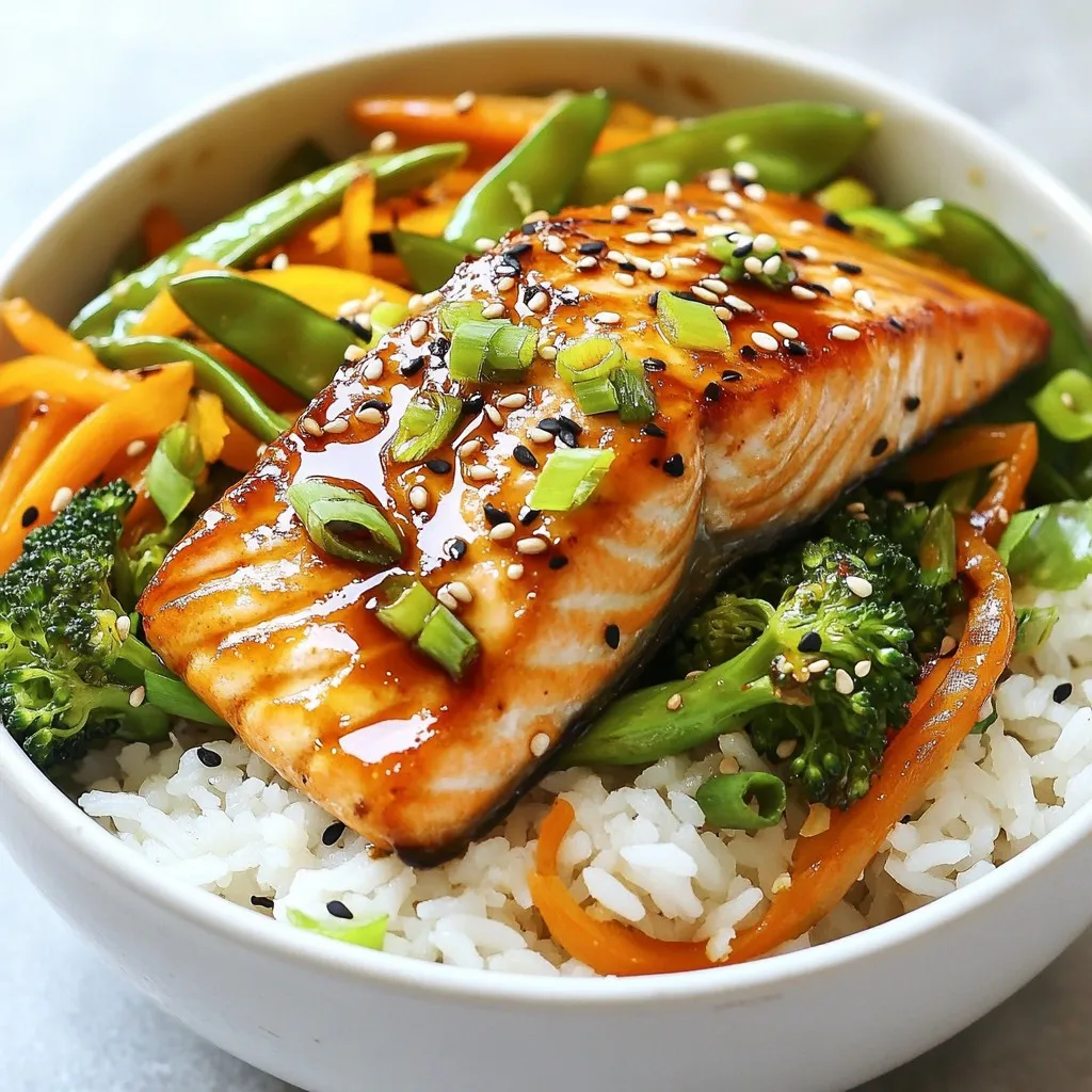- 2 salmon fillets (6 oz each) - 1/4 cup teriyaki sauce (homemade or store-bought) - 1 cup jasmine rice - 1 cup broccoli florets - 1 carrot, julienned - 1/2 cup sugar snap peas - 2 green onions, sliced - 1 tablespoon sesame seeds - 1 tablespoon sesame oil - Salt and pepper, to taste Gathering these ingredients is easy. Salmon fillets are the star of this dish. They bring rich flavor and protein. The teriyaki sauce adds a sweet and savory taste. You can use homemade or store-bought sauce. Jasmine rice serves as a fluffy base. It pairs well with the salmon and veggies. For vegetables, I love using fresh broccoli, carrots, and sugar snap peas. They add color and crunch. Green onions and sesame seeds make great garnishes. They add a nice touch and extra flavor. When cooking, sesame oil gives a warm, nutty taste. It enhances everything in the dish. Don't forget salt and pepper for seasoning. They help balance the flavors. This ingredient list makes the perfect teriyaki salmon rice bowl. Each bite bursts with flavor and freshness! {{ingredient_image_1}} 1. Start by rinsing the jasmine rice under cold water. Keep rinsing until the water runs clear. This removes excess starch and helps the rice cook better. 2. In a medium saucepan, combine 1 cup of rinsed rice with 2 cups of water. Bring the mixture to a boil over high heat. 3. Once it boils, lower the heat to low. Cover the pot and let it simmer for about 15 minutes. The rice will absorb the water and become tender. 4. After 15 minutes, take the pot off the heat. Let it sit, still covered, for another 5 minutes. This step helps the rice fluff up nicely. 1. While the rice cooks, prepare the salmon. Take 2 salmon fillets and place them in a shallow dish. 2. Pour 1/4 cup of teriyaki sauce over the salmon. Make sure the fillets are well coated. 3. Let the salmon marinate for about 15 minutes. This allows the flavors to soak in. Turn the fillets halfway through for even flavor. 1. Heat 1 tablespoon of sesame oil in a skillet over medium-high heat. This oil adds a nice flavor to the dish. 2. Add 1 cup of broccoli florets, 1 julienned carrot, and 1/2 cup of sugar snap peas to the skillet. Stir-fry these vegetables for about 5 minutes. They should be tender but still crisp. 3. Season with salt and pepper to taste. Once done, remove the vegetables from the skillet and set them aside. 4. In the same skillet, push the vegetables to one side. Add the marinated salmon fillets. Cook for about 4-5 minutes on each side. The salmon should be cooked through and have a nice glaze from the teriyaki sauce. 1. To assemble, scoop a serving of the jasmine rice into each bowl. Use a generous amount for a filling base. 2. Top each bowl with a salmon fillet. Make sure to place it nicely on the rice. 3. Add a generous portion of the stir-fried vegetables on the side of the salmon. 4. Finish by garnishing with sliced green onions and a sprinkle of sesame seeds. This adds extra flavor and a nice crunch. To achieve fluffy jasmine rice, start by rinsing the rice. Rinse it under cold water until the water runs clear. This step removes extra starch. Next, combine one cup of rice with two cups of water in a medium saucepan. Bring the water to a boil, then lower the heat. Cover the pot and let it simmer for about 15 minutes. After that, take it off the heat but let it sit, still covered, for five more minutes. This resting time makes the rice fluffy. The best methods for cooking salmon include pan-searing and broiling. For pan-searing, heat sesame oil in a skillet over medium-high heat. Add the marinated salmon fillets to the skillet. Cook for four to five minutes on each side. This method leaves a nice glaze from the teriyaki sauce. To ensure the salmon stays moist, do not overcook it. Check for an internal temperature of 145°F. You can also marinate the salmon for at least 15 minutes. This adds flavor and helps keep it juicy while cooking. For extra flavor, consider adding more sauces or spices. You could drizzle on some extra teriyaki sauce before serving. A sprinkle of chili flakes adds a nice kick. You can also try adding a splash of lime juice for brightness. For presentation, serve your rice bowls with extra teriyaki sauce on the side. Adding a slice of lime not only gives color but also enhances the taste. Place the salmon and vegetables neatly on top of the rice. This makes your meal look as good as it tastes. Pro Tips Marinate Well: Ensure the salmon fillets are fully submerged in the teriyaki sauce for even flavor absorption. Rice Rinse: Rinsing the rice helps remove excess starch, resulting in fluffier and less sticky rice. Vegetable Color: Use a variety of colorful vegetables to enhance the visual appeal and nutritional value of the dish. Garnish Smartly: Fresh herbs or a sprinkle of chili flakes can elevate the dish, adding freshness and a hint of spice. {{image_2}} You can easily switch out salmon for other proteins. Chicken, tofu, or shrimp work great. If you choose chicken, cook it until it's no longer pink. For tofu, press it to remove water, then marinate and cook until golden. Shrimp cooks quickly, so sauté it just until pink and firm. Each option brings its own taste and texture. Feel free to mix in different vegetables for your stir-fry. Bell peppers, zucchini, and snap peas add color and crunch. You can also use bok choy or mushrooms for extra flavor. The key is to stir-fry them until they are tender but still crisp. This keeps the dish vibrant and adds nutrients. If you want a change from jasmine rice, try brown rice or quinoa. Brown rice has a nutty flavor and more fiber. It takes longer to cook, so plan for that. Quinoa is a protein-packed option, cooking faster than brown rice. Rinse it first to remove the bitter coating. Each grain adds a unique twist to your rice bowl. To store your teriyaki salmon rice bowls, let them cool first. Place the leftovers in an airtight container. This keeps the food fresh. Store them in the fridge. They will last for up to three days. Always label the container with the date. This will help you remember when you made them. When it's time to eat your leftovers, reheating is key. The best method is using the microwave. Place the bowl in the microwave and cover it with a lid or a damp paper towel. Heat it for one to two minutes. Check if it's hot enough. If not, heat in 30-second intervals. You can also use a skillet. Heat it on low and stir gently until warm. This keeps the salmon juicy and the rice fluffy. Freezing is also an option for teriyaki salmon rice bowls. To freeze, let the meal cool completely. Portion the food into freezer-safe bags. Squeeze out the air before sealing. Label each bag with the date. You can freeze them for up to three months. When ready to eat, thaw the bowl in the fridge overnight. Heat it up using the microwave or skillet. This way, you can enjoy a tasty meal anytime! It takes about 40 minutes to make teriyaki salmon rice bowls. Here’s how the time breaks down: - Prep Time: 15 minutes - Cooking Time: 25 minutes You will spend 15 minutes washing and cooking the rice. While it cooks, you can marinate the salmon. Stir-frying the veggies takes about 5 minutes. Cooking the salmon in the skillet takes another 8-10 minutes. The timing is perfect for a quick dinner. Yes, you can use store-bought teriyaki sauce. There are some pros and cons to think about: - Pros: - Quick and easy to use. - No need to measure or mix ingredients. - Cons: - Might have added sugars or preservatives. - Flavor may not be as fresh as homemade. If you choose to make your own, you can adjust the flavors to fit your taste. It’s fun to experiment with different ingredients too! You can serve various side dishes with your teriyaki salmon rice bowls. Here are some great ideas: - Steamed Edamame: Adds protein and a nice pop of color. - Miso Soup: Light and comforting, pairs well with salmon. - Seaweed Salad: Offers a fresh and tangy contrast. - Pickled Vegetables: Adds crunch and acidity. Feel free to mix and match these sides for a complete meal! This post outlined how to make tasty teriyaki salmon rice bowls. We covered key ingredients like salmon, veggies, and jasmine rice. I shared step-by-step cooking instructions and helpful tips for perfect results. You can also customize the recipe with different proteins and veggies. To make meal prep easy, I included storage and reheating info. With this guide, you can enjoy a healthy meal anytime. Cooking is fun and rewarding. I hope you try this bright and delicious dish!