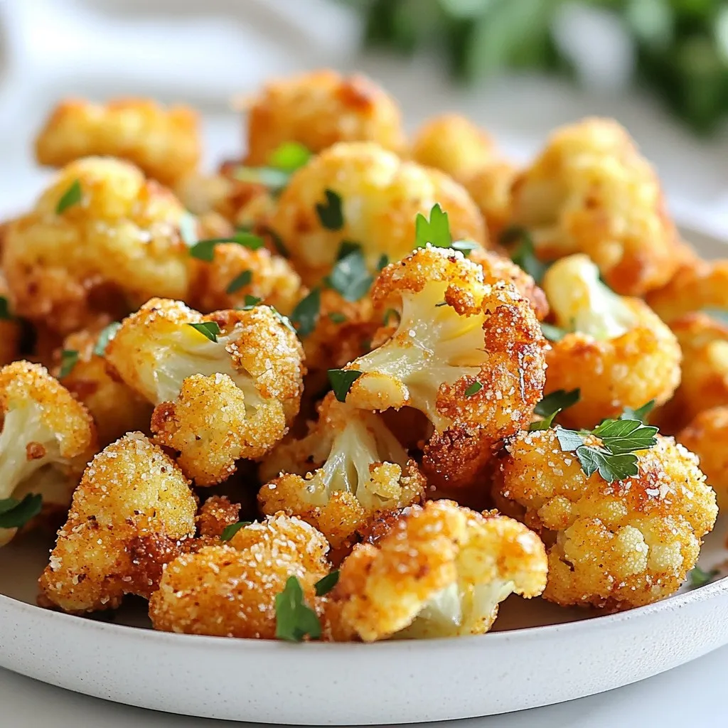 - Cauliflower florets - Almond flour - Cajun seasoning - Garlic powder - Onion powder - Smoked paprika - Cayenne pepper - Salt - Black pepper - Plant-based milk - Olive oil - Fresh parsley To make Spicy Cajun Cauliflower Bites, you need a few simple ingredients. Start with a large head of cauliflower. Cut it into bite-sized florets. This will give you the perfect base for your crunchy snack. Next, you’ll need almond flour. This flour adds a nutty flavor and helps create that crispy coating. Cajun seasoning gives these bites their bold taste. You can find it at most stores. If you want to make your own, mix paprika, cayenne, garlic, and herbs. You will also use garlic powder and onion powder for extra flavor. Smoked paprika adds a nice touch of smokiness. If you love heat, add cayenne pepper. Adjust the amount to fit your taste. Don't forget salt and black pepper to season everything. For the wet ingredients, pour in some plant-based milk or regular milk. This helps the almond flour stick to the cauliflower. Finally, drizzle olive oil over the bites for extra crispiness. Top it off with fresh parsley for a pop of color. These ingredients work together to create a snack that is bold and crunchy. Enjoy these bites at your next gathering or as a tasty treat anytime! {{ingredient_image_1}} 1. Preheat your oven to 425°F (220°C). 2. Line a baking sheet with parchment paper to prevent sticking. 3. In a large mixing bowl, combine the almond flour, Cajun seasoning, garlic powder, onion powder, smoked paprika, cayenne pepper, salt, and black pepper. Mix until all ingredients are well combined. 4. In another bowl, pour in the unsweetened plant-based milk. 1. Dip each cauliflower floret into the milk. Let the excess milk drip off. 2. Coat the floret in the almond flour mixture. Make sure each piece is fully covered. 3. Place the coated cauliflower bites on the prepared baking sheet. 4. Drizzle the florets with olive oil. This helps them get crispy. 5. Bake in the preheated oven for 25-30 minutes. Flip them halfway through for even cooking. They should be golden brown and crunchy. 1. After baking, remove the cauliflower bites from the oven. Let them cool for a few minutes on the baking sheet. 2. Garnish with chopped fresh parsley for a bright touch. 3. Serve warm for the best taste and texture. To get that crunchy texture, olive oil plays a key role. It helps the cauliflower get golden brown. Drizzle it evenly over the bites before baking. The baking time is also important. Bake at 425°F (220°C) for 25-30 minutes. Flip the florets halfway through. This ensures all sides get that perfect crisp. If you want more heat, add more cayenne pepper. For a milder taste, reduce the cayenne. Cajun seasoning can also be adjusted. Start with one tablespoon and taste. You can always add more if you want more kick. It’s all about finding your perfect balance. For dipping, ranch or creamy garlic sauce works great. You can also try spicy aioli for extra flavor. These bites make great appetizers for parties. Serve them with veggie platters or cheese boards. They will impress everyone at your gathering! Pro Tips Adjust Your Spice Level: If you prefer a milder flavor, reduce the cayenne pepper or omit it entirely. For more heat, feel free to add extra seasoning or a dash of hot sauce before serving. Choose the Right Cauliflower: Look for a fresh head of cauliflower that is firm and has tightly packed florets. This ensures a better texture and flavor in your bites. Let Them Rest: Allow the cauliflower bites to cool for a few minutes after baking. This helps them crisp up even more and enhances the overall flavor. Experiment with Dipping Sauces: Try serving these spicy bites with a variety of dipping sauces like ranch, garlic aioli, or a zesty yogurt sauce for added flavor and variety. {{image_2}} To make these bites vegan, use plant-based milk. Almond flour is already gluten-free. If you need an alternative for almond flour, try oat flour or chickpea flour. Both will work well and keep the flavor tasty. You can boost the flavor by adding extra spices. Consider trying cumin or chili powder for more heat. You can also mix in other vegetables. Bell peppers or zucchini slices coat nicely and add more crunch. You can choose between an air fryer or oven baking. The air fryer gives a crispier texture and cooks faster. If you prefer grilling, that works too! Just place the coated florets on a grill basket and cook until tender and charred. To store your spicy Cajun cauliflower bites, let them cool first. Place them in an airtight container. This helps keep them fresh. You can keep them in the refrigerator for up to 3 days. Use glass or plastic containers with tight lids. These are the best for holding in moisture and flavor. When you want to enjoy your leftovers, reheating is easy. The best method is the oven. Preheat your oven to 375°F (190°C). Place the cauliflower bites on a baking sheet. Bake for about 10-15 minutes or until they are hot and crispy again. You can use a microwave, but they may lose some crispiness. If you use a microwave, heat them in short bursts to avoid sogginess. You can freeze these bites too! If you want to freeze them, do it before cooking. Place the coated florets on a baking sheet and freeze them for a few hours. After that, transfer them to a freezer-safe bag. This way, they will stay fresh for up to 3 months. When ready to cook, no need to thaw. Just bake them straight from the freezer. If you freeze them after cooking, let them cool completely first. To reheat, follow the same oven method as above for the best results. Cajun seasoning has a bold mix of spices. Typical spices include: - Paprika - Garlic powder - Onion powder - Oregano - Thyme - Black pepper - Cayenne pepper This blend packs a punch. It gives your dish a nice kick. You can adjust the amounts to match your taste. Yes, you can swap cauliflower for other veggies. Great choices include: - Broccoli - Brussels sprouts - Zucchini - Eggplant - Sweet potatoes These veggies also take on the Cajun seasoning well. Just cut them into bite-sized pieces. The cooking time might change a bit, so keep an eye on them. To spice up your bites, try these tips: - Add more cayenne pepper. - Use spicy paprika instead of regular. - Mix in crushed red pepper flakes. - Serve with a spicy dipping sauce. These adjustments will bring the heat. Just remember to taste as you go. You want to enjoy the flavor, not just the heat. In this post, we explored tasty cauliflower bites that are easy to make. You learned about the key ingredients, like cauliflower florets and Cajun seasoning. The step-by-step instructions guide you through preparation and baking. I shared tips for achieving a crispy texture and adjusting spice levels. Plus, we discussed different serving ideas and storage methods. These bites are fun to enjoy as snacks or appetizers. You can customize them to fit your taste, making them a great choice for any meal.