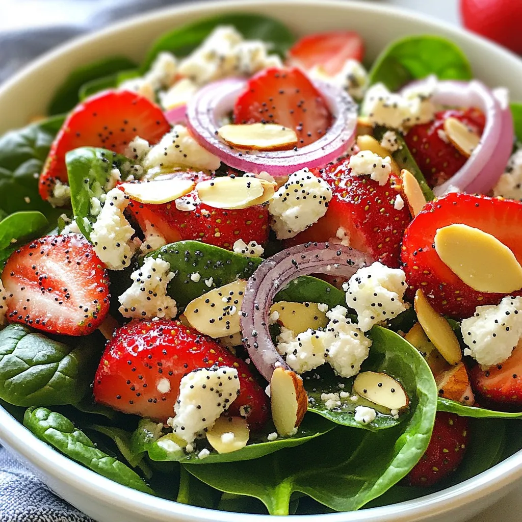For a fresh and tasty strawberry spinach salad, gather these items: - 4 cups fresh spinach leaves, washed and dried - 1 cup strawberries, hulled and sliced - 1/2 cup feta cheese, crumbled - 1/4 cup almonds, sliced or slivered - 1/3 cup red onion, thinly sliced These fresh ingredients create a bright and vibrant salad. The spinach adds a crisp base, while strawberries bring sweetness. The feta cheese gives a creamy touch, and almonds add crunch. The red onion adds a little zing, which balances the flavors well. To make the poppy dressing, you will need: - 1/2 cup Greek yogurt - 2 tablespoons honey - 2 tablespoons apple cider vinegar - 1 tablespoon olive oil - Salt and pepper to taste - 1/4 cup poppy seeds This dressing is creamy and tangy. The Greek yogurt serves as a healthy base. Honey adds sweetness, while apple cider vinegar gives a nice tang. Olive oil smooths everything out. The poppy seeds add a delightful crunch and visual appeal. You can add these items to make your salad even better: - Sliced avocado for creaminess - Grilled chicken for protein - Dried cranberries for extra sweetness These optional add-ins can elevate the dish. Avocado makes it richer, while chicken adds heartiness. Dried cranberries contribute a chewy texture and a sweet burst. Mix and match to suit your taste! {{ingredient_image_1}} To start, grab a medium bowl. Add 1/2 cup of Greek yogurt. Next, mix in 2 tablespoons of honey. Then, pour in 2 tablespoons of apple cider vinegar. Now, add 1 tablespoon of olive oil. Whisk everything until it is smooth. Season with salt and pepper to your taste. Finally, stir in 1/4 cup of poppy seeds. Set this dressing aside. Let the flavors blend for a few minutes. Take a large salad bowl and add 4 cups of fresh spinach leaves. Make sure the leaves are washed and dried well. Next, add 1 cup of hulled and sliced strawberries. Now, sprinkle in 1/2 cup of crumbled feta cheese. Then, toss in 1/4 cup of sliced or slivered almonds. Finally, add 1/3 cup of thinly sliced red onion. These ingredients create a colorful and tasty base. When ready to serve, drizzle the poppy dressing over the salad. Gently toss all the ingredients together. This helps coat the spinach and fruits evenly. For serving, divide the salad into four bowls or plates. To make it pretty, sprinkle extra poppy seeds on top. You can also add a couple of whole strawberries for decoration. Enjoy your fresh, vibrant salad! When picking strawberries, look for bright red ones. They should feel firm and fresh. Avoid berries with dark spots or soft areas. Smell them, too! Fresh strawberries have a sweet aroma. If you can, buy organic strawberries. They often taste better and are grown without harmful chemicals. You can make the poppy dressing a day before. This helps the flavors mix well. Just store it in the fridge in a sealed jar. Before using, give it a good shake. If it thickens, add a little water to thin it out. This dressing is not only tasty but also healthy! To make the salad even better, consider adding a few extra items. Try adding avocado slices for creaminess. Grilled chicken can make it more filling. You can also toss in some dried cranberries for sweetness. A sprinkle of sunflower seeds adds a nice crunch. Each of these options brings new flavors to your plate! Pro Tips Fresh Ingredients: Use the freshest spinach and strawberries possible for the best flavor and texture in your salad. Chill the Salad: For a refreshing taste, chill the salad in the refrigerator for about 10-15 minutes before serving. Custom Dressing: Feel free to adjust the sweetness of the dressing by adding more or less honey based on your taste preferences. Nut Variations: Try substituting the almonds with walnuts or pecans for a different crunch and flavor profile. {{image_2}} If you want to make this salad gluten-free, you can. The basic ingredients are already gluten-free. Just make sure you check the label on the honey and olive oil. They should be safe. You can also add gluten-free croutons or seeds for extra crunch. To make this salad vegan, swap the Greek yogurt for a plant-based yogurt. Almond yogurt works well. Replace the honey with maple syrup for sweetness. You can also skip the feta cheese or use a vegan cheese alternative. This keeps the salad fresh and delicious. You can change this salad by using seasonal fruits. In summer, add peaches or blueberries. In fall, try sliced apples or pears. Each fruit brings a new flavor profile. You can also mix in nuts like walnuts or pecans for added texture. This keeps the salad exciting all year long! To store leftover salad, place it in an airtight container. Make sure to keep the dressing separate. The salad can last in the fridge for up to two days. If you mix it with the dressing, it can get soggy quickly. Keep the spinach fresh by avoiding moisture. Store the poppy dressing in a sealed jar or bottle. It can last in the fridge for about a week. The flavors will improve as it sits. Just give it a good shake before using. Make sure the jar is clean to avoid spoilage. You don’t need to reheat this salad. It’s best served cold. To freshen it up, you can add a few new strawberries and some spinach. This will give it a bright look and fresh taste. Enjoy this delightful salad anytime! Yes, you can! If you want to swap Greek yogurt, try using sour cream or plain yogurt. These options will still give your dressing a creamy texture. Just keep in mind that the flavor may change slightly. Experiment and see what you like best! This salad is best enjoyed fresh. If you store it in the fridge, it stays good for about one day. The spinach can wilt, and the strawberries may get mushy over time. For the best taste, serve it right after making it. Yes, you can prepare the salad ahead! Wash and cut the spinach and strawberries in advance. Store them separately to keep them fresh. You can also make the dressing ahead. Just mix it and keep it in the fridge. When you’re ready to eat, toss everything together! This article covered how to make a delicious strawberry spinach salad. We discussed fresh ingredients, a tasty dressing, and fun add-ins. You learned step-by-step ways to prepare and serve this dish. I shared some tips on picking the best strawberries and how to store leftovers. Don't forget, you can change up the recipe to fit your needs. Whether you choose gluten-free or vegan options, this salad is easy to enjoy. Remember, making it ahead of time can save you effort later. Enjoy your tasty salad!
