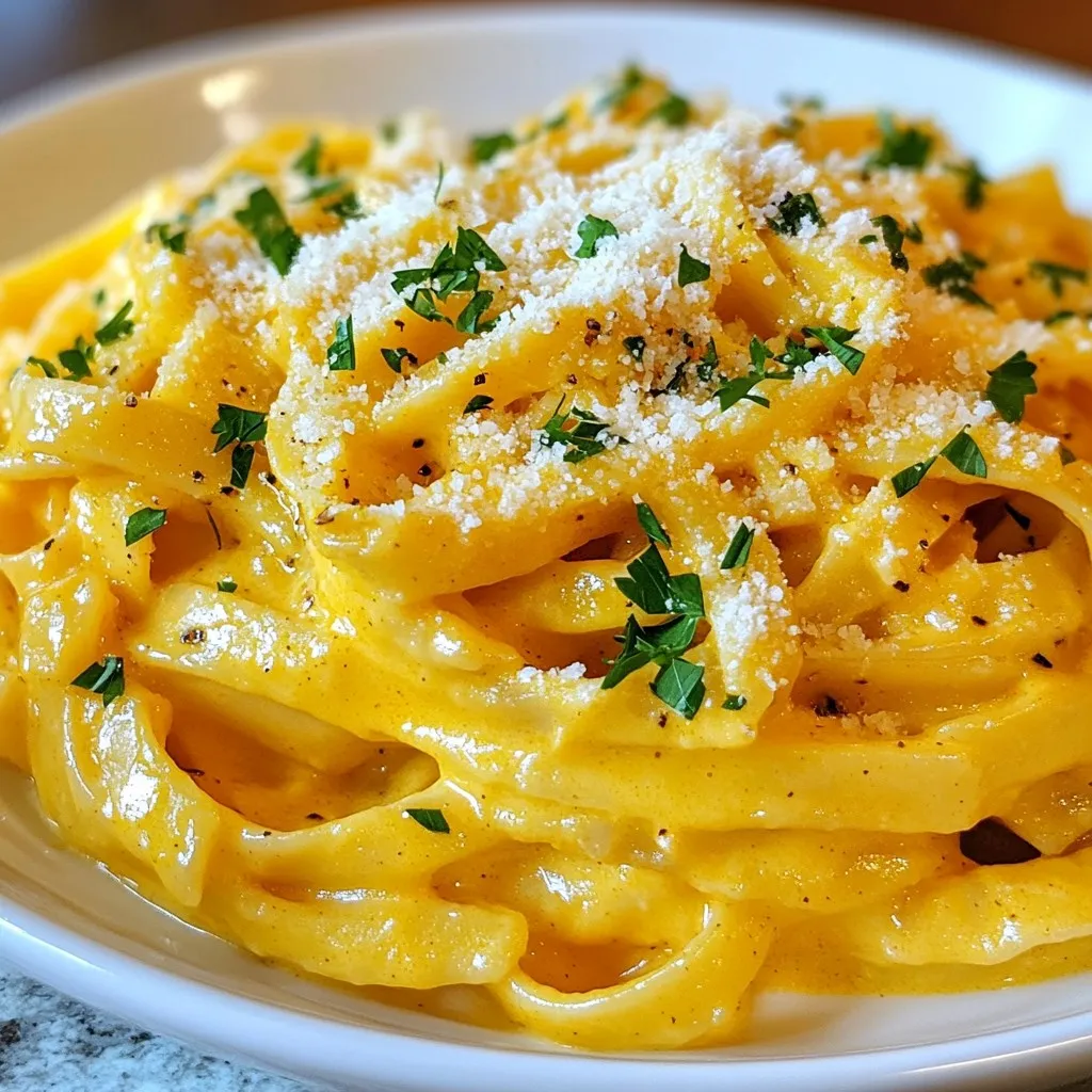 To make a great Creamy Pumpkin Alfredo, gather these key items: - 12 oz fettuccine pasta: This pasta gives the dish its rich texture and holds the sauce well. You can use fresh or dried fettuccine, but I love the way dried fettuccine absorbs the sauce. - 1 cup pumpkin puree: You can use canned pumpkin or make your own. If you choose fresh, roast a pumpkin, scoop the flesh, and blend it until smooth. Canned puree is convenient and saves time. - 1 cup heavy cream: This is what makes the sauce creamy and rich. If you want a lighter version, you can use half-and-half, but it won’t be as thick. - 1/2 cup grated Parmesan cheese: Freshly grated cheese melts better. It adds a salty flavor that balances the sweetness of the pumpkin. - 2 tablespoons unsalted butter: This adds richness to the sauce and enhances the flavor. - 2 cloves garlic, minced: Fresh garlic brings a lovely aroma and depth. - 1/4 teaspoon nutmeg: Nutmeg adds warmth and a hint of spice that complements the pumpkin. - Salt and pepper to taste: These help enhance all the flavors. - Fresh parsley, chopped: This is for garnish. It adds color and freshness to the dish. To make your Alfredo even better, consider adding: - Pinch of cayenne pepper: This adds a slight kick and warmth to the dish. - Sautéed mushrooms or spinach: These veggies lend extra flavor and nutrients. - Crushed red pepper flakes: If you like it spicy, this is a perfect choice. You can adjust the recipe to fit your needs: - Pasta: Use gluten-free pasta if you have a gluten allergy. - Cream: For a dairy-free option, try coconut cream or cashew cream. - Cheese: Nutritional yeast can replace cheese for a vegan twist. This recipe is flexible, so feel free to get creative! {{ingredient_image_1}} To start, boil a large pot of salted water. The salt adds great flavor to the pasta. Cook the fettuccine until it is al dente. This means it should still have a bit of firmness when you bite it. Al dente pasta holds up better when mixed with the sauce. Tips for saving pasta water: - Before you drain the pasta, scoop out about 1 cup of the cooking water. - This starchy water is great for adjusting your sauce later. - It helps make the sauce cling to the pasta. Next, grab a large skillet and melt the butter over medium heat. Once it melts, add the minced garlic. Sauté the garlic for about 1 minute. You want it fragrant but not browned. Burnt garlic can taste bitter. Now, stir in the pumpkin puree and heavy cream. Mix them well until they blend smoothly. This forms the base of your creamy sauce. Then, add the grated Parmesan cheese, nutmeg, salt, and pepper. Stir until the cheese melts into the sauce. Incorporation methods: - If your sauce seems too thick, add some reserved pasta water. - Do this a little at a time until you reach the desired creaminess. Once your sauce is ready, it’s time to mix it with the pasta. Add the cooked fettuccine directly into the skillet. Gently toss the pasta and sauce together. Use tongs to help coat every strand evenly. This ensures each bite is rich and flavorful. Serve this dish right away. Garnish with chopped fresh parsley for a bright touch. Enjoy your creamy pumpkin Alfredo! To make your sauce super creamy, use reserved pasta water. When you cook the fettuccine, save a cup of that starchy water. If the sauce seems thick, add a little pasta water. Stir it in slowly until you reach the creaminess you like. This water helps blend the flavors and keeps the sauce smooth. You can boost the flavor with spices and herbs. A pinch of cinnamon or a dash of cayenne pepper adds warmth and depth. Fresh herbs like sage or thyme bring a fresh taste. Mix these in while you combine the pumpkin and cream. This gives your dish a unique twist that makes it stand out. Garnishing is key for a beautiful dish. After serving, sprinkle fresh parsley on top. This adds a pop of color and freshness. You can also add extra Parmesan cheese for a rich finish. Serve it in a nice bowl to show off the creamy sauce. A great presentation makes your meal even more enjoyable! Pro Tips Use Fresh Pumpkin: For a more vibrant flavor, consider using fresh pumpkin instead of canned puree. Roast or steam the pumpkin, then blend until smooth. Perfect Pasta Texture: To achieve the best texture, ensure you cook the fettuccine just until al dente. It will continue to cook slightly when mixed with the sauce. Adjust the Creaminess: If your sauce is too thick, gradually add reserved pasta water to reach your desired creaminess. This also helps the sauce adhere better to the pasta. Garnish Wisely: Fresh herbs, like parsley or sage, add a wonderful contrast to the rich sauce. Sprinkle them on just before serving for the best flavor and presentation. {{image_2}} You can make Creamy Pumpkin Alfredo even better with veggies. Try adding spinach, kale, or roasted bell peppers. These add color and nutrients. You can also include mushrooms for a nice texture. Just sauté them with the garlic. This keeps the dish tasty and healthy! To make this dish heartier, add protein. Cooked chicken breast works well. Shrimp also adds a nice touch. Just sauté them until they turn pink. If you want something richer, consider adding Italian sausage. Cook it first, then mix it into the sauce. Each option boosts flavor and fills you up! Feel free to switch up the ingredients based on the season. In fall, add sage or thyme for a warm taste. In spring, consider asparagus or peas for brightness. Using seasonal ingredients keeps the dish fresh and exciting. Each change can bring a new twist to your Alfredo! To store leftovers, let the Creamy Pumpkin Alfredo cool down. Place it in an airtight container. This keeps the dish fresh and tasty. Make sure to use a container that fits the amount you have left. If you have extra sauce, separate it from the pasta. This helps prevent the pasta from getting too soggy. You can freeze Creamy Pumpkin Alfredo for later. First, cool the dish completely. Then, use freezer-safe containers or bags. Try to remove as much air as possible. This helps prevent freezer burn. When you want to eat it, thaw it in the fridge overnight. Reheat it slowly on the stove or in the microwave. If the sauce seems thick, add a splash of water or cream. In the fridge, Creamy Pumpkin Alfredo lasts for about 3 to 5 days. If you freeze it, it can stay good for up to 2 months. Just remember, the sooner you eat it, the better it tastes! When reheating, always check for any signs of spoilage before enjoying your dish. Yes, you can! If you want gluten-free pasta, use rice or chickpea pasta. Both work well with the sauce. Other options are whole-grain or penne pasta. Each choice adds its own texture and flavor. To make this dish dairy-free, swap heavy cream for coconut milk or almond milk. For cheese, use nutritional yeast for a cheesy flavor. You can also try dairy-free cream cheese to keep it rich and creamy. These substitutes will still give you a tasty meal. This dish pairs great with fresh salad or garlic bread. For a heartier meal, add roasted vegetables like broccoli or Brussels sprouts. Grilled chicken or shrimp also makes a nice addition. These sides balance the creamy sauce and add more flavor. In this blog post, we explored making a creamy pumpkin Alfredo. We covered essential ingredients like fettuccine, pumpkin puree, and cheese. You learned cooking tips for the perfect pasta and sauce. I shared ways to enhance flavor and substitute ingredients for your needs. Remember to store leftovers properly and try variations for different diets. Enjoy your creamy pumpkin Alfredo, and let your creativity shine in the kitchen!