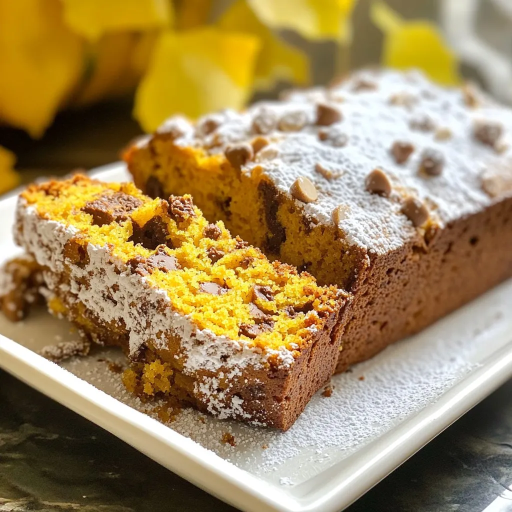 To make a delicious chocolate chip pumpkin bread, gather these simple ingredients: - 1 cup canned pumpkin puree - 1/2 cup brown sugar - 1/2 cup granulated sugar - 1/3 cup vegetable oil - 2 large eggs - 1 1/2 cups all-purpose flour - 1 teaspoon baking powder - 1/2 teaspoon baking soda - 1/2 teaspoon salt - 1 teaspoon ground cinnamon - 1/2 teaspoon ground nutmeg - 1/2 teaspoon vanilla extract - 1 cup semi-sweet chocolate chips - 1/2 cup chopped walnuts (optional) Canned pumpkin puree gives a rich flavor and moist texture. The mix of brown and granulated sugar provides sweetness and depth. The vegetable oil keeps the bread tender. Eggs help bind the ingredients together. All-purpose flour is the base of the bread. Baking powder and baking soda work together for a good rise. Salt balances the sweetness and brings out flavors. Ground cinnamon and nutmeg add warmth and spice. You can add semi-sweet chocolate chips for that melty goodness. Chopped walnuts add crunch and taste, but they are optional. Feel free to mix and match according to your taste! {{ingredient_image_1}} First, preheat your oven to 350°F (175°C). This step is key for even baking. While the oven heats, grab a 9x5-inch loaf pan. Grease it well with cooking spray or butter. This helps the bread release easily after baking. In a large bowl, mix 1 cup of canned pumpkin puree with 1/2 cup of brown sugar and 1/2 cup of granulated sugar. Stir until it is smooth. Next, add 1/3 cup of vegetable oil. Mix until blended. Now, beat in 2 large eggs, one at a time. Make sure to mix well after each egg. Finally, stir in 1/2 teaspoon of vanilla extract for added flavor. In another bowl, whisk together 1 1/2 cups of all-purpose flour, 1 teaspoon of baking powder, 1/2 teaspoon of baking soda, 1/2 teaspoon of salt, 1 teaspoon of ground cinnamon, and 1/2 teaspoon of ground nutmeg. Gradually add this dry mix to the pumpkin mixture. Stir gently until just combined. Be careful not to overmix; this keeps the bread light. Now, fold in 1 cup of semi-sweet chocolate chips. If you like, add 1/2 cup of chopped walnuts for crunch. Pour the batter into your prepared loaf pan and spread it evenly. Bake for about 55-60 minutes. Check for doneness by inserting a toothpick into the center. If it comes out clean, your bread is ready. Let it cool in the pan for 10 minutes. After that, transfer it to a wire rack to cool completely. Enjoy your delicious chocolate chip pumpkin bread! To get the right texture, always measure your ingredients carefully. Use a kitchen scale if you have one. This helps you avoid dry or gooey bread. The canned pumpkin gives moisture, so don't add too much liquid. Also, make sure your baking powder and soda are fresh. Old leavening agents can lead to flat bread. Avoiding overmixing is key. When you mix the wet and dry ingredients, stir gently. Stop as soon as you see no dry flour. Overmixing makes the bread tough. You want it light and fluffy! For chocolate and nut variations, try different types of chocolate. Dark chocolate can add a rich flavor. You can also swap the walnuts for pecans or almonds. Each will bring a unique taste to your bread. Optional spices for extra flavor include ginger or allspice. A pinch of cloves can add warmth too. Feel free to experiment with these spices. They can make your bread even more special. When serving, slice the bread and dust it with powdered sugar. This simple touch makes it look fancy. You can add a dollop of whipped cream on top. A scoop of vanilla ice cream beside it offers a nice treat too. For garnishing, sprinkle with chocolate chips or nuts on top. It adds a nice visual appeal. You can also serve the slices on a colorful plate to make them pop. These small details can impress your guests! Pro Tips Use Fresh Pumpkin: If possible, use fresh pumpkin instead of canned for a richer flavor. Roast and puree your own pumpkin for the best results. Don’t Overmix: When combining the wet and dry ingredients, mix until just combined. Overmixing can result in a dense bread. Chocolate Chip Variations: Experiment with different types of chocolate chips, such as dark or milk chocolate, to customize the flavor to your liking. Storage Tips: Store the bread in an airtight container at room temperature for up to 3 days or refrigerate for up to a week. {{image_2}} You can change up the flavor of your chocolate chip pumpkin bread easily. One fun option is to add pumpkin spice. This spice mix can boost the warm, cozy taste. You can also try adding different flavors like caramel or maple. If you want a nutty crunch, toss in some chopped pecans or almonds. If you want a healthier version, you can lower the sugar. Use half the brown and granulated sugars. You can also swap out regular flour for whole wheat flour. This adds fiber and nutrients. If you need gluten-free options, try using almond flour or a gluten-free baking mix. Both work well and keep the bread moist. Using fresh pumpkin can take your bread to the next level. Roasting a pumpkin gives a richer taste. You can also add seasonal fruits like cranberries or raisins. These fruits add a nice tartness that pairs well with the sweet bread. Try mixing in a cup of these fruits for extra flavor and texture. To keep your chocolate chip pumpkin bread fresh, use an airtight container. This type of container keeps moisture in and air out. A zip-top bag also works well if you remove as much air as possible. Store it at room temperature for up to three days. If you want to store it longer, the fridge is fine but may dry it out. To freeze the bread, first, let it cool completely. Wrap it in plastic wrap tightly, then place it in a freezer bag. This double layer helps prevent freezer burn. You can freeze it for up to three months. When you're ready to enjoy it, take the bread out and place it in the fridge overnight to thaw. For best results, let it sit at room temperature for a bit before slicing. This keeps the bread moist and tasty! Can I use fresh pumpkin instead of canned? Yes, you can use fresh pumpkin. Start by roasting a small pumpkin. Cut it in half, scoop out the seeds, and roast it until soft. Then, mash it into a smooth puree. Use this in place of canned pumpkin. Fresh pumpkin adds a great flavor and texture. How can I make it vegan? To make this bread vegan, replace the eggs with unsweetened applesauce or flaxseed meal. Use 1/4 cup of applesauce for each egg. For flaxseed, mix 1 tablespoon of flaxseed with 2.5 tablespoons of water and let it sit for 5 minutes. This helps bind the ingredients without eggs. What are the best ways to serve this bread? This chocolate chip pumpkin bread tastes great on its own. You can slice it and add a dusting of powdered sugar. A dollop of whipped cream or a scoop of vanilla ice cream makes it extra special. Serve it warm for a delightful treat. You can make delicious chocolate chip pumpkin bread using simple ingredients and easy steps. We covered everything, from mixing wet and dry ingredients to baking tips for great results. Remember to try different flavors and store your bread properly for the best taste. Enjoy your baking adventure, and share your yummy creations with friends and family! This bread is perfect for any time of year, so have fun with it!