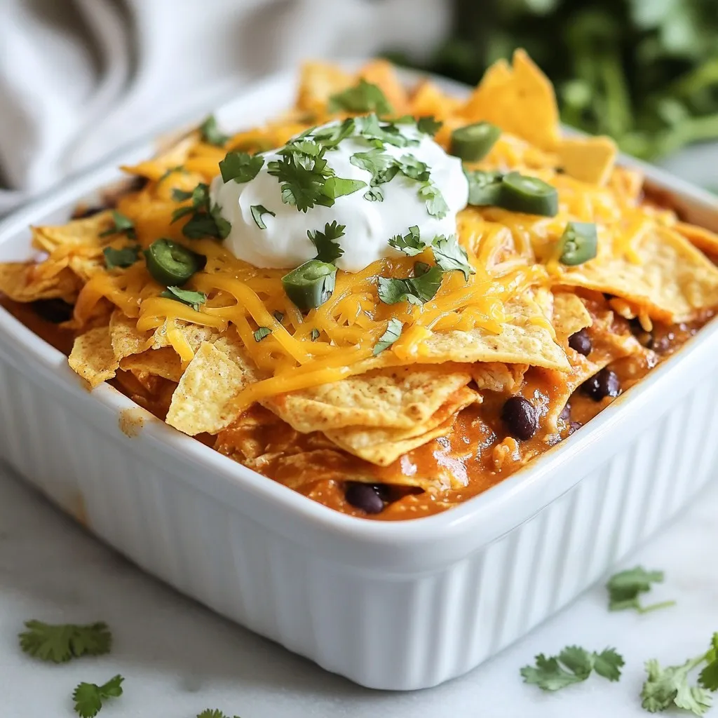 - 2 cups cooked chicken, shredded - 1 can (15 oz) black beans, drained and rinsed - 1 can (10 oz) enchilada sauce - 1 can (4.5 oz) chopped green chilies, drained - 2 cups corn tortillas, cut into strips - 2 cups shredded cheddar cheese These main ingredients create the base of your chicken enchilada casserole. First, the cooked chicken gives it a hearty feel. The black beans add protein and texture, while the enchilada sauce brings spice and flavor. Chopped green chilies offer a little kick. The tortilla strips add crunch, and the cheddar cheese melts beautifully on top. - 1 teaspoon ground cumin - 1 teaspoon garlic powder - 1/2 teaspoon onion powder - Salt and pepper to taste The spices and seasonings enhance the flavors. Ground cumin adds warmth and depth. Garlic powder gives a savory touch. Onion powder adds sweetness. Don’t forget to season with salt and pepper for balance. - 1 cup sour cream - Fresh cilantro, chopped Garnishes make your dish pop. Sour cream adds creaminess and cools down the spice. Fresh cilantro gives a bright, fresh flavor and looks nice on top. Use these garnishes to make your casserole visually appealing and tasty. {{ingredient_image_1}} - Preheat your oven to 350°F (175°C). - In a large bowl, mix 2 cups of shredded chicken with: - 1 can (15 oz) black beans, drained and rinsed - 1 can (10 oz) enchilada sauce - 1 can (4.5 oz) chopped green chilies, drained - 1 teaspoon ground cumin - 1 teaspoon garlic powder - 1/2 teaspoon onion powder - 1 cup sour cream Add salt and pepper to taste. Stir well until combined. - In a 9x13 inch baking dish, start by spreading a thin layer of the chicken mixture on the bottom. - Next, layer half of the tortilla strips over the chicken mixture. Then, add half of the shredded cheddar cheese on top. - Repeat these layers. Start with the remaining chicken mixture, add the rest of the tortilla strips, and finish with the remaining cheese on top. - Cover the dish tightly with aluminum foil. - Bake the casserole in the oven for 20-25 minutes. - After that time, remove the foil. Bake for an additional 10-15 minutes to allow the cheese to bubble and turn golden. - Once done, let it cool for a few minutes. Top with fresh cilantro before serving. To make a great chicken enchilada casserole, layer the ingredients evenly. This helps all parts cook well. Start with a thin layer of the chicken mix at the bottom. Then, add your tortilla strips and cheese in layers. This method ensures every bite is tasty. To check for doneness, look for bubbly cheese on top. You want a nice golden color. If the cheese is still pale after baking, give it a few more minutes. It should be hot all the way through. When serving your casserole, you can use the baking dish or plate it in servings. Add a sprinkle of fresh cilantro on top for color. You can also add a dollop of sour cream next to each serving. This adds creaminess and a nice touch to the meal. For sides, consider fresh salad or Mexican rice. A side of guacamole or salsa pairs nicely too. These options bring extra flavor and balance to the meal. To adjust spice levels, try adding jalapeños to the chicken mix. This adds heat without changing the dish too much. You can also use spicier enchilada sauce if you prefer more kick. If you want to swap ingredients, consider using ground turkey or beef instead of chicken. You can also add bell peppers or corn for more veggies. These changes make the dish your own while keeping it simple and delicious. Pro Tips Use Rotisserie Chicken: For an even quicker preparation, use store-bought rotisserie chicken to save time on cooking and shredding. Layer for Flavor: Make sure to completely cover each layer with sauce and cheese to ensure maximum flavor and moisture throughout the casserole. Customize Your Heat: Adjust the spice level by choosing mild, medium, or hot enchilada sauce based on your preference. Make-Ahead Option: Assemble the casserole ahead of time, cover tightly, and refrigerate. Bake it fresh when you're ready to serve! {{image_2}} You can swap chicken for turkey or beef. This change gives a new taste. You can also add vegetables like bell peppers and corn. They add color and nutrients. Try using a mix of red and green bell peppers for a vibrant look. Need gluten-free options? Use corn tortillas instead of flour ones. If you want vegan substitutes, try using jackfruit or tofu instead of chicken. You can also replace cheese with a plant-based option. Switch up the cheese for a new flavor. You can use pepper jack for a spicy kick. Adding different sauces or salsas can enhance taste too. A green salsa can bring freshness, while a red salsa adds depth. After you enjoy your meal, let the casserole cool down. This helps keep the texture nice. Once cool, cover it tightly with plastic wrap or foil. You can store it in the fridge for up to three days. Always make sure to check for any signs of spoilage before eating leftovers. To freeze, cut the casserole into portions. Place each portion in airtight containers or freezer bags. This makes it easy to heat just what you need. The casserole can last up to three months in the freezer. When ready to eat, thaw it overnight in the fridge. This keeps the flavor fresh and tasty. For the best results, reheat the casserole in the oven. Preheat it to 350°F (175°C). Cover the dish with foil to avoid drying it out. Heat for about 20 minutes or until warm. You can also use the microwave if you’re in a hurry. Just be sure to cover it to keep moisture in. Enjoy your tasty meal just like the first time! The casserole lasts about 3 to 4 days in the fridge. Make sure it's in an airtight container. This keeps it fresh and tasty for your next meal. Yes, you can prepare the casserole a day before. Just follow the steps, then cover it and store it in the fridge. When you're ready, bake it straight from the fridge. This saves time on busy days. You can serve it with a side salad, rice, or tortilla chips. These add a nice crunch and balance to the meal. You might also enjoy some guacamole or salsa for extra flavor. Absolutely! To spice it up, add jalapeños or use spicy enchilada sauce. You can also sprinkle red pepper flakes on top before baking for some heat. Adjust the spice to your taste. The casserole is done when the cheese is bubbly and golden. You can also check that it's hot all the way through. If you have a food thermometer, it should read 165°F (74°C) in the center. This blog post covered a tasty chicken enchilada casserole. We explored the main ingredients, spices, garnishes, and step-by-step instructions. Tips on cooking, serving, and modifying the dish enhanced your experience. You learned how to store leftovers and variations for dietary needs. In closing, cooking should be fun and easy. Enjoy making this dish your own!