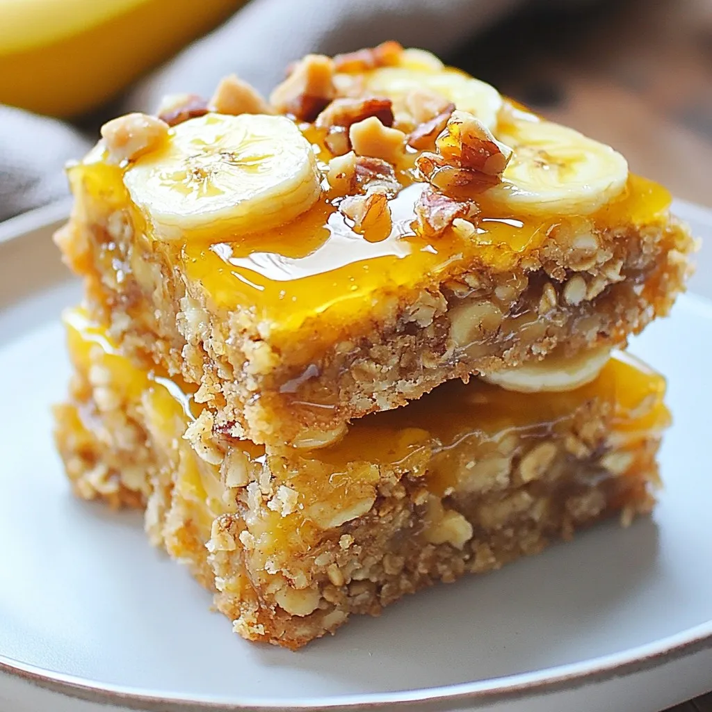To create these tasty bars, you need the following ingredients: - 2 ripe bananas, mashed - 1 cup rolled oats - 1/2 cup almond butter (or any nut butter) - 1/4 cup honey or maple syrup - 1/2 teaspoon vanilla extract - 1/2 teaspoon cinnamon - 1/4 teaspoon salt - 1/4 cup dark chocolate chips (optional) - 1/4 cup chopped nuts or seeds (e.g., walnuts, chia seeds) These ingredients come together to make a healthy snack that is both filling and delicious. You can change the bars to fit your taste. Here are some ideas: - Add 1/4 cup of dried fruit like cranberries or raisins for sweetness. - Use peanut butter instead of almond butter for a different flavor. - Swap honey for agave syrup to make it vegan. - Include a scoop of protein powder for an extra boost. Feel free to mix and match these options to make the bars your own! Each bar is packed with nutrients. Here’s a quick look at what you get per serving (one bar): - Calories: 150 - Protein: 4g - Carbohydrates: 20g - Fiber: 3g - Sugars: 6g - Fat: 7g These numbers can vary based on your choices of nut butter and sweetener. Enjoy a guilt-free snack that gives you energy without the crash! {{ingredient_image_1}} Start by preheating your oven to 350°F (175°C). This step is key for even baking. Next, take an 8x8 inch baking pan and line it with parchment paper. Make sure to leave some paper hanging over the edges. This helps you lift the bars out easily later. In a large mixing bowl, mash the two ripe bananas until smooth. Add in 1/2 cup of almond butter and 1/4 cup of honey or maple syrup. Pour in 1/2 teaspoon of vanilla extract for flavor. Mix all these wet ingredients until they are well combined. This creates a sweet and creamy base for your bars. Now, add 1 cup of rolled oats, 1/2 teaspoon of cinnamon, and 1/4 teaspoon of salt to the wet mixture. Stir until everything is mixed well. If you want, fold in 1/4 cup of dark chocolate chips and 1/4 cup of chopped nuts or seeds for extra crunch. Pour this mixture into your prepared pan. Use a spatula to spread it evenly and flatten the top. Bake for 20-25 minutes. Look for golden edges and a clean toothpick when checking. After baking, let the bars cool for about 10 minutes in the pan. Use the parchment paper to lift them out and cool them on a wire rack completely. Once cool, cut the bars into squares or rectangles. Enjoy your healthy snack! Need ripe bananas fast? Place them in a brown paper bag. The bag traps ethylene gas, which helps bananas ripen quicker. You can also add an apple or tomato for even faster results. This method takes just one or two days. For soft and chewy bars, mash your bananas well. The more they are mashed, the smoother the mixture. Mix until you have no lumps. If you want a bit of crunch, fold in nuts or seeds at the end. This adds nice texture. Don’t have almond butter? Try peanut butter, sunbutter, or cashew butter. Each adds a unique flavor. For sweeteners, maple syrup can replace honey. You can also use agave nectar or stevia for a low-calorie option. Just adjust the amount to taste. Pro Tips Use Overripe Bananas: The riper the bananas, the sweeter and more flavorful your bars will be. Look for bananas with brown spots for optimal sweetness. Experiment with Nut Butters: While almond butter is delicious, try other nut butters like peanut or cashew for a different flavor profile. Store Properly: To keep your bars fresh, store them in an airtight container at room temperature for up to a week, or refrigerate for longer shelf life. Add Your Favorites: Feel free to customize the bars by adding dried fruits, seeds, or even a sprinkle of coconut for extra texture and flavor. {{image_2}} If you want to skip nuts, you can easily make nut-free banana oatmeal bars. Simply replace almond butter with sunflower seed butter. This swap keeps the bars creamy and tasty without nuts. You can also omit any added nuts for a smooth texture. You can choose between chocolate chips or nuts based on your taste. Dark chocolate chips add sweetness and richness. Nuts give a nice crunch and healthy fats. You can mix both for a fun twist. Try walnuts for their flavor or chia seeds for added nutrition. Adding fruits or seeds can give your bars more flavor and texture. You can mix in dried fruits like raisins or cranberries. They add a chewy bite. For seeds, try pumpkin seeds or flaxseeds. These pack in nutrients and crunch. Don’t be afraid to get creative with your mix-ins! Store your banana oatmeal bars in an airtight container. This keeps them fresh and moist. Place parchment paper between the layers if you stack them. It prevents sticking and makes it easy to grab a bar. For long-term storage, freeze the bars. Cut them into squares first. Wrap each piece tightly in plastic wrap, then place them in a freezer bag. Make sure to label the bag with the date. They can last up to three months in the freezer. In the pantry, these bars last about a week. In the fridge, they can stay fresh for up to two weeks. If you notice any changes in smell or texture, it’s best to toss them. Always check the bars before you eat them. You should avoid using steel-cut oats. They need longer cooking times. Steel-cut oats are chewier and won't bind well. Rolled oats are softer and mix well with the bananas. This helps create a nice texture in your bars. Stick with rolled oats for the best results. To make these bars vegan, swap honey for maple syrup. Use any nut butter that is vegan. Many nut butters are vegan-friendly. Also, you can skip the chocolate chips or select dairy-free ones. This way, you keep the bars tasty and plant-based. You can add many healthy toppings. Here are some great ideas: - Sliced bananas for fresh flavor - Chopped nuts like walnuts or almonds - Seeds such as chia or flaxseeds - A drizzle of nut butter for creaminess - Unsweetened coconut for a tropical twist These toppings add taste and extra nutrients to your bars. Banana oatmeal bars are simple and tasty. You learned about essential ingredients, step-by-step instructions, and useful tips. I shared ways to customize your bars and store them well, ensuring freshness. Remember, you can tweak the recipe to fit your needs. Enjoy experimenting and creating your perfect snack. With the right ingredients and care, you’ll have delicious bars ready to enjoy anytime. Happy baking!