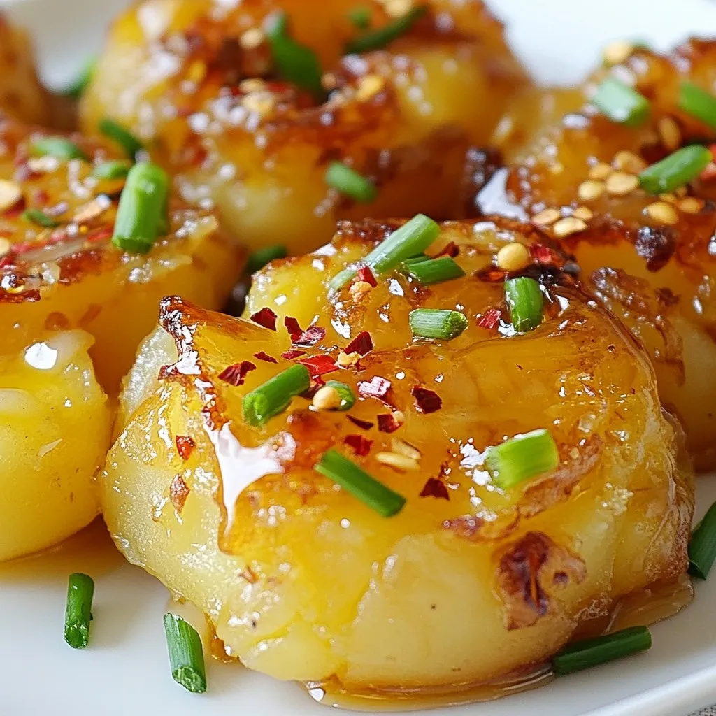 The base of this dish is simple yet flavorful. Here’s what you need: - 1.5 pounds baby potatoes - 2 tablespoons olive oil - 4 cloves garlic, minced - 2 tablespoons honey - 1 teaspoon soy sauce (or tamari for gluten-free) - 1 teaspoon fresh rosemary, chopped - Salt and pepper to taste These baby potatoes are small and tender. They have a creamy texture that perfectly absorbs the honey garlic sauce. The olive oil gives a rich taste, while garlic adds a punch of flavor. Honey brings sweetness that balances the soy sauce's saltiness. To make your smashed potatoes even better, consider these toppings: - Chopped green onions for garnish - Crushed red pepper flakes (optional) Green onions add a fresh crunch. They also add a pop of color. If you like heat, sprinkle crushed red pepper flakes. This will spice things up and add extra flavor. You will need a few tools to cook these potatoes: - A large pot for boiling - A baking sheet lined with parchment paper - A glass or potato masher for smashing - A small bowl for mixing the sauce These tools make the process smooth and easy. Boiling the potatoes is key. It ensures they cook evenly and become tender. The baking sheet helps them crisp up nicely in the oven. {{ingredient_image_1}} First, grab 1.5 pounds of baby potatoes. Place them in a large pot. Fill the pot with salted water. Bring the water to a boil. Cook the potatoes for 15 to 20 minutes. They should be fork-tender when done. Drain the potatoes and let them cool for a few minutes. This makes them easier to handle. Now, it's time to smash the potatoes. Lay them out on a baking sheet lined with parchment paper. Use the bottom of a glass or a potato masher. Gently press down on each potato until it flattens. Be careful to keep them intact. This step helps create crispy edges later. While the potatoes cool, let's make the sauce. In a small bowl, mix together 4 minced garlic cloves, 2 tablespoons of honey, and 2 tablespoons of olive oil. Add 1 teaspoon of soy sauce and 1 teaspoon of chopped fresh rosemary. Stir well to combine. Set this flavorful mixture aside for later. Preheat your oven to 425°F (220°C). Drizzle the smashed potatoes with a little olive oil. Season them with salt and pepper to taste. Bake the potatoes for 20 to 25 minutes. They should turn crispy and golden. After baking, brush the honey garlic sauce over each potato. Return them to the oven and bake for an additional 5 to 10 minutes. This allows the sauce to caramelize, adding great flavor. Enjoy your delicious Honey Garlic Smashed Potatoes! When picking potatoes, look for small, firm ones. Baby potatoes work best for this recipe. They stay tender and have a nice skin. Avoid potatoes with blemishes or soft spots. Fresh potatoes will give you the best flavor and texture. To boost flavor, use fresh garlic. Fresh herbs like rosemary add depth, too. You can mix in spices like paprika or smoked salt for extra taste. Honey adds sweetness and balances the savory flavors. A splash of soy sauce gives a nice umami kick. One mistake is overcooking the potatoes. They should be fork-tender but not mushy. Another error is not smashing them enough. If they are not flattened, they won’t crisp up well. Also, don’t skip the sauce brushing step before the final bake. This step adds a rich glaze that makes them irresistible. Lastly, avoid overcrowding the baking sheet. Give each potato space to crisp up nicely. Pro Tips Choose the Right Potatoes: For the best texture, use waxy baby potatoes, as they hold their shape well when boiled and smashed. Don’t Overboil: Keep an eye on the potatoes while boiling; overcooking can make them too mushy and difficult to smash. Customize the Sauce: Feel free to experiment with different herbs or spices in the sauce to match your personal taste preferences. Serve Immediately: These potatoes are best enjoyed fresh out of the oven, as they maintain their crispy edges and flavorful glaze. {{image_2}} You can easily make Honey Garlic Smashed Potatoes gluten-free. Just swap soy sauce for tamari. Tamari is a great choice as it has a similar flavor. Always check labels to ensure no hidden gluten sneaks in. This small change keeps your dish safe for those with gluten issues. You can add different veggies for extra flavor and nutrition. Try tossing in some broccoli or green beans. Just steam them lightly before mixing with the potatoes. You can also roast sliced bell peppers alongside the potatoes. This adds color and taste to the dish. If you want to switch up the sweetness, use maple syrup instead of honey. This change gives a rich flavor twist. You can also try agave nectar for a lighter taste. Both options are vegan-friendly and work well in the sauce. Just adjust the amount to your taste, as some sweeteners are stronger than others. After enjoying your honey garlic smashed potatoes, let them cool to room temperature. Place them in an airtight container. Store them in the fridge for up to 3 days. If you want to keep them longer, consider freezing them. To reheat, preheat your oven to 350°F (175°C). Place the potatoes on a baking sheet. Heat for about 15-20 minutes until warm. You can also use the microwave. Just place them on a microwave-safe plate and heat for 1-2 minutes. They may not be as crispy, but they will still taste great! If you freeze them, use a freezer-safe container. Make sure to separate layers with parchment paper. They can last for up to 2 months in the freezer. When you’re ready to eat, thaw them in the fridge overnight before reheating. This keeps the texture nice and tasty. Yes, you can use different potatoes. Baby potatoes work well, but you can try Yukon gold or red potatoes too. Just make sure they are small enough to smash easily. Each type adds its own flavor and texture. I love trying new kinds to see how they change the dish. To add spice, use crushed red pepper flakes. Sprinkle them over the potatoes before baking. You can also mix in some hot sauce with the honey garlic sauce. If you want more heat, try adding diced jalapeños or a pinch of cayenne pepper. Adjust the spice to fit your taste. These potatoes pair well with many dishes. Serve them with grilled chicken, steak, or roasted vegetables. You can also enjoy them with a fresh salad or as a side for a hearty soup. They are versatile and add a sweet and savory touch to any meal. In this post, we explored how to make Honey Garlic Smashed Potatoes. We covered essential ingredients, cooking steps, and tips to elevate your dish. You learned how to enhance flavors and avoid common mistakes. We also discussed variations, storage, and answered frequent questions. These potatoes are both tasty and fun to make. Try them out at your next meal, and enjoy the delicious results!