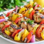 To make these tasty Greek lemon chicken kebabs, you will need: - 1 lb (450g) boneless chicken thighs, cut into 1-inch pieces - 1 red bell pepper, cut into 1-inch pieces - 1 yellow bell pepper, cut into 1-inch pieces - 1 medium red onion, cut into wedges - Skewers (if using wooden skewers, soak them in water for 30 minutes) The marinade gives the chicken its zesty flavor. Gather these ingredients: - 2 tablespoons olive oil - Juice and zest of 2 lemons - 3 cloves garlic, minced - 1 teaspoon dried oregano - 1 teaspoon dried thyme - 1 teaspoon paprika - Salt and pepper to taste These garnishes add freshness and color to your dish: - Fresh parsley for garnish - Lemon wedges for serving {{ingredient_image_1}} To start, grab a big mixing bowl. Add 2 tablespoons of olive oil. Next, squeeze the juice from 2 lemons into the bowl. Don't forget to add the zest from those lemons as well. Zest adds a bright flavor. Now, toss in 3 cloves of minced garlic, 1 teaspoon of dried oregano, 1 teaspoon of dried thyme, and 1 teaspoon of paprika. Season with salt and pepper to taste. Whisk it all together until mixed well. Now, take 1 pound of boneless chicken thighs. Cut them into 1-inch pieces. Add the chicken to the marinade. Make sure each piece is coated. Cover your bowl with plastic wrap. Place it in the fridge for at least 1 hour. For better flavor, let it sit for 2-3 hours. While the chicken marinates, prepare your skewers. If using wooden skewers, soak them in water for 30 minutes. This step helps stop them from burning on the grill. Once soaked, take the skewers out. Now, it's time to thread the chicken and veggies. Cut 1 red bell pepper and 1 yellow bell pepper into 1-inch pieces. Also, cut a medium red onion into wedges. Alternate the chicken, red and yellow bell peppers, and red onion on the skewers. Leave a little space between each piece. This helps them cook evenly. Preheat your grill or grill pan over medium-high heat. Once hot, place the skewers on the grill. Cook for about 8-10 minutes. Turn them occasionally. You're looking for nice grill marks and fully cooked chicken. The chicken should reach an internal temperature of 165°F (74°C). After cooking, take the kebabs off the grill. Let them rest for a few minutes. This helps keep them juicy. Garnish with fresh parsley and serve with lemon wedges on the side for extra zest. Enjoy your Greek Lemon Chicken Kebabs! To get tender and juicy chicken, use boneless thighs. They have more fat, which keeps them moist. Cut the chicken into 1-inch pieces for even cooking. Marinate the chicken for at least one hour. For the best taste, aim for 2-3 hours in the fridge. When grilling, check the chicken’s internal temperature. It should reach 165°F (74°C). This ensures safety and great flavor. The marinade is key to great flavor. Combine olive oil, lemon juice, and lemon zest. Add minced garlic for a punch. Dried oregano and thyme give it a nice herbal note. Paprika adds a touch of warmth and color. Don’t forget to season with salt and pepper. For extra zest, serve with lemon wedges. They brighten the dish and add freshness. If you're new to skewers, start with wooden ones. Soak them in water for 30 minutes. This prevents burning on the grill. When threading, alternate chicken and veggies. Use red and yellow bell peppers for color. Red onion adds sweetness. Leave a little space between each piece. This helps everything cook evenly. Enjoy your kebabs with fresh parsley to finish! Pro Tips Marination Time: Allow the chicken to marinate for at least 2-3 hours, or even overnight, for maximum flavor infusion. Even Cooking: Ensure to leave a little space between each ingredient on the skewer for even cooking and proper heat circulation. Grill Temperature: Preheat your grill to medium-high heat to achieve the perfect char and ensure the chicken cooks thoroughly. Resting Time: Let the kebabs rest for a few minutes after grilling to allow the juices to redistribute, keeping the chicken moist. {{image_2}} You can easily make Greek Lemon Kebabs vegetarian by using tofu or veggies. For tofu, press it to remove excess water. Cut it into 1-inch cubes and marinate it just like the chicken. Use the same marinade to soak the tofu. If you prefer veggies, bell peppers, zucchini, and mushrooms work great. Cut them into 1-inch pieces. Marinate them in the same lemon mixture. Skewer them like the chicken for a colorful and tasty dish. While the original marinade is fantastic, you can mix it up. Try adding yogurt for creaminess. This will make the chicken even more tender. For a spicy kick, include red pepper flakes or hot sauce. If you want a sweeter taste, add honey or maple syrup. You can also use fresh herbs like dill or basil instead of dried ones. Each twist will give the kebabs a unique flavor. Not everyone has a grill, and that’s okay! You can cook these kebabs in the oven or broiler. Preheat your oven to 400°F (200°C). Place the skewers on a baking sheet lined with parchment paper. Bake for about 15-20 minutes. Turn them halfway through for even cooking. If you use the broiler, cook for 10-12 minutes. Watch closely to avoid burning. Either method gives you delicious kebabs without a grill. After enjoying your Greek lemon chicken kebabs, let them cool to room temperature. Place any leftovers in an airtight container. Store the container in the fridge. These kebabs last for up to three days. Make sure they are sealed well to keep them fresh. To reheat your kebabs, use your oven or a skillet. If using an oven, preheat it to 350°F (175°C). Place the kebabs on a baking sheet and cover them with foil. Heat for about 10-15 minutes, or until warm. If using a skillet, place the kebabs over medium heat. Cook for about 5 minutes, turning often. This keeps the chicken juicy. You can freeze these kebabs for later. First, let them cool completely. Then, wrap each kebab in plastic wrap. Place the wrapped kebabs in a freezer bag. Remove as much air as you can before sealing. They stay good in the freezer for up to three months. When ready to eat, thaw them in the fridge overnight before reheating. To keep the chicken juicy, use boneless thighs. They have more fat than breasts, which adds moisture. Marinating the chicken for at least one hour helps too. The marinade’s lemon juice and olive oil keep it tender. Always check the chicken's temperature. Cook until it reaches 165°F (74°C). Let the kebabs rest for a few minutes after grilling. This step helps the juices settle. Yes, you can prepare the kebabs ahead. Marinate the chicken a few hours or even overnight. This allows the flavors to soak in deeply. You can thread the chicken and veggies onto the skewers ahead of time too. Store them in the fridge until you’re ready to grill. Just remember to soak wooden skewers for 30 minutes. This prevents burning on the grill. Many sides pair well with Greek Lemon Chicken Kebabs. Consider serving a fresh Greek salad with cucumbers, tomatoes, and feta. Tzatziki sauce made from yogurt and cucumber adds a cool touch. You could also serve warm pita bread or fluffy rice. Roasted vegetables or a light couscous salad are great choices too. These sides enhance the meal and add color to your plate. Greek Lemon Chicken Kebabs are easy and tasty. You learned about the main ingredients, marinade tips, and optional garnishes. I guided you through marinating, grilling, and cooking the chicken just right. We discussed variations like using tofu and different cooking methods. You also got valuable storage tips for leftovers. Remember, juicy chicken comes from careful cooking, and sides can add flavor. Try this dish at your next meal for a fresh twist!