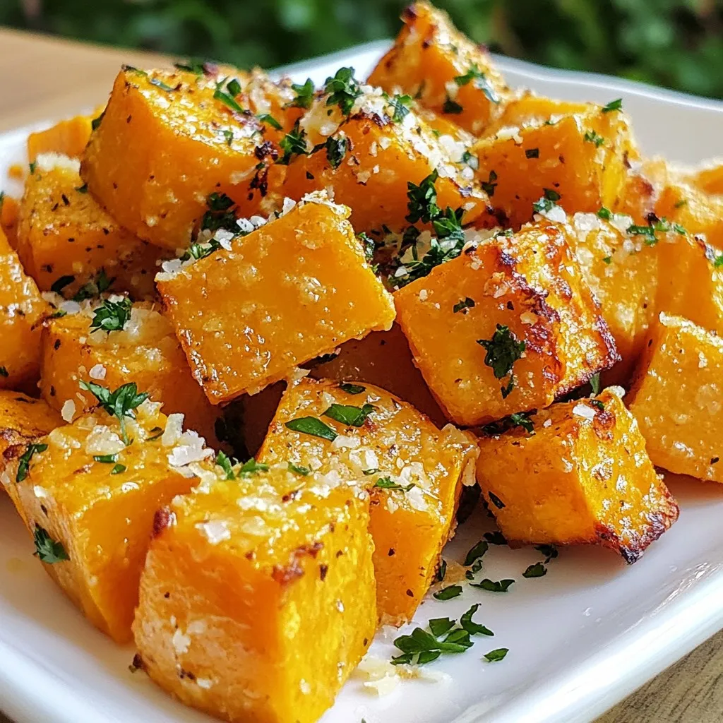 - Sweet potatoes - Olive oil - Garlic - Parmesan cheese - Seasoning (oregano, smoked paprika, salt, pepper) - Garnish (fresh parsley) To make Garlic Parmesan Roasted Sweet Potatoes, you need fresh ingredients. Start with three medium sweet potatoes. Peel and cube them. This gives your dish a nice texture. Next, grab four tablespoons of olive oil. This oil helps the sweet potatoes roast well. It adds a rich flavor and keeps them from sticking. You’ll also need four cloves of garlic. Mince them finely for a robust taste. Garlic adds a savory kick that pairs well with sweet potatoes. Now, let’s talk cheese. You need half a cup of grated Parmesan cheese. This cheese melts beautifully and adds a salty depth to the dish. For seasoning, gather one teaspoon of dried oregano and half a teaspoon of smoked paprika. These spices enhance the flavor. Don’t forget to add salt and pepper to taste. Lastly, for a fresh touch, get some parsley. Chopped parsley is perfect for garnish. It adds color and a fresh taste to your finished dish. With these ingredients, you create a savory delight that is both simple and tasty! {{ingredient_image_1}} First, preheat your oven to 425°F (220°C). This helps the sweet potatoes cook evenly. Next, take your sweet potatoes, peel them, and cut them into small cubes. Aim for about one-inch pieces. This size helps them roast well. In a large mixing bowl, combine the cubed sweet potatoes with four tablespoons of olive oil. Add four minced garlic cloves, one teaspoon of dried oregano, and half a teaspoon of smoked paprika. Season with salt and pepper to taste. Toss everything together until the sweet potatoes are well coated. This step is key for great flavor. Spread the sweet potato mixture on a baking sheet lined with parchment paper. Make sure to place them in a single layer; this helps them roast better. Roast in the oven for 20 minutes. After that time, take the baking sheet out. Sprinkle half a cup of grated Parmesan cheese over the sweet potatoes. Toss gently to mix. Return to the oven and roast for another 10 to 15 minutes. You want them tender and golden brown. Once they are done, let them cool for a bit. Garnish with fresh parsley before serving. Enjoy your tasty dish! To get sweet potatoes perfectly roasted, cut them into even pieces. This helps them cook at the same time. Aim for about one-inch cubes. Using parchment paper on your baking sheet is key. It stops the sweet potatoes from sticking. This also makes cleanup easy. You can add more flavor by using spices like garlic powder or chili powder. Try mixing in some cumin for a warm taste. Parmesan cheese can vary in taste. You might use aged Parmesan for a stronger flavor. Grated or shredded cheese also works well. When serving, place the roasted sweet potatoes on a nice platter. They look great next to grilled chicken or fish. For a pop of color, sprinkle fresh parsley on top. It adds a nice touch and a fresh taste. Plus, it makes the dish more appealing. Pro Tips Choose the Right Sweet Potatoes: Select sweet potatoes that are firm and free from blemishes for the best texture and flavor. Don't Skip the Parchment Paper: Using parchment paper prevents sticking and makes cleanup a breeze, ensuring your sweet potatoes roast evenly. Adjust Seasoning to Taste: Feel free to experiment with spices and herbs! Adding a pinch of cayenne or thyme can elevate the flavor profile. Let Them Rest: Allow the roasted sweet potatoes to cool slightly before serving to enhance their flavors and make them easier to handle. {{image_2}} You can switch up the cheese in this recipe. Try using feta or cheddar for a new twist. Each cheese adds a different flavor. If you want to change the main veggie, you can use carrots or butternut squash. Both options roast well and taste great with garlic and cheese. To enhance the taste, consider adding herbs like thyme or rosemary. These herbs pair nicely with sweet potatoes. For a bit of heat, sprinkle some chili flakes on top. Nuts like pecans or walnuts can add a crunchy texture. They also bring a nice flavor contrast to the dish. You can adapt this dish for the seasons. In the fall, add cinnamon or nutmeg for a warm spice. For summer, toss in some fresh basil or lemon zest after roasting. These bright flavors keep the dish fresh and exciting. For holidays, serve this as a side with turkey or ham. It looks festive and tastes amazing! To keep your Garlic Parmesan Roasted Sweet Potatoes fresh, store them in an airtight container. Refrigerate them right away. They stay good for about 3 to 5 days. For best quality, eat them within the first two days. This helps keep their taste and texture. When you're ready to enjoy the leftovers, try reheating them in the oven. Preheat your oven to 350°F (175°C). Spread the sweet potatoes on a baking sheet. Heat for about 10 to 15 minutes. This method helps keep them crispy. If you use a microwave, they may become soggy. To avoid this, cover them loosely with a paper towel. You can freeze Garlic Parmesan Roasted Sweet Potatoes for longer storage. First, let them cool completely. Then, spread them on a baking sheet and freeze for about 1 hour. Once they are firm, transfer them to a freezer bag. Remove as much air as possible. They will last up to 3 months. When you're ready to eat, thaw them overnight in the fridge. Reheat them in the oven for best results. Yes, you can use other potatoes like Russets or Yukon Golds. They will change the taste and texture a bit. Sweet potatoes are sweeter and creamier. Other types are more starchy and less sweet. You can experiment to see what you like best. To make this recipe vegan, skip the Parmesan cheese. You can use nutritional yeast instead. It gives a cheesy flavor without dairy. Another option is to use vegan cheese. Make sure it melts well for the best results. These sweet potatoes pair well with many dishes. You can serve them with grilled chicken or fish. They also work great as a side for salads or veggie bowls. For a hearty meal, try them with steak or tofu. Your sweet potatoes are done when they are tender and golden brown. You can check this by poking them with a fork. If the fork goes in easily, they are ready. The edges should also be crispy for the best flavor. In this post, we explored how to make Garlic Parmesan Roasted Sweet Potatoes. We discussed the simple ingredients, like sweet potatoes, garlic, and olive oil. I shared step-by-step instructions for prepping and roasting, plus tips for getting the best flavors. Remember, you can mix it up with different cheeses or spices. Enjoy your delicious dish! With the right methods, you’ll impress your friends and family. Happy cooking!