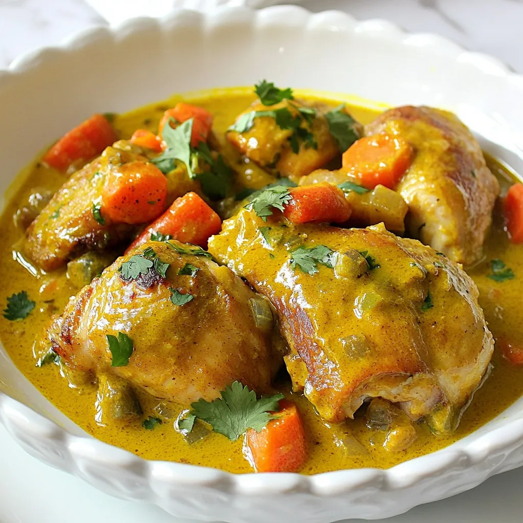 - 2 lbs chicken thighs, bone-in and skinless - 3 tablespoons Jamaican curry powder - 1 teaspoon allspice - 1 teaspoon garlic powder - 1 teaspoon ginger powder - 1 large onion, chopped - 1 green bell pepper, sliced - 2 cloves garlic, minced - 1-inch piece of fresh ginger, finely minced - 2 tablespoons vegetable oil - 2 cups coconut milk - 2 medium carrots, sliced - 1-2 hot peppers (Scotch bonnet or habanero), whole - Salt and pepper to taste - Fresh cilantro or parsley for garnish - Large bowl - Large pot or Dutch oven - Wooden spoon or spatula - Knife and cutting board - Measuring spoons - Ladle If you can't find Jamaican curry powder, use a mix of turmeric, cumin, and coriander. For coconut milk, almond or cashew milk works too, but the flavor will change. Use chicken breast instead of thighs for a leaner option, though it may dry out faster. If you want less heat, replace hot peppers with bell peppers or omit them entirely. Fresh herbs can be swapped for dried ones in a pinch, just use less. {{ingredient_image_1}} Start by taking your chicken thighs. In a big bowl, mix the chicken with Jamaican curry powder, allspice, garlic powder, ginger powder, salt, and pepper. Make sure every piece is well coated. This step adds deep flavor to the chicken. Let it sit for a few minutes while you gather the other ingredients. Next, heat vegetable oil in a large pot over medium-high heat. Add the seasoned chicken thighs. Brown them on all sides for about 5 to 7 minutes. This gives a nice color and flavor. Once browned, take the chicken out and set it aside. In the same pot, toss in chopped onion, sliced green bell pepper, minced garlic, and minced fresh ginger. Sauté these for about 3 to 4 minutes. You want the onions to turn soft and the smell to become fragrant. Now, return the browned chicken to the pot. Add sliced carrots and whole hot peppers. Pour in coconut milk and bring everything to a simmer. This creamy milk makes the curry rich. Lower the heat, cover the pot, and let it cook for about 30 to 35 minutes. Stir it occasionally so it does not stick. The chicken will become very tender. Taste the curry and adjust the seasoning if needed. If you want a milder dish, remove the hot peppers before serving. Serve it hot with fresh cilantro or parsley on top, over rice or with rice and peas. To get the best flavor in your Jamaican curry chicken, use fresh spices. Freshly ground spices add depth and warmth. I suggest using Jamaican curry powder. It has a unique taste that makes this dish shine. Always coat the chicken well with the spices. Letting it marinate for even an hour can boost the flavors. To make your chicken tender, cook it slowly. Start by browning the chicken on medium-high heat for a nice crust. Then simmer it gently in coconut milk. This method keeps the chicken juicy and soft. Be sure to stir it occasionally. This helps prevent sticking and ensures even cooking. Jamaican curry chicken is best served hot. I love to pair it with steamed rice. The rice absorbs the delicious sauce. You can also serve it with rice and peas for a traditional touch. Don't forget to top your dish with fresh cilantro or parsley. This adds a nice pop of color and flavor! Pro Tips Marinate for Flavor: Allow the chicken to marinate with the spices for at least 30 minutes, or even overnight, to enhance the flavors deeply. Adjust the Heat: If you're sensitive to spice, consider removing the whole hot peppers after cooking to keep the dish flavorful but milder. Fresh Ingredients Matter: Use fresh garlic and ginger for a more vibrant flavor compared to their dried counterparts. Perfectly Cooked Chicken: Ensure the chicken is cooked through by checking that the internal temperature reaches 165°F (75°C) before serving. {{image_2}} You can swap chicken for other proteins. Try using goat, pork, or fish. Goat meat gives a rich taste and works well with curry. Pork adds a nice sweetness. Fish cooks quickly and absorbs flavors well. Adjust cooking times for each protein to ensure it's tender. To make a vegetarian or vegan version, replace chicken with chickpeas or tofu. Both options soak up the flavor of the curry. Use vegetable broth instead of coconut milk for a lighter dish. You can also add more veggies, like sweet potatoes or bell peppers, for extra color and nutrition. Adjust heat levels based on your taste. If you like it spicy, add more hot peppers. For a milder dish, remove the seeds from the peppers or use less. You can also add a dash of cayenne pepper for heat without changing the dish's base flavor. Always taste as you go to find your perfect balance. After you enjoy your Jamaican curry chicken, let the leftovers cool. Place them in an airtight container. Store the container in the fridge for up to three days. This helps keep the flavors fresh and tasty. If you want to save some curry for later, freezing works well. First, cool the chicken completely. Then, transfer it to freezer-safe bags. Remove as much air as possible before sealing. You can freeze it for up to three months. When you are ready to eat it, just thaw it in the fridge overnight. To reheat, use a pot on the stove over low heat. Stir often to warm it evenly. You can also use the microwave. Place your curry in a microwave-safe bowl and cover it. Heat for one to two minutes, checking every 30 seconds. Make sure it’s hot all the way through. If it seems dry, add a splash of coconut milk or water. Jamaican curry chicken is a dish that mixes chicken with rich spices. It uses Jamaican curry powder, allspice, and coconut milk. The curry is creamy and full of flavor. The dish often includes vegetables like onions and bell peppers. It can be served with rice or rice and peas. This meal reflects the vibrant and diverse culture of Jamaica. To add more heat, use hot peppers like Scotch bonnet or habanero. You can chop them and add during cooking. Alternatively, keep the whole peppers in the pot. The longer they cook, the spicier your dish will be. You can also add chili powder or cayenne pepper for extra kick. Always taste as you go to find your perfect spice level. Yes, you can use bone-in chicken for Jamaican curry chicken. Bone-in chicken adds flavor and moisture. It also makes the dish richer. Just adjust the cooking time as bone-in pieces may take longer to cook. Ensure the chicken reaches a safe internal temperature of 165°F. Enjoy the juicy and tender meat that falls off the bone! In this blog post, we explored Jamaican Curry Chicken. We shared the key ingredients, tools you need, and where to make swaps. The step-by-step instructions guided you through preparing the chicken and cooking the veggies. We offered tips for flavor and cooking methods, plus serving ideas. You learned about variations, storage, and answered FAQs, like what makes this dish special. Now, you have the skills to create a delicious meal. Enjoy your cooking adventure and make this dish your own!