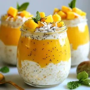 To make Mango Coconut Overnight Oats, you need the following ingredients: - 1 cup rolled oats - 1 cup coconut milk (canned or carton) - 1 ripe mango, diced - 1 tablespoon chia seeds - 2 tablespoons shredded coconut (unsweetened) - 1 tablespoon maple syrup (optional for sweetness) - 1/2 teaspoon vanilla extract - A pinch of salt - Fresh mint leaves for garnish (optional) You can customize your oats with extra toppings like nuts or seeds. Try adding berries or a drizzle of honey for a twist. Mango Coconut Overnight Oats offer a healthy start to your day. Each serving has around 300 calories. You get about 10 grams of protein, 12 grams of fat, and 45 grams of carbs. Key ingredients bring many health benefits: - Mango: Packed with vitamins A and C, mango boosts your immune system. It also has fiber, which helps digestion. - Coconut: This adds healthy fats. It can help keep your heart healthy and provide energy. - Oats: A great source of whole grains, oats can lower cholesterol. They also keep you full longer. These ingredients work together to make a tasty and healthy meal. Enjoy the flavors and the nutrition! {{ingredient_image_1}} To start, gather your ingredients. You need rolled oats, coconut milk, chia seeds, shredded coconut, and a ripe mango. In a mixing bowl, combine the rolled oats, coconut milk, chia seeds, shredded coconut, maple syrup, vanilla extract, and a pinch of salt. Stir well to mix everything evenly. This ensures all the flavors blend nicely together. Next, take your diced mango. Stir in half of the mango into the oat mixture. Set aside the other half for topping later. This adds a burst of fresh flavor! Now, it’s time to store your mixture. Divide the oats evenly into two jars or containers with lids. Seal the containers tightly. This helps keep flavors fresh. Place the jars in the refrigerator overnight or for at least four hours. This soaking time allows the oats to absorb all the delicious coconut milk. In the morning, pull the jars from the fridge. Give the oats a good stir. If you want a creamier texture, add a splash of coconut milk. Top each jar with the remaining diced mango and extra shredded coconut. For a fun touch, garnish with fresh mint leaves. This not only looks pretty but adds a refreshing flavor. Enjoy your tasty and healthy treat! For creaminess, you can adjust the coconut milk. If you want a richer taste, add more milk. If the oats feel too thick, add a splash more coconut milk in the morning. This gives a perfect creamy texture. If your oats turn out too runny, you might have added too much liquid. To fix this, add a bit more oats or chia seeds. They will soak up extra liquid and thicken the mix. To amp up the flavor, try adding spices like cinnamon or nutmeg. Just a pinch can make a big difference. Vanilla extract helps too, but you can explore almond or coconut extract for new tastes. If you like it sweeter, add more maple syrup. You can also use honey or agave syrup if you prefer. Taste the mix before you seal it up. This way, you can adjust to your liking. Pro Tips Choose Ripe Mangoes: For the best flavor, select mangoes that are slightly soft to the touch and have a sweet aroma. This ensures a juicy and flavorful addition to your oats. Customize the Sweetness: Adjust the maple syrup to your taste preference. If your mango is particularly sweet, you might not need any added sweetness at all! Experiment with Toppings: Feel free to add other toppings such as nuts, seeds, or additional fruits like berries or bananas for extra texture and flavor. Make it Vegan: This recipe is naturally vegan, but always check your coconut milk label to ensure it doesn’t contain any animal products if you’re strict about it. {{image_2}} You can make your mango coconut overnight oats even more fun! Try adding tropical fruits like pineapple or banana. These fruits add sweetness and a burst of flavor. You can also swap the coconut milk for almond milk or oat milk. This change gives a new taste while keeping it creamy. If you want a vegan option, this recipe is already perfect! All the ingredients are plant-based. If you need it gluten-free, make sure to use certified gluten-free oats. This way, you can enjoy your oats without worry. Mango coconut overnight oats stay fresh in the fridge for up to five days. Store them in sealed jars or containers. This keeps them tasty and safe. If you want to store them longer, freeze them. They can last for up to three months in the freezer. Make sure to use airtight containers. This prevents freezer burn and keeps flavors intact. You can serve mango coconut overnight oats cold or warm. If you prefer warm oats, heat them gently on the stove or in the microwave. Add a splash of coconut milk to keep them creamy. Stir well to mix in the heat. If you enjoy them cold, just grab a jar from the fridge and enjoy. The choice is yours! What can I substitute for coconut milk? You can use almond milk or oat milk. These options work well. They give a nice flavor too. If you want a thicker texture, try using Greek yogurt instead. Each choice changes the taste slightly but keeps it yummy. Can I use quick oats instead of rolled oats? Yes, you can. Quick oats will cook faster and get softer. They may change the texture a bit. If you like a creamy consistency, quick oats are a good option. However, rolled oats give more chewiness, which some people prefer. How do I make this recipe in larger batches? To make more servings, just double or triple the recipe. Use a larger bowl for mixing. Keep the same ratios for the ingredients. This method makes it easy to feed more people. Just remember to store them in separate jars. How long do overnight oats need to soak? Overnight oats need at least 4 hours to soak. Soaking them overnight gives the best results. This time lets the oats absorb the coconut milk. It also softens them for a creamy texture. Can I add protein powder to the recipe? Yes, you can add protein powder. Just mix it in with the other ingredients. Start with one scoop for a boost. This addition will make your oats more filling and nutritious. Choose a flavor that pairs well, like vanilla or coconut. Mango Coconut Overnight Oats are a tasty and healthy choice. We covered the ingredients, nutrition, and key preparation steps. You learned tips for perfect texture and flavor. Variations and storage details help you customize your oats. Remember, these oats are versatile, fitting different diets and tastes. Enjoy experimenting with flavors and textures. With this guide, you can make delicious oats daily. Start making your own today for a quick, healthy breakfast!