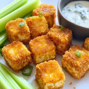 - 1 block firm tofu, pressed and cubed - 1 cup all-purpose flour - 1 teaspoon garlic powder - 1 teaspoon onion powder - 1/2 teaspoon cayenne pepper - 1/2 teaspoon paprika - Salt and pepper to taste - 1 cup unsweetened plant-based milk (e.g., almond, soy) - 1 cup panko breadcrumbs - 1/4 cup hot sauce (like Frank's RedHot) - 2 tablespoons vegan butter, melted - Fresh celery sticks and blue cheese dressing (or vegan alternative) for serving Getting the right ingredients is key for crispy buffalo tofu bites. First, you need a block of firm tofu. Press it to remove excess water. This step helps it get crispy. Next, gather all-purpose flour and spices. Garlic powder, onion powder, cayenne pepper, and paprika add great flavor. Don't forget salt and pepper to taste. For the wet part, unsweetened plant-based milk is needed. This helps the breading stick. For the crunch, panko breadcrumbs work best. They give that perfect crispiness. Finally, blend hot sauce with melted vegan butter for that classic buffalo flavor. This adds a spicy kick that makes these bites irresistible. You can serve them with fresh celery sticks and a dip, like blue cheese dressing. This combo balances the heat nicely. {{ingredient_image_1}} To start, you will need to press the tofu. This step removes excess water. Wrap the tofu in a clean towel and place something heavy on top. Let it sit for about 15 minutes. After pressing, cut the tofu into bite-sized cubes. Next, preheat your oven to 425°F (220°C). Line a large baking sheet with parchment paper. This will help the tofu not stick and make cleanup easy. Now, let's get to the fun part: the breading! In a shallow bowl, mix together the flour, garlic powder, onion powder, cayenne pepper, paprika, salt, and pepper. In another bowl, pour in the plant-based milk. This will help the coating stick. For the last bowl, add the panko breadcrumbs with a pinch of salt and pepper. Take each tofu cube and dip it into the flour mix first. Make sure it's well-coated. Next, dip it into the plant-based milk, letting the excess drip off. Finally, roll it in the panko breadcrumbs, pressing gently to make sure it sticks well. Place the coated tofu bites on the baking sheet. Make sure they are spaced out and not touching. This helps them get crispy. Bake them for 25-30 minutes. Flip them halfway through for even cooking. They should be golden brown and crispy when done. While the tofu bakes, mix the hot sauce and melted vegan butter in a large bowl. Once the tofu bites are ready, toss them in the hot sauce mixture. Make sure they are coated well. Serve the crispy tofu hot. Pair it with fresh celery sticks and blue cheese dressing for dipping. Enjoy your tasty bites! To get crispy tofu, pressing is key. Pressing removes moisture and helps the tofu absorb flavors. Wrap the tofu in a clean towel and place something heavy on top. Leave it for at least 15 minutes. Next, coat your tofu well. Start by dipping each cube in the flour mix. Make sure it’s fully covered. Then, dip it in the plant-based milk. Finally, coat it with panko breadcrumbs. Press the breadcrumbs on lightly for better sticking. When baking, space the tofu bites apart on the baking sheet. This helps them crisp up evenly. Flip them halfway through the baking time for an even crunch. Adding spices can take your tofu to the next level. Consider mixing in a little smoked paprika for a deeper flavor. You might also try adding chili powder for extra heat. For hot sauce, Frank's RedHot is a classic choice, but you can switch things up. Try sriracha for a sweet and spicy kick. Or, use a garlic-based hot sauce for added depth. Experiment and find what you like best! Pro Tips Press Your Tofu: To achieve maximum crispiness, make sure to press the tofu for at least 30 minutes to remove excess moisture. Use Panko Breadcrumbs: Panko breadcrumbs create a lighter and crunchier coating compared to regular breadcrumbs, enhancing the texture of the bites. Spice It Up: Feel free to adjust the amount of cayenne pepper or add other spices like smoked paprika for an extra kick of flavor. Serve Immediately: The tofu bites are best enjoyed fresh out of the oven while they're still hot and crispy. Serve them right away for the best experience! {{image_2}} You can change the sauce on your tofu bites. Try BBQ sauce for a sweeter kick. Or use a sriracha mix for extra heat. If you want a tangy burst, mix in some ranch. For non-vegan bites, add cheese. Use shredded cheddar or blue cheese for a rich flavor. Melted cheese on top makes these bites even better. Pair your crispy tofu bites with dips. Classic choices are ranch or blue cheese dressing. For a fresh twist, try a spicy avocado dip. It adds a creamy touch. When it comes to plating, think fun and colorful. Arrange your tofu bites on a big platter. Place celery sticks around the edges. Add a small bowl for the dipping sauce in the center. You can also sprinkle chopped herbs on top for a pop of color. Enjoy your tasty creation! To keep your crispy tofu bites fresh, store them in an airtight container. Make sure to let them cool completely before sealing. This prevents moisture from making them soggy. Place a paper towel at the bottom of the container to absorb any excess moisture. You can refrigerate them for up to three days. For reheating, use an oven or an air fryer. Preheat your oven to 375°F (190°C). Spread the tofu bites on a baking sheet. Heat for about 10-15 minutes. This helps restore their crispiness. If you want to save some for later, freezing is a great choice. First, ensure the tofu bites are completely cooled. Arrange them in a single layer on a baking sheet. Freeze them for about one hour. Once frozen, transfer them to a freezer-safe bag or container. Label it with the date. They can last up to three months in the freezer. To defrost, move them to the fridge overnight. For reheating, follow the same method as for leftovers. This will keep your tofu bites crispy and delicious! Can I make them gluten-free? Yes, you can easily make these bites gluten-free. Swap the all-purpose flour for gluten-free flour. Use gluten-free panko breadcrumbs as well. This way, you keep the crunch without the gluten. How do I make them spicier or milder? To adjust the spice level, change the cayenne pepper. For a spicier kick, add more cayenne or include hot sauce in the coating. To tone it down, reduce the cayenne or skip it entirely. You can also use a milder hot sauce for fewer heat levels. Caloric content and dietary considerations This recipe yields about 4 servings. Each serving has around 200 calories. It is high in protein from tofu and lower in carbs. You can enjoy these bites as a snack or a main dish. Allergen information and substitutions These bites are vegan, which is great for many diets. They contain soy from tofu and may have allergens from the hot sauce. If you need to avoid soy, try chickpea tofu or another firm alternative. Always check labels for allergens in your sauces and other ingredients. In this post, I shared how to make crispy buffalo tofu bites. We covered ingredients, preparation, and baking tips for perfect crunch. You learned variations, storage options, and even answered common questions. These bites are easy to make and can suit any taste. Final thoughts: Enjoy finding the right flavor for you. Experiment with sauces, and have fun serving these bites!