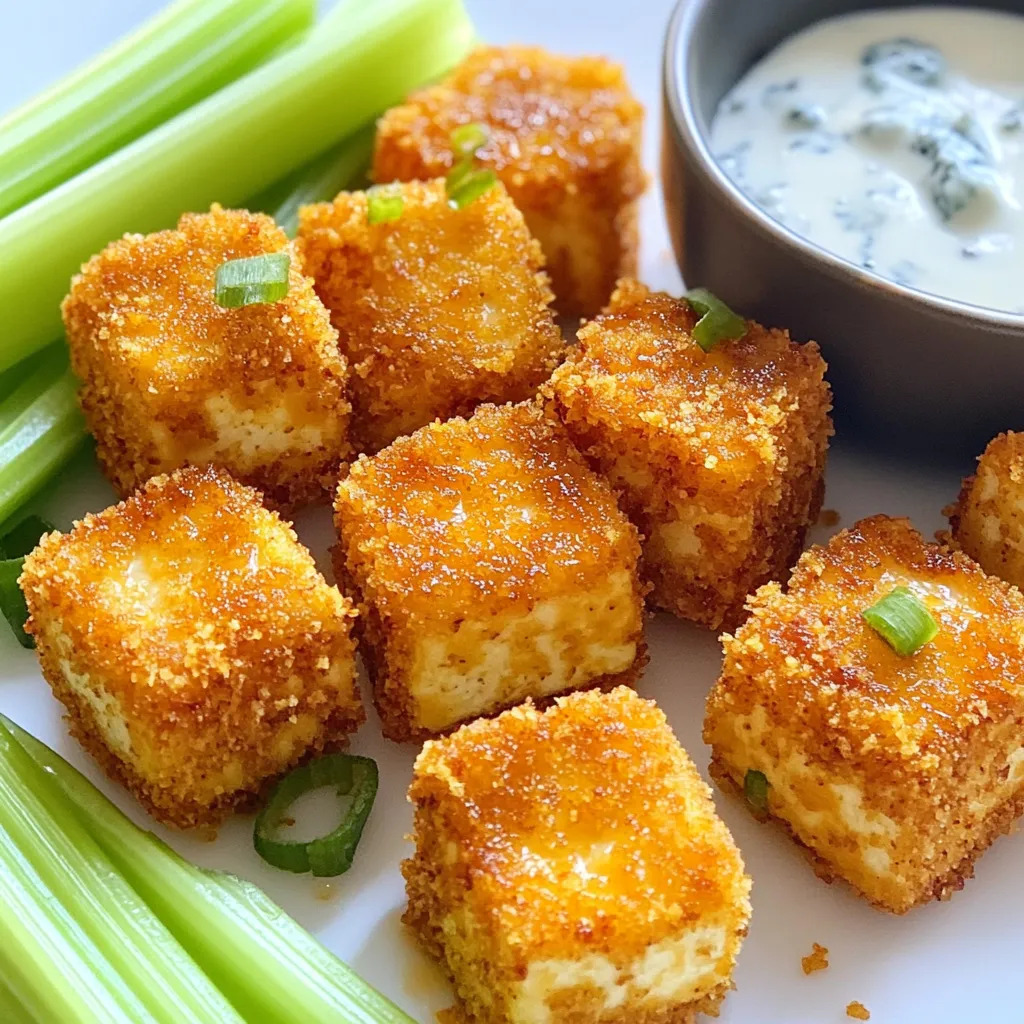 - 1 block firm tofu, pressed and cubed - 1 cup all-purpose flour - 1 teaspoon garlic powder - 1 teaspoon onion powder - 1/2 teaspoon cayenne pepper - 1/2 teaspoon paprika - Salt and pepper to taste - 1 cup unsweetened plant-based milk (e.g., almond, soy) - 1 cup panko breadcrumbs - 1/4 cup hot sauce (like Frank's RedHot) - 2 tablespoons vegan butter, melted - Fresh celery sticks and blue cheese dressing (or vegan alternative) for serving Getting the right ingredients is key for crispy buffalo tofu bites. First, you need a block of firm tofu. Press it to remove excess water. This step helps it get crispy. Next, gather all-purpose flour and spices. Garlic powder, onion powder, cayenne pepper, and paprika add great flavor. Don't forget salt and pepper to taste. For the wet part, unsweetened plant-based milk is needed. This helps the breading stick. For the crunch, panko breadcrumbs work best. They give that perfect crispiness. Finally, blend hot sauce with melted vegan butter for that classic buffalo flavor. This adds a spicy kick that makes these bites irresistible. You can serve them with fresh celery sticks and a dip, like blue cheese dressing. This combo balances the heat nicely. {{ingredient_image_1}} To start, you will need to press the tofu. This step removes excess water. Wrap the tofu in a clean towel and place something heavy on top. Let it sit for about 15 minutes. After pressing, cut the tofu into bite-sized cubes. Next, preheat your oven to 425°F (220°C). Line a large baking sheet with parchment paper. This will help the tofu not stick and make cleanup easy. Now, let's get to the fun part: the breading! In a shallow bowl, mix together the flour, garlic powder, onion powder, cayenne pepper, paprika, salt, and pepper. In another bowl, pour in the plant-based milk. This will help the coating stick. For the last bowl, add the panko breadcrumbs with a pinch of salt and pepper. Take each tofu cube and dip it into the flour mix first. Make sure it's well-coated. Next, dip it into the plant-based milk, letting the excess drip off. Finally, roll it in the panko breadcrumbs, pressing gently to make sure it sticks well. Place the coated tofu bites on the baking sheet. Make sure they are spaced out and not touching. This helps them get crispy. Bake them for 25-30 minutes. Flip them halfway through for even cooking. They should be golden brown and crispy when done. While the tofu bakes, mix the hot sauce and melted vegan butter in a large bowl. Once the tofu bites are ready, toss them in the hot sauce mixture. Make sure they are coated well. Serve the crispy tofu hot. Pair it with fresh celery sticks and blue cheese dressing for dipping. Enjoy your tasty bites! To get crispy tofu, pressing is key. Pressing removes moisture and helps the tofu absorb flavors. Wrap the tofu in a clean towel and place something heavy on top. Leave it for at least 15 minutes. Next, coat your tofu well. Start by dipping each cube in the flour mix. Make sure it’s fully covered. Then, dip it in the plant-based milk. Finally, coat it with panko breadcrumbs. Press the breadcrumbs on lightly for better sticking. When baking, space the tofu bites apart on the baking sheet. This helps them crisp up evenly. Flip them halfway through the baking time for an even crunch. Adding spices can take your tofu to the next level. Consider mixing in a little smoked paprika for a deeper flavor. You might also try adding chili powder for extra heat. For hot sauce, Frank's RedHot is a classic choice, but you can switch things up. Try sriracha for a sweet and spicy kick. Or, use a garlic-based hot sauce for added depth. Experiment and find what you like best! Pro Tips Press Your Tofu: To achieve maximum crispiness, make sure to press the tofu for at least 30 minutes to remove excess moisture. Use Panko Breadcrumbs: Panko breadcrumbs create a lighter and crunchier coating compared to regular breadcrumbs, enhancing the texture of the bites. Spice It Up: Feel free to adjust the amount of cayenne pepper or add other spices like smoked paprika for an extra kick of flavor. Serve Immediately: The tofu bites are best enjoyed fresh out of the oven while they're still hot and crispy. Serve them right away for the best experience! {{image_2}} You can change the sauce on your tofu bites. Try BBQ sauce for a sweeter kick. Or use a sriracha mix for extra heat. If you want a tangy burst, mix in some ranch. For non-vegan bites, add cheese. Use shredded cheddar or blue cheese for a rich flavor. Melted cheese on top makes these bites even better. Pair your crispy tofu bites with dips. Classic choices are ranch or blue cheese dressing. For a fresh twist, try a spicy avocado dip. It adds a creamy touch. When it comes to plating, think fun and colorful. Arrange your tofu bites on a big platter. Place celery sticks around the edges. Add a small bowl for the dipping sauce in the center. You can also sprinkle chopped herbs on top for a pop of color. Enjoy your tasty creation! To keep your crispy tofu bites fresh, store them in an airtight container. Make sure to let them cool completely before sealing. This prevents moisture from making them soggy. Place a paper towel at the bottom of the container to absorb any excess moisture. You can refrigerate them for up to three days. For reheating, use an oven or an air fryer. Preheat your oven to 375°F (190°C). Spread the tofu bites on a baking sheet. Heat for about 10-15 minutes. This helps restore their crispiness. If you want to save some for later, freezing is a great choice. First, ensure the tofu bites are completely cooled. Arrange them in a single layer on a baking sheet. Freeze them for about one hour. Once frozen, transfer them to a freezer-safe bag or container. Label it with the date. They can last up to three months in the freezer. To defrost, move them to the fridge overnight. For reheating, follow the same method as for leftovers. This will keep your tofu bites crispy and delicious! Can I make them gluten-free? Yes, you can easily make these bites gluten-free. Swap the all-purpose flour for gluten-free flour. Use gluten-free panko breadcrumbs as well. This way, you keep the crunch without the gluten. How do I make them spicier or milder? To adjust the spice level, change the cayenne pepper. For a spicier kick, add more cayenne or include hot sauce in the coating. To tone it down, reduce the cayenne or skip it entirely. You can also use a milder hot sauce for fewer heat levels. Caloric content and dietary considerations This recipe yields about 4 servings. Each serving has around 200 calories. It is high in protein from tofu and lower in carbs. You can enjoy these bites as a snack or a main dish. Allergen information and substitutions These bites are vegan, which is great for many diets. They contain soy from tofu and may have allergens from the hot sauce. If you need to avoid soy, try chickpea tofu or another firm alternative. Always check labels for allergens in your sauces and other ingredients. In this post, I shared how to make crispy buffalo tofu bites. We covered ingredients, preparation, and baking tips for perfect crunch. You learned variations, storage options, and even answered common questions. These bites are easy to make and can suit any taste. Final thoughts: Enjoy finding the right flavor for you. Experiment with sauces, and have fun serving these bites!