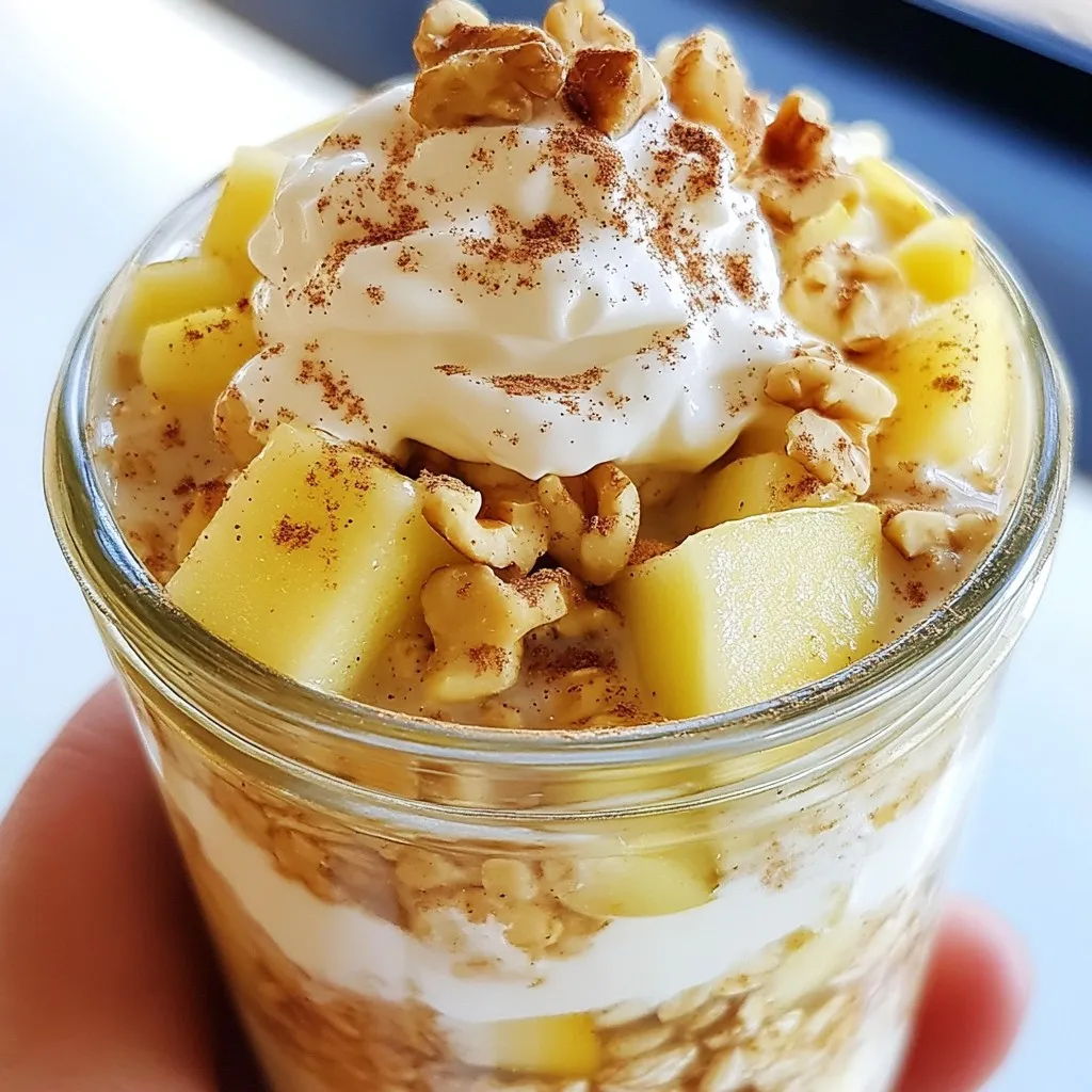 To make apple pie overnight oats, you need: - 1 cup rolled oats - 1 ¼ cups almond milk (or any milk of your choice) - 1 medium apple, diced (preferably a tart variety) - 1 tablespoon maple syrup (or honey) - 1 teaspoon ground cinnamon - ½ teaspoon nutmeg - 1 tablespoon chia seeds - ¼ cup Greek yogurt (or dairy-free yogurt) These ingredients create a creamy and flavorful base. The rolled oats soak up the milk and flavors overnight. The apple adds sweetness and crunch. Cinnamon and nutmeg give it that classic apple pie taste. You can add more flavor and texture to your oats with: - 2 tablespoons walnuts (chopped, for crunch) - 1 tablespoon raisins (for sweetness) These add-ins enhance the dish. Walnuts give a nice crunch. Raisins add a chewy texture and extra sweetness. You can mix and match based on what you like. If you want to switch the milk, try these options: - Soy milk - Oat milk - Coconut milk Each of these choices brings a unique flavor. Almond milk gives a nutty taste. Soy milk is creamy and rich. Oat milk is smooth and slightly sweet. Choose what you enjoy or what you have at home. {{ingredient_image_1}} Start by gathering your ingredients. You need rolled oats, almond milk, and chia seeds. In a medium bowl, mix together 1 cup of rolled oats and 1 ¼ cups of almond milk. Add 1 tablespoon of maple syrup for sweetness. Sprinkle in 1 teaspoon of ground cinnamon and ½ teaspoon of nutmeg for that warm, cozy flavor. Finally, stir in 1 tablespoon of chia seeds. Make sure everything blends well. Now, it’s time for the apple! Dice 1 medium tart apple into small pieces. Fold these apple pieces into your oat mixture. This step adds fresh flavor and texture. Make sure the apple is evenly spread throughout. Next, divide the mixture into two jars or containers. Fill each jar about three-quarters full. Top each jar with a dollop of Greek yogurt. You can use dairy-free yogurt if you prefer. For a nice crunch, sprinkle 2 tablespoons of chopped walnuts on top. If you like a bit more sweetness, add 1 tablespoon of raisins. Seal the jars with lids and place them in the fridge. Let them sit overnight, or for at least 5 hours. In the morning, your oats will be ready! Stir gently and enjoy them cold, or warm them in the microwave for one minute if you like. To make your Apple Pie Overnight Oats just right, focus on the oats. Use rolled oats for a creamy texture. Steel-cut oats are too chewy for this recipe. The chia seeds help thicken the mixture, adding a nice bite. The key is to let it sit overnight. This gives the oats time to soak up the milk and flavors. Making these oats ahead saves you time. Mix up your base the night before. You can even prep a few jars for the week. Store them in the fridge for up to five days. Just remember to add toppings like yogurt and nuts right before eating. This keeps them fresh and crunchy. Serving is fun with these oats. Use clear jars to show the layers. Top with a sprinkle of cinnamon for a warm touch. You can add a slice of fresh apple for extra flair. Try warming them up in the microwave for a cozy breakfast. Enjoy these oats cold or warm, depending on your mood! Pro Tips Use Tart Apples: Choose tart apple varieties like Granny Smith for a perfect balance of sweetness and acidity in your oats. Chia Seed Benefits: Chia seeds not only help thicken the mixture but also add a boost of fiber and omega-3 fatty acids. Customize Sweetness: Adjust the maple syrup or honey according to your taste preference; you can always add more sweetness in the morning if desired. Prep Ahead: Make several jars at once for a quick breakfast option throughout the week; just keep them sealed in the fridge for freshness. {{image_2}} You can switch up the fruit based on the season. In fall, use pears or cranberries. Both add a unique twist. In summer, try peaches or berries for a fresh taste. Each fruit pairs well with oats. This keeps your breakfast exciting and new. To make this recipe vegan, replace Greek yogurt with dairy-free yogurt. Almond milk works great, but try oat or coconut milk too. Maple syrup is already vegan, so you’re set there. These swaps keep the creamy texture without dairy. Want to boost the flavor? Add ginger for a warm kick. A dash of vanilla extract can make it sweeter. You could also sprinkle in some cardamom for a unique twist. More spices equal more fun in your breakfast! Store your apple pie overnight oats in the fridge. Use a sealed jar or container. They stay fresh for up to five days. This makes them perfect for meal prep. Each morning, just grab a jar and enjoy! You can freeze the overnight oats if you want to save some for later. Use freezer-safe containers. They can last for up to three months. When ready to eat, thaw them in the fridge overnight. Heat them in the microwave, if you like them warm. Keep an eye on the ingredients. Fresh fruit like apples can change flavors over time. Make your oats without apples if you plan to store them longer. Add the apples right before you eat. This keeps the oats tasting fresh and delicious! Yes, you can use steel-cut oats, but they need more time to soak. Steel-cut oats are chewier and heartier than rolled oats. If using them, soak overnight for at least 12 hours. You might need to add more liquid, too, since they absorb more than rolled oats. To make this recipe gluten-free, simply use certified gluten-free oats. Regular oats may contain gluten from cross-contamination. Always read labels to make sure. The other ingredients in this recipe are naturally gluten-free. This recipe has about 300-350 calories per serving. It also provides protein, fiber, and healthy fats. Here’s a rough breakdown per serving: - Calories: 300-350 - Protein: 10-12 grams - Carbohydrates: 50-55 grams - Fiber: 8-10 grams - Fat: 8-10 grams These numbers can vary based on the milk and add-ins you choose. Enjoy this tasty and nutritious breakfast! In this blog post, we explored how to make Apple Pie Overnight Oats. We covered key ingredients, preparation steps, and helpful tips. You learned about optional add-ins and seasonal fruit choices to enhance flavor. We also discussed storage options to keep your oats fresh. Remember, experimenting with spices and different textures can make your oats special. Use these ideas to create your perfect dish. Enjoy your food and the fun of making it!