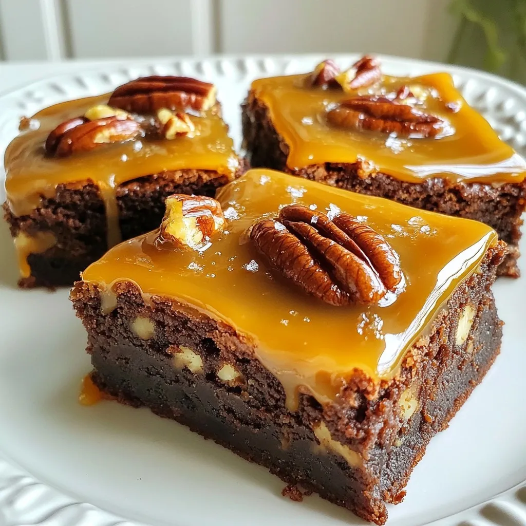 To make Caramel Pecan Turtle Brownies, gather these ingredients: - 1 cup unsalted butter (2 sticks), melted - 2 cups granulated sugar - 4 large eggs - 1 teaspoon vanilla extract - 1 cup all-purpose flour - 1/2 cup unsweetened cocoa powder - 1/2 teaspoon salt - 1 cup chocolate chips - 1 cup pecans, chopped - 1 cup caramel sauce (store-bought or homemade) - Sea salt for topping (optional) Each ingredient plays a role in making these brownies rich and tasty. The butter adds moisture, while the sugar brings sweetness. Eggs help bind everything together, and flour gives structure. Cocoa powder gives that deep chocolate flavor, and chocolate chips add melty goodness. Pecans provide a crunch, and caramel adds a sweet, sticky layer. You can swap ingredients if needed: - Butter: Use coconut oil or margarine for a dairy-free option. - Sugar: Try brown sugar for a deeper flavor or a sugar substitute for lower calories. - Pecans: Walnuts or almonds work well if you prefer different nuts. - Caramel Sauce: Homemade caramel can replace store-bought. These substitutions can change the taste but still keep the brownies delicious. Choosing the right ingredients makes a big difference: - Chocolate: Look for high-quality chocolate chips with at least 60% cocoa. This ensures a rich flavor. - Caramel: If you pick store-bought, check for natural ingredients without too many additives. - Pecans: Fresh pecans are key. Buy them whole and chop them yourself for better taste. Good quality ingredients will enhance every bite of your brownies. Enjoy the process of choosing the best! {{ingredient_image_1}} First, preheat your oven to 350°F (175°C). This step is key for even baking. Next, grease a 9x13-inch baking pan with butter or line it with parchment paper. This makes removing the brownies easy later. In a large bowl, combine melted butter and granulated sugar. Whisk them together until smooth. Next, add the eggs one at a time. Mix well after each egg. Then stir in the vanilla extract for flavor. In a separate bowl, sift together the all-purpose flour, cocoa powder, and salt. Slowly add this dry mix to the wet mix. Stir just until the two mixtures come together. Now, fold in the chocolate chips and chopped pecans. Remember to save a handful of pecans for the top. Pour half of the brownie batter into the prepared pan. Spread it evenly across the bottom. Next, drizzle half of the caramel sauce over the batter. Use a knife to swirl it gently for a marbled look. Add the rest of the brownie batter on top and spread it out. Drizzle the rest of the caramel sauce over this layer. Swirl it again to combine slightly. Finally, sprinkle the reserved pecans and a pinch of sea salt on top if you like. Bake in the preheated oven for 30 to 35 minutes. Check for doneness by inserting a toothpick into the center. It should come out with moist crumbs, not wet batter. Let the brownies cool in the pan for at least 30 minutes before cutting them into squares. To get perfect brownie texture, use room-temperature eggs. Cold eggs can make the batter too thick. Always melt the butter gently, so it stays smooth. Mix the sugar and butter well until creamy. This helps create a light texture. Bake at 350°F for even cooking. A toothpick should come out with moist crumbs, not wet batter. If your brownies puff up too much, you may need less flour next time. For the best marbled effect with caramel, drizzle it slowly. Use a spoon or squeeze bottle for control. Start with a zigzag pattern over the brownie batter. Then, take a knife and swirl gently. Do not mix too much; you want to see the caramel swirls. If you want extra flavor, heat the caramel slightly. This makes it easier to swirl and blend. Serve these brownies warm for a gooey treat. A scoop of vanilla ice cream adds a nice touch. Drizzle more caramel sauce on top to enhance the flavor. You can also sprinkle sea salt for a sweet-salty combo. Cut them into small squares for easy sharing. They are great for parties or as a special dessert at home. Pro Tips Use Room Temperature Eggs: Allow your eggs to come to room temperature for better incorporation into the batter, resulting in a smoother texture. Don’t Overmix: Mix the batter until just combined to keep your brownies fudgy and avoid a cake-like texture. Check for Doneness: Insert a toothpick into the center; it should come out with moist crumbs, indicating the brownies are perfectly baked. Cool Before Cutting: Allow the brownies to cool completely in the pan to ensure clean cuts and a better presentation. {{image_2}} If you want to change up the nuts, try using walnuts or almonds. Walnuts add a nice crunch and a rich taste. They work well with the chocolate and caramel. Almonds bring a light, sweet flavor that pairs nicely too. You can chop them or leave them whole for a fun look. Just remember to adjust the amount to keep the balance in your brownies. You can also add some extra flavor to your brownies. A dash of espresso powder can give a deep, rich taste. It enhances the chocolate flavor in a great way. You might also try using vanilla bean paste. It adds a lovely aroma and a hint of sweetness. Just mix it in with your wet ingredients for the best results. To make gluten-free brownies, swap the all-purpose flour for a gluten-free blend. Many blends work well, so pick one you like. For a dairy-free option, use vegan butter and dairy-free chocolate chips. This way, everyone can enjoy these delicious treats! Just keep an eye on the baking time, as it might vary a little. To keep your brownies fresh, store them in an airtight container. Make sure they cool completely first. You can place parchment paper between layers to avoid sticking. Store the brownies at room temperature for the best taste. If you want to freeze brownies, cut them into squares first. Wrap each square tightly in plastic wrap. Then, place the wrapped brownies in a freezer-safe bag. They can stay frozen for up to three months. To thaw, take them out and let them sit at room temperature for about an hour. When stored properly, brownies can last up to a week at room temperature. If refrigerated, they may last up to two weeks. However, cold storage can change their texture. Always check for any signs of spoilage before eating. To cut brownies well, let them cool down first. Use a sharp knife for clean cuts. Dip the knife in hot water, and dry it off for even better results. This helps prevent sticking. Cutting into squares or rectangles works best. Yes, you can make the brownie batter ahead of time. Store it in the fridge for up to 24 hours. Just cover it tightly with plastic wrap. When you are ready to bake, let it sit at room temperature for about 30 minutes. Then pour it into your pan and bake as normal. To check if brownies are done, insert a toothpick into the center. If it comes out with moist crumbs, they are ready. If wet batter sticks to the toothpick, bake longer. Remember, overbaking can make them dry, so check often after 25 minutes. Absolutely! Homemade caramel sauce adds a special touch. Just make sure it's thick enough to swirl into the batter. If it’s too runny, it may not create that lovely marbled effect. Use your favorite recipe or a simple one with sugar, cream, and butter. Caramel Pecan Turtle Brownies are a delightful treat. We covered each ingredient, including substitutions. You learned how to select high-quality items and followed step-by-step baking instructions. Tips helped you achieve the perfect brownie texture and create stunning caramel swirls. Variations allow for personalized flavors or dietary needs. Finally, you now know how to store and freeze your brownies for freshness. Enjoy making these delicious brownies and impress everyone with your skills!